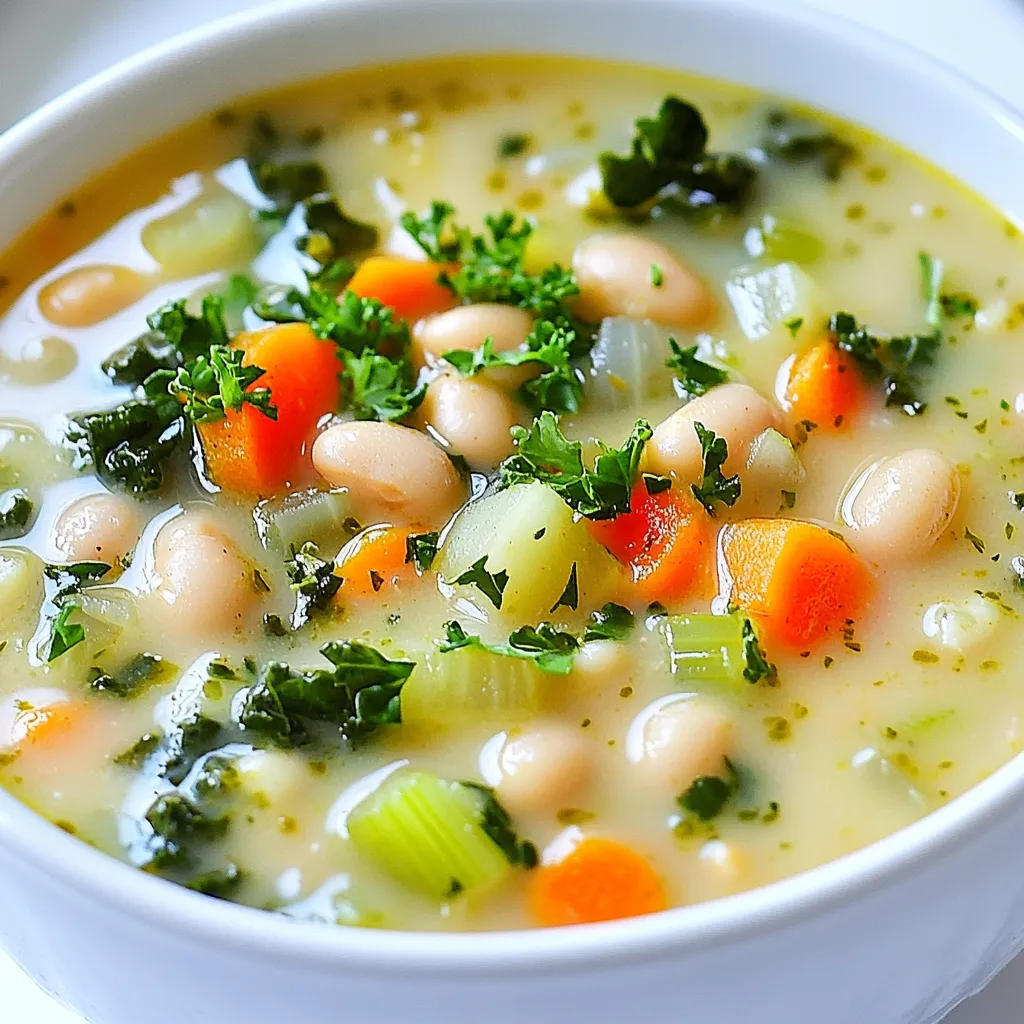 - 2 cans (15 oz each) white beans (cannellini or great northern), drained and rinsed - 1 medium onion, finely chopped - 2 carrots, diced into small cubes - 2 celery stalks, diced - 3 cloves of garlic, finely minced - 4 cups low-sodium vegetable broth - 1 cup coconut milk (or heavy cream for a richer taste) - 2 cups fresh kale, chopped into bite-sized pieces - 1 teaspoon dried thyme - 1 teaspoon dried oregano - 1 teaspoon smoked paprika - Salt and freshly ground pepper to taste - 2 tablespoons olive oil - Fresh parsley, chopped, for garnishing If you don't have white beans, you can use chickpeas or lentils. For the broth, chicken broth works too. If you want a non-dairy option, stick with coconut milk. Heavy cream gives a richer taste but adds more calories. If you can't find fresh kale, spinach works well too. This soup is high in fiber. One serving has about 200 calories. It also offers protein from the beans, vitamins from the veggies, and healthy fats from the olive oil. Each bowl is a great choice for a light lunch or dinner. With all those nutrients, you can feel good about enjoying this meal! {{ingredient_image_2}} Start by heating olive oil in a large pot over medium heat. When the oil is shimmering, add a finely chopped onion, diced carrots, and diced celery. Sauté these for about 5-7 minutes. Stir occasionally until the veggies soften and the onion looks clear. This step builds a flavorful base for our soup. Next, add minced garlic, dried thyme, dried oregano, and smoked paprika. Sauté this mix for 1-2 minutes. Keep an eye on the garlic; you don’t want it to brown. This will make the soup smell amazing. Now, add the drained white beans and low-sodium vegetable broth to the pot. Turn up the heat a bit to bring the mix to a gentle boil. Once it starts boiling, lower the heat again. Let it simmer for about 15 minutes. This allows all the flavors to blend nicely. To make the soup creamy, use an immersion blender. Blend until it reaches a smooth texture, but keep some beans and veggies for bite. If you prefer, pour half the soup into a regular blender. Blend it smooth, then return it to the pot. Now, pour in the coconut milk and add the chopped kale. Let the soup simmer for another 5 minutes. This will help the kale wilt and add its flavor to the soup. Taste your soup. Adjust the seasoning with salt and freshly ground pepper as needed. Once it tastes just right, take the pot off the heat. Ladle the soup into bowls and garnish with freshly chopped parsley. This gives a nice pop of color and freshness. For a delightful meal, serve the soup with a slice of crusty bread for dipping. You can also sprinkle extra smoked paprika on top for a beautiful finish. Enjoy! To boost flavor, use fresh herbs like thyme and oregano. They add depth and aroma. Don't skip on sautéing the garlic; it needs just a minute or two to release its oils. Also, use low-sodium broth to control salt levels. If you want more richness, swap coconut milk for heavy cream. A dash of smoked paprika gives a nice smoky kick, so add it generously. One common mistake is overcooking the garlic. It can turn bitter quickly. Make sure to add it just before the broth. Another mistake is blending too much. You want some beans and veggies for texture. Lastly, avoid skimping on seasoning. Always taste and adjust at the end. A little salt and pepper can make a big difference. You can make this soup a day ahead. It tastes even better after flavors meld overnight. Just cool it down and store it in the fridge. When ready to serve, reheat gently on the stove. If it thickens too much, add a splash of broth or water to reach your desired consistency. Pro Tips Use Fresh Herbs: Fresh thyme and oregano can enhance the flavor profile of the soup significantly compared to dried herbs. Customize Creaminess: For a lighter version, stick with coconut milk; for a rich and luxurious taste, opt for heavy cream instead. Add More Vegetables: Feel free to add other vegetables like zucchini or bell peppers to boost the nutritional value and flavor. Store Leftovers Properly: Keep any leftovers in an airtight container in the refrigerator for up to 3 days, and reheat gently on the stove. {{image_4}} You can easily make this soup vegan and dairy-free. Instead of heavy cream, use coconut milk. It adds a nice creaminess without dairy. If you want to make it richer, try using cashew cream. Blend soaked cashews with water until smooth. This keeps the soup plant-based and tasty. While cannellini or great northern beans are great, feel free to swap them. You can use navy beans or even chickpeas for a different twist. Each bean brings its own flavor and texture to the soup. Experiment and find your favorite! If you want more protein, add cooked quinoa or lentils. They blend well with the flavors. You can also toss in more vegetables like bell peppers or zucchini. Just chop them small and add them when you sauté the base. This makes the soup heartier and more colorful. To store Creamy Tuscan White Bean Soup, start by letting it cool. Once it’s at room temperature, transfer it to an airtight container. Make sure to seal it well to keep out air. You can also use freezer bags for easy storage. If using bags, remove as much air as possible before sealing. This helps prevent freezer burn. When stored properly in the fridge, this soup lasts about 3 to 5 days. If you want to keep it longer, freezing is a great option. In the freezer, it can stay good for up to 3 months. Just label your container with the date. This way, you always know when you made it. To reheat your soup, use a pot on the stove. Heat it over medium heat, stirring often. If the soup seems thick, add a splash of broth or water to thin it out. You can also use the microwave. Place the soup in a microwave-safe bowl, cover it loosely, and heat for 2-3 minutes. Stir halfway through to ensure even heating. Always check the temperature before serving. Enjoy your warm, creamy soup! Yes, you can freeze this soup. Let it cool completely first. Pour it into freezer bags. Remove excess air and seal tightly. Label the bags with the date. It will last for up to three months. When ready to eat, thaw it overnight in the fridge. Reheat it on the stove over low heat. To spice up your soup, add red pepper flakes. You can also stir in hot sauce. For more flavor, include diced jalapeños. Adjust to your taste. Start with a small amount and add more if you like it hotter. This soup pairs well with crusty bread. Serve it with a fresh salad for a full meal. You can also enjoy it with grilled cheese sandwiches. These sides add flavor and texture. They make your meal more satisfying. Coconut milk adds creaminess and a subtle sweetness. If you prefer, you can skip it. Use heavy cream for a richer taste. You can also use almond milk for a lighter option. Each choice will change the flavor slightly, so pick what you enjoy! Creamy Tuscan white bean soup is rich and tasty. We covered ingredients, tips, and storage. You saw how substitutions can fit your needs. I shared methods to make it creamy and flavorful. With variations, you can tailor this soup to your taste. Remember, proper storage keeps it fresh. Enjoy this dish with friends or family. It’s not just food; it’s a warm hug in a bowl. Try this recipe, and you will love it!