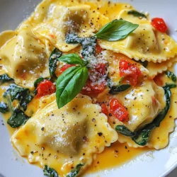 To make this dish, you need: - 12 oz fresh or frozen cheese ravioli - 2 tablespoons extra virgin olive oil - 3 cloves of garlic, finely minced - 1 can (14 oz) diced tomatoes, well-drained - 1 cup fresh spinach, roughly chopped - 1 cup heavy cream - 1/2 cup finely grated Parmesan cheese - 1 teaspoon Italian seasoning blend - Salt and freshly ground black pepper, to taste Each ingredient plays a key role in building rich flavors. The ravioli brings a comforting base. The cream adds smoothness, while the tomatoes and spinach boost freshness. You can enhance your dish with: - Fresh basil leaves - Extra grated Parmesan cheese These garnishes add a pop of color and flavor, making your plate more inviting. This recipe serves four. Each serving has: - Calories: About 500 - Protein: 20g - Carbohydrates: 50g - Fat: 25g The creamy tomato spinach ravioli is filling and flavorful. It's a balanced dish that offers comfort while providing essential nutrients. Enjoy this rich meal without guilt! {{ingredient_image_2}} - Boiling the Ravioli Start by boiling a large pot of salted water. Once it boils, add 12 oz of fresh or frozen cheese ravioli. Cook them according to the package instructions. They should be al dente when done. - Draining and Setting Aside When the ravioli are cooked, drain them in a colander. Set the ravioli aside while you make the sauce. - Sautéing the Garlic In a large skillet, heat 2 tablespoons of extra virgin olive oil over medium heat. Add 3 cloves of finely minced garlic. Sauté the garlic for about 1 minute. You want it to smell good but not brown. - Incorporating the Tomatoes and Spinach Next, add 1 can of well-drained diced tomatoes to the skillet. Stir often for 2-3 minutes. This helps the flavors blend. Then, add 1 cup of roughly chopped fresh spinach. Stir until the spinach wilts, which takes about 2 minutes. - Adding Cream and Cheese Lower the heat, and slowly pour in 1 cup of heavy cream. Stir well to mix it all together. Make sure it heats through but does not boil. Then, add 1/2 cup of finely grated Parmesan cheese, 1 teaspoon of Italian seasoning, salt, and pepper. Stir until the cheese melts and the sauce is creamy. - Gentle Folding Technique Now, gently add the cooked ravioli to the sauce. Use a soft folding motion to coat each piece well. - Final Heating Adjustments If needed, heat everything for another minute on low. This will warm the ravioli through. Serve it hot, garnished with fresh basil leaves for a lovely finish. To make the best sauce, use fresh ingredients. Start with good olive oil. Heat it slowly before adding the garlic. This step brings out the garlic's full flavor. Avoid browning the garlic, as it can taste bitter. When adding tomatoes, drain them well. This keeps the sauce from becoming too watery. Stir the mixture often to blend flavors. When adding cream, do so slowly. This helps prevent the cream from boiling. Finally, mix in Parmesan cheese until it melts. This will make the sauce rich and creamy. When cooking ravioli, always use a large pot. Fill it with salted water to help season the pasta. Wait for the water to reach a rolling boil before adding the ravioli. This helps them cook evenly. Stir them gently to prevent sticking. Cook until al dente, which means firm but not hard. After draining, do not rinse the ravioli. This keeps the starch on them, which helps the sauce stick. One common mistake is overcooking the ravioli. This can make them mushy and unappetizing. Another mistake is not draining the tomatoes well. This can lead to a watery sauce. Always taste your sauce before serving. Adjust the salt and pepper to fit your taste. Lastly, avoid adding the ravioli to the sauce too soon. They should be added just before serving to keep them from getting soggy. Pro Tips Fresh Ingredients Matter: Using fresh spinach and high-quality tomatoes can elevate the dish's flavor significantly. Perfect Timing for Ravioli: Ensure the ravioli is cooked al dente; it will finish cooking in the sauce, absorbing more flavor. Adjust Creaminess: If you prefer a lighter sauce, consider reducing the amount of heavy cream or substituting with half-and-half. Garnish Generously: A generous sprinkling of fresh basil not only enhances the look but also adds a burst of fragrance that complements the dish. {{image_4}} You can make this dish vegetarian by swapping out the cheese ravioli for vegetable-filled ravioli. Look for options like spinach and ricotta or mushroom ravioli. These will add more flavors and textures to your meal. Feel free to get creative with your ravioli fillings. Try butternut squash or lobster ravioli for a twist. Each filling brings its own unique taste and pairs well with the creamy tomato sauce. The key is to choose flavors that complement the sauce. If you want to boost the protein, add grilled chicken or shrimp. Cook these separately and toss them in just before serving. You can also use beans for a plant-based protein option. They blend well with the cream and add a nice texture. After you enjoy your creamy tomato spinach ravioli, cool it down. Place leftovers in an airtight container. Store them in the fridge. They will stay fresh for up to three days. Make sure to keep the sauce and ravioli together for best flavor. When you're ready to eat the leftovers, you can reheat them easily. Use a skillet over medium heat. Add a splash of water or broth to keep it moist. Stir gently until heated through. You can also use the microwave. Just cover the bowl and heat in short bursts, stirring in between. If you want to save some for later, freezing is a great option. Let the ravioli cool completely. Place them in a freezer-safe container or bag. They can freeze well for up to three months. To thaw, move them to the fridge overnight before reheating. Always check for quality before serving. Yes, you can use dried ravioli. Just cook it longer than fresh ravioli. Follow the package instructions for timing. Dried ravioli often takes about 10 to 12 minutes to cook. Always taste to check for doneness. You can use half-and-half or coconut cream. Both options give a creamy texture. For a lighter option, try whole milk mixed with a bit of butter. This keeps your sauce rich without too many calories. To spice it up, add red pepper flakes to the sauce. Start with just a pinch. You can also use a dash of hot sauce. Mix it in and taste until you reach your desired heat level. Yes, just use gluten-free ravioli. Many brands offer this option now. Check your local store for choices made from rice or quinoa. This way, everyone can enjoy the dish. This dish lasts about 3 to 5 days in the fridge. Store it in an airtight container for best results. Reheat it gently on the stove or in the microwave. Add a splash of water to keep it creamy. You learned about the steps to make creamy tomato spinach ravioli. We covered the key ingredients, how to prepare the ravioli, and make the sauce. Tips helped improve your dish, while variations showed you ways to mix things up. Remember to store leftovers properly for future meals. Enjoy experimenting in your kitchen with this simple, tasty recipe!