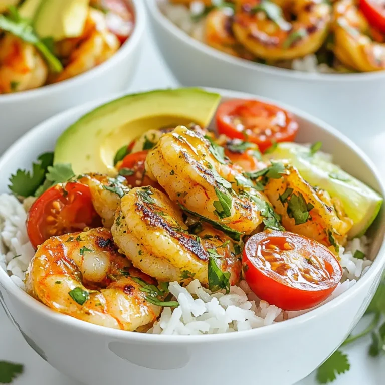 To make Coconut Lime Shrimp Bowls, gather these key ingredients: - 1 pound large shrimp, peeled and deveined - 1 cup creamy coconut milk - 2 tablespoons freshly squeezed lime juice - Zest of 1 lime - 1 tablespoon honey or maple syrup - 1 teaspoon garlic powder - 1 teaspoon ground ginger - ½ teaspoon salt - ½ teaspoon freshly ground black pepper - 2 cups cooked jasmine rice - 1 cup cherry tomatoes, halved - 1 ripe avocado, sliced into wedges - ¼ cup fresh cilantro leaves, chopped finely - Lime wedges for serving These ingredients work together to create a dish that bursts with flavor. The coconut milk gives a creamy texture. The lime juice and zest add a refreshing zing. Together, they coat the shrimp beautifully. You can enhance your bowls with these optional garnishes: - Extra lime slices for a vibrant touch - Sliced jalapeños for heat - Crushed peanuts for crunch - Additional cilantro for freshness Serving suggestions can include a colorful platter. This adds an attractive display for guests. Consider serving with a side of grilled vegetables or a light salad. This dish is not only tasty but also packed with nutrients. Here is a quick breakdown: - Calories: Approximately 450 per serving - Protein: 30 grams - Fat: 20 grams - Carbohydrates: 50 grams - Fiber: 5 grams Coconut Lime Shrimp Bowls offer a balanced meal. You get protein from shrimp and healthy fats from avocado. The rice provides a satisfying base with carbs. Enjoy this delicious and nutritious dish! {{ingredient_image_2}} Start by mixing the marinade. In a medium bowl, add: - 1 cup creamy coconut milk - 2 tablespoons freshly squeezed lime juice - Zest of 1 lime - 1 tablespoon honey or maple syrup - 1 teaspoon garlic powder - 1 teaspoon ground ginger - ½ teaspoon salt - ½ teaspoon freshly ground black pepper Whisk these ingredients together until they blend well. Next, add the shrimp. Make sure each shrimp gets coated in the marinade. Cover the bowl and let it sit for at least 15 minutes. This step allows the shrimp to soak up all the flavors. Heat a non-stick skillet over medium heat. Once hot, add the marinated shrimp in a single layer. Cook the shrimp for about 2-3 minutes on each side. They will turn pink and opaque when done. Keep an eye on them, as shrimp cook quickly. When they’re ready, remove them from the heat. Now, it’s time to build your bowls. Start with the base of jasmine rice. Place about ½ cup of cooked rice in the center of each bowl. Next, add the shrimp on top of the rice. Then, add halved cherry tomatoes and avocado slices around the shrimp. For extra flavor, drizzle any leftover marinade over the shrimp and rice. Finally, sprinkle fresh cilantro on top. Serve lime wedges on the side. These will add a zesty kick when squeezed over the dish. Enjoy your Coconut Lime Shrimp Bowls! To cook shrimp just right, start with fresh shrimp. Look for shrimp that are firm and smell clean. When cooking, use a non-stick skillet. Heat it over medium heat. Add the shrimp in a single layer. Cook them for 2-3 minutes on each side. Watch for the shrimp to turn pink and opaque. This shows they are done. Overcooking makes shrimp tough, so keep an eye on them. These bowls are great for lunch or dinner. Serve each bowl with ½ cup of jasmine rice. Top the rice with shrimp, cherry tomatoes, and avocado. For an extra kick, drizzle with the coconut-lime marinade. Offer lime wedges on the side. Guests can add lime juice to taste. This adds brightness to the dish. You can also serve these bowls with a side salad for more color and crunch. Make your Coconut Lime Shrimp Bowls look inviting! Use colorful bowls or plates. Arrange the shrimp and veggies in a neat pattern. Sprinkle chopped cilantro on top for a fresh look. Add lime slices around the dish for a pop of color. For a fun touch, use a colorful platter to serve multiple bowls. This makes a great centerpiece for your table. Pro Tips Marinate for Maximum Flavor: Allow the shrimp to marinate for at least 15 minutes, but for best results, let them sit for 30 minutes to really soak up those coconut-lime flavors. Use Fresh Ingredients: Whenever possible, use fresh lime juice and zest to enhance the vibrant flavors of the dish. Fresh ingredients make a noticeable difference! Perfectly Cooked Shrimp: Keep an eye on the shrimp while cooking; they only need about 2-3 minutes per side. Overcooking can make them tough, so remove them from heat as soon as they turn pink. Garnish for Style: Enhance the presentation by garnishing with extra cilantro and lime slices. A beautiful dish is just as enjoyable as a delicious one! {{image_4}} You can easily swap out some ingredients for new tastes. Instead of shrimp, try chicken or firm tofu. Both options soak up the coconut-lime sauce well. If you want a spicier kick, add sliced jalapeños or a dash of hot sauce. For a different flavor, use orange juice instead of lime juice. This change gives a sweet and tangy twist to the dish. To make this dish vegetarian or vegan, replace the shrimp with chickpeas or tempeh. Both options add protein and texture. Use coconut yogurt instead of coconut milk for a creamy base. You can also add vegetables like zucchini or bell peppers for more color and taste. Just sauté them before adding to the bowl. You can adapt this recipe with seasonal fruits and veggies. In summer, add fresh corn or mango for sweetness. In fall, consider butternut squash for a warm flavor. Using seasonal produce not only enhances taste but also supports local farmers. Keep your dish fresh and lively by using what’s in season. After you enjoy your Coconut Lime Shrimp Bowls, store leftovers in airtight containers. This keeps the shrimp, rice, and toppings fresh. Make sure to let everything cool to room temperature first. Then, seal the containers tightly. You can keep them in the fridge for up to three days. To reheat your shrimp bowls, use a microwave or a skillet. If you use the microwave, heat in short bursts. Start with one minute, then check and stir. If you choose a skillet, add a splash of water to keep them moist. Heat on low until warm, stirring occasionally. This helps maintain the shrimp's texture and flavor. If you want to save your shrimp bowls for later, freezing is a great option. First, separate the shrimp from the rice and toppings. Place shrimp in a freezer-safe bag, removing as much air as possible. Store cooked rice in a different bag. You can freeze both for up to two months. When you're ready to eat, thaw them overnight in the fridge, then reheat as mentioned above. This way, you’ll enjoy the flavors again, just as good! Yes, you can use frozen shrimp. Just thaw them first. Place the frozen shrimp in cold water for about 20 minutes. This method helps keep them firm and tasty. After thawing, peel and devein them if needed. If you don't have coconut milk, use almond milk or soy milk. Both options work well but can change the flavor. You can also use heavy cream for a richer taste. Adding a bit of shredded coconut can help mimic the coconut flavor. Shrimp cook quickly and change color when done. Look for a pink and opaque appearance. The shrimp should also curl slightly. If you see these signs, they are ready to eat. Yes, you can make parts ahead of time. Marinate the shrimp a few hours before cooking. Cooked shrimp can last in the fridge for about two days. Just reheat gently before serving to keep them tender. Pair these bowls with a fresh salad or grilled vegetables. A light mango salsa adds a nice touch too. You can also serve it with tortilla chips for a fun crunch. Enjoy! Coconut Lime Shrimp Bowls blend fresh shrimp, vibrant flavors, and easy steps. You learned about marinating, cooking, and serving this dish beautifully. Tips for presentation and storage help you enjoy leftovers too. Variations let you switch ingredients and dietary needs. Remember, this dish is fun to make and share. Dive into your kitchen, get creative, and savor every bite!