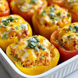 - 4 large bell peppers (choose red, yellow, green, or orange) - 2 cups shredded cooked chicken (use store-bought rotisserie chicken) - ½ cup buffalo sauce (adjust for heat preference) - 1 cup cream cheese, softened - 1 cup shredded cheddar cheese (divided) - ½ cup blue cheese crumbles (optional) - 1 cup diced celery (for crunch) - 1 teaspoon garlic powder - 1 teaspoon onion powder - Salt and pepper, to taste - Fresh parsley or sliced green onions, for garnish You can add extra ingredients to make this dish your own. Consider: - Diced jalapeños for more heat - Corn for sweetness and texture - Cooked quinoa for added fiber - A splash of ranch dressing for extra creaminess You can swap some ingredients if needed. Here are a few ideas: - Use ground chicken or turkey instead of shredded chicken. - Swap cream cheese for Greek yogurt for a lighter option. - Try pepper jack cheese instead of cheddar for a spicy kick. - Use a different sauce, like barbecue sauce, for a new flavor twist. {{ingredient_image_2}} Start by preheating your oven to 375°F (190°C). This step is key. It helps cook the peppers evenly and brings out the flavors. Next, take four large bell peppers. You can choose red, yellow, green, or orange. Cut the tops off and remove the seeds. Make sure to place them upright in a baking dish. This keeps them stable while cooking. In a large bowl, mix the filling. Use 2 cups of shredded cooked chicken. Add ½ cup of buffalo sauce for heat. Then, include 1 cup of softened cream cheese. Mix in half of the shredded cheddar cheese, 1 cup of diced celery, 1 teaspoon of garlic powder, and 1 teaspoon of onion powder. Season with salt and pepper. Stir well until it’s smooth. Now it’s time to stuff the peppers. Take a spoon and fill each pepper with the buffalo chicken mixture. Press down gently to pack it in. This helps the flavors blend better during cooking. Sprinkle the remaining cheddar cheese on top of each stuffed pepper. If you like blue cheese, add it now for extra flavor. It gives a nice tang that pairs well with the buffalo sauce. Cover the dish with aluminum foil to trap steam. Place it in the preheated oven. Bake for 25 minutes to let the peppers soften. After that, remove the foil. Bake for another 10-15 minutes until the cheese is melted and slightly golden. The peppers should be tender and full of flavor. Pick large bell peppers for stuffing. Colors can vary: red, yellow, green, or orange. Each has a unique taste. Red peppers are sweeter, while green ones are more bitter. Choose the color you love most. Make sure the peppers are firm and have no blemishes. This helps them hold the filling well. Buffalo sauce can be spicy. Adjust it to your taste. If you like mild flavors, use less sauce. Add more cream cheese to balance the heat. For more kick, use extra buffalo sauce. You can also mix in hot sauce for a spicier filling. Remember, you control the heat in your dish! To get a creamy texture, use softened cream cheese. This helps it blend smoothly with the chicken and sauce. Mix all the filling ingredients well, so every bite is flavorful. If the filling feels too thick, add a splash of milk or broth. This will help keep it creamy. Pro Tips Choose Your Peppers Wisely: Select bell peppers that are firm and vibrant in color for the best flavor and presentation. Customize the Heat: Adjust the amount of buffalo sauce based on your heat preference; start with less and add more if desired. Pack the Filling: When stuffing the peppers, ensure the filling is packed tightly to maximize flavor and prevent it from spilling out while baking. Garnish for Freshness: Adding fresh herbs like parsley or green onions not only enhances the flavor but also brightens up the dish for serving. {{image_4}} You can switch up the protein in this dish. Try ground turkey or beef for a heartier meal. These meats blend well with the spicy buffalo sauce. You can also use shredded pork for a smoky flavor. If you want a lighter option, consider using shredded tofu or tempeh. These choices keep the dish flavorful, while offering new tastes. If you prefer a vegetarian meal, there are many ways to make this dish. Replace the chicken with a mix of black beans and corn. This adds a nice protein punch. You could also use quinoa for a healthy grain option. Don’t forget to add extra veggies like diced zucchini or mushrooms for more texture. Cream cheese can still play a big role in keeping the filling creamy and delicious. Want to jazz up your buffalo chicken stuffed peppers? Add diced jalapeños for extra heat. Chopped green onions can add a fresh crunch. You could also mix in some diced carrots for sweetness. If you enjoy a tangy flavor, consider adding a splash of ranch dressing to the filling. These simple add-ins can turn a great dish into something special. To store your leftover buffalo chicken stuffed peppers, let them cool first. Place them in an airtight container. They will stay fresh in the fridge for up to three days. If you want to enjoy them later, make sure to store them separately from any sauce. You can also freeze buffalo chicken stuffed peppers. Wrap each pepper tightly in plastic wrap. Then, place them in a freezer-safe bag or container. They can last in the freezer for up to three months. When you are ready to eat, thaw them overnight in the fridge. Reheat your stuffed peppers in the oven for the best results. Preheat your oven to 350°F (175°C). Place the peppers in a baking dish and cover with foil. Heat for about 20 minutes or until warmed through. You can also use the microwave if you are in a hurry. Just heat them for about 2-3 minutes, checking for warmth. Enjoy your meal! No, I do not recommend using uncooked chicken. It may not cook evenly, and it could lead to food safety issues. Always use cooked chicken, like rotisserie chicken, for best results. This makes the dish quick and safe to prepare. These stuffed peppers pair well with many sides. Consider serving them with a fresh salad, crispy potato wedges, or a bowl of ranch dressing. You can also add some rice or quinoa for a complete meal. These options balance the spicy flavors. Stuffed peppers last about 3 to 5 days in the fridge. Make sure to store them in an airtight container. This keeps them fresh and ready to enjoy later. Always check for any signs of spoilage before eating. Yes, you can prepare the stuffed peppers ahead of time. Mix the filling and stuff the peppers a day before. Cover and store them in the fridge until you're ready to bake. This saves time and makes dinner easy. If you don’t have buffalo sauce, try using hot sauce mixed with melted butter. This creates a similar flavor. You can also mix in some barbecue sauce for a sweeter twist. Adjust the amount to fit your heat preference. Buffalo chicken stuffed peppers deliver a tasty and fun meal. We covered key ingredients, cooking steps, and helpful tips for perfecting your dish. You can use different proteins or spice up the flavor to fit your taste. Storing and reheating leftovers is easy, too. Enjoy experimenting with this recipe! You will impress your family and friends with your skills.