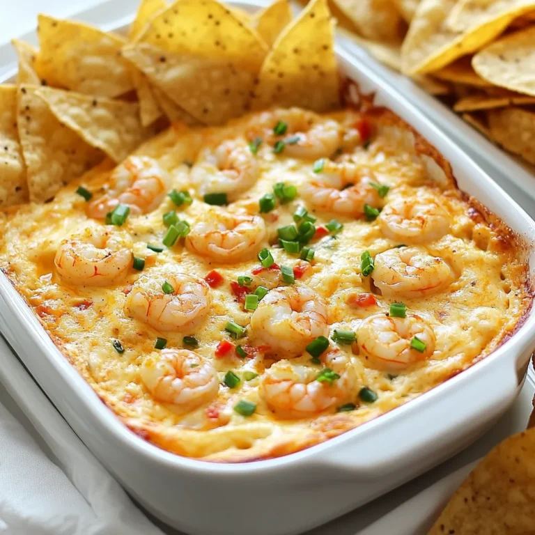 - 1 lb (450g) shrimp, peeled and deveined - 1 cup (240g) cream cheese, softened - 1/2 cup (120g) sour cream The main ingredients in this dip create a rich, creamy base. The shrimp gives a nice seafood flavor. Cream cheese adds a smooth texture, while sour cream brings a slight tang. - 1/2 cup (120g) mayonnaise - 1 cup (100g) shredded Monterey Jack cheese, divided - 2 tablespoons Cajun seasoning Mayonnaise adds extra creaminess and richness. Shredded Monterey Jack cheese melts beautifully and gives great flavor. Cajun seasoning provides that signature spice that makes this dip pop. - 2 green onions, sliced thinly (keep white and green parts separate) - 1/2 red bell pepper, finely chopped - Tortilla chips or sliced baguette Garnishes like green onions and red bell pepper add color and freshness. Serve with tortilla chips or sliced baguette for a delightful crunch. These choices make the dip fun to enjoy and easy to share. {{ingredient_image_2}} - Start by heating 1 tablespoon of olive oil in a medium skillet over medium heat. - Once the oil shines, add 1 clove of minced garlic. Sauté for about 1 minute. The garlic should smell good but not brown. - Next, add 1 pound of peeled and deveined shrimp to the skillet. Sprinkle half of the Cajun seasoning over them. - Cook the shrimp for 3 to 4 minutes. Stir often until the shrimp turn pink and look opaque. - Once done, take them off the heat and let them cool a bit. Then, chop the shrimp into small pieces. - In a large mixing bowl, combine 1 cup of softened cream cheese, 1/2 cup of sour cream, and 1/2 cup of mayonnaise. - Use a hand mixer or a sturdy spatula to blend these until they are smooth and creamy. This base will make your dip rich and flavorful. - Add the chopped shrimp, 1/2 of a finely chopped red bell pepper, and the sliced white parts of 2 green onions to the creamy mix. - Don't forget to add the rest of the Cajun seasoning, the juice of 1/2 a lemon, and half of the shredded Monterey Jack cheese. - Stir everything well so all the flavors mix. Season with salt and freshly ground pepper to taste. - Now, transfer the creamy shrimp mixture into a baking dish and smooth it out evenly. - Sprinkle the remaining shredded Monterey Jack cheese on top. This will give your dip a cheesy finish. - Preheat your oven to 350°F (175°C). Bake the dip for 20 to 25 minutes. It’s done when the cheese is bubbly and golden brown. - After baking, let it cool a bit before serving. Enjoy your creamy Cajun shrimp dip with tortilla chips or baguette slices! To get the best taste, adjust the Cajun seasoning based on your preference. Start with two tablespoons. Taste and add more if you want extra kick. Fresh ingredients make a big difference too. Use fresh shrimp, herbs, and veggies for the best flavor. Make sure your cream cheese is at room temperature. This helps it mix better. If it’s too cold, the dip will be lumpy. Mix everything thoroughly. A smooth, creamy texture is what you want for this dip. Serve the dip warm for the best taste. It’s gooey and delicious right out of the oven. For a fun touch, use a variety of dippers. Tortilla chips or sliced baguette work great. You can even add some veggie sticks for crunch! Pro Tips Fresh Shrimp is Best: For the most flavorful dip, use fresh shrimp rather than frozen. If using frozen shrimp, make sure to thaw them completely and pat them dry to avoid excess moisture in the dip. Customize Your Heat: Adjust the amount of Cajun seasoning based on your spice preference. Start with less if you're sensitive to heat, and add more to taste. Mix and Match Cheeses: Feel free to experiment with different cheeses such as pepper jack or cheddar for added flavor. Combining cheeses can give the dip a unique twist! Don’t Skip the Garnish: A sprinkle of fresh herbs or additional green onions on top not only enhances the visual appeal but also adds a pop of freshness to every bite. {{image_4}} To spice things up, add diced jalapeños. This gives the dip a nice kick. If you love heat, this will make your taste buds dance. Simply mix the jalapeños in with the shrimp and creamy base. You can adjust the amount based on your heat preference. This twist adds a fun layer of flavor. If you want a meat-free option, try substituting shrimp with black beans or artichokes. Black beans give a hearty texture, while artichokes bring a unique taste. Both options work well with the creamy mix. Just chop them up and fold them in. This makes the dip suitable for everyone at your table. Experimenting with cheeses can change the dip's flavor. Try using different kinds like cheddar or pepper jack. Cheddar adds a sharpness, and pepper jack provides extra spice. Mix any of these cheeses into your dip for a new taste. You can even combine them for a rich and complex flavor. To store leftovers, put the dip in an airtight container. This keeps it fresh. Place it in the fridge. It will last for about 3 to 4 days. To reheat, use either the oven or microwave. If using the oven, set it to 350°F (175°C). Bake until hot and bubbly, about 15 minutes. For the microwave, heat in short bursts. Stir in between to avoid hot spots. You can freeze this dip before or after baking. If freezing before baking, cover it well with plastic wrap. This way, it stays fresh. To bake from frozen, add extra time in the oven. If you freeze it after baking, let it cool first. Thaw overnight in the fridge before reheating. Yes, you can prepare this dip ahead of time. Just mix all the ingredients and place them in a baking dish. Cover it and refrigerate before baking. This makes it easy for parties or gatherings. You can serve this dip with tortilla chips, sliced baguette, or vegetable sticks. All these options add a nice crunch and pair well with the creamy dip. To make the dip less spicy, simply reduce the amount of Cajun seasoning. You can adjust it to suit your taste. Start with a small amount and taste as you go. Yes, this dip is gluten-free. All the ingredients used can be gluten-free. Just make sure to check the labels on your products to be sure. You now have a complete guide to making a tasty Cajun shrimp dip. Start with fresh shrimp, cream cheese, and spices to create a creamy base. Remember to adjust the heat and mix well for the best flavor. Serve it warm with delicious dippers like tortilla chips or sliced baguette. Feel free to try different cheeses and variations for added fun. Enjoy this easy and satisfying dip at your next gathering! It’s sure to be a hit.