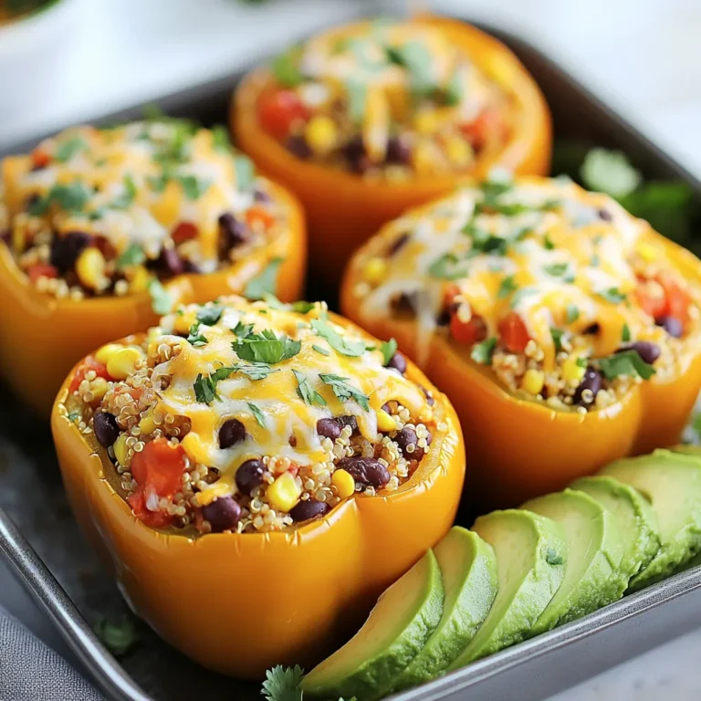 - 4 large bell peppers (any color) - 1 cup quinoa, rinsed - 2 cups vegetable broth - 1 can (15 oz) black beans, drained and rinsed - 1 cup corn (frozen or canned) - 1 cup diced tomatoes (canned or fresh) - Spices and seasonings: - 1 teaspoon cumin - 1 teaspoon chili powder - ½ teaspoon smoked paprika - ½ teaspoon garlic powder - 1 cup shredded cheddar cheese (or dairy-free alternative) - Fresh cilantro for garnish - Slices of avocado for serving When I make Tex-Mex quinoa stuffed peppers, I start with vibrant bell peppers. You can choose any color you like. I enjoy the mix of reds, yellows, and greens for a colorful dish. The peppers hold the filling well and look beautiful on the plate. Next, I rinse the quinoa carefully. This step is crucial. Rinsing removes the bitter coating on the grains. I then cook the quinoa in vegetable broth. The broth adds flavor and depth. It makes the quinoa fluffy and tasty. Black beans provide protein and fiber. They also add a nice texture. I prefer canned beans for convenience. Just drain and rinse them before adding to the mix. Corn brings sweetness and color. You can use frozen or canned corn. I often keep both on hand for recipes like this. Diced tomatoes add moisture. They can be fresh or canned, depending on what’s available. For the spices, I use cumin, chili powder, smoked paprika, and garlic powder. These flavors create that classic Tex-Mex taste. You can adjust the amounts to fit your taste. If you want a creamy touch, consider adding cheese. I like to use shredded cheddar. You can also use a dairy-free option if you prefer. Finally, fresh cilantro is a must for garnish. It adds brightness and freshness. Avocado slices on the side complete the dish. They add creaminess and a rich flavor. With these ingredients ready, you are set to make a delicious meal that is both flavorful and healthy. {{ingredient_image_2}} - Preheat the oven to 375°F (190°C). - In a medium pot, combine 1 cup of rinsed quinoa with 2 cups of vegetable broth. Bring it to a boil. Cooking quinoa right is key. Boiling it in broth adds great flavor. Once it boils, lower the heat, cover, and let it simmer for about 15 minutes. This makes the quinoa fluffy. After cooking, let it sit for 5 minutes off the heat. - Cut the tops off the bell peppers and remove the seeds. - Place the peppers upright in a baking dish. Choosing colorful peppers makes the dish more fun. I like using red, yellow, and green. The colors brighten up your plate. Make sure to remove all the seeds, as they can be bitter. - In a large bowl, combine the cooked quinoa with 1 can of black beans (drained and rinsed), 1 cup of corn, 1 cup of diced tomatoes, spices, and half of the cheese. The filling is where the magic happens! I use cumin, chili powder, smoked paprika, and garlic powder for flavor. Mix them well with the quinoa. It should have a nice blend of colors and textures. Add salt and pepper to taste. - Spoon the quinoa mixture into the hollowed peppers. - Top with the remaining cheese and cover with aluminum foil before baking. Fill each pepper generously. Press down lightly to fit more filling. Once filled, sprinkle the rest of the cheese on top. Cover the dish with foil to keep the peppers moist during baking. - Remove the foil and bake until the cheese is bubbly. - After baking, let the peppers cool for a few minutes. Garnish with cilantro and serve with avocado slices. Baking with the foil on for 25 minutes helps steam the peppers. Then, remove the foil and bake for another 10-15 minutes. Look for bubbly, melted cheese on top—that's the sign they're ready! To make fluffy quinoa, rinse it well under cold water. This step removes bitterness and helps create a light texture. After cooking, let the quinoa rest for five minutes. This allows it to steam and become even fluffier. You can easily adjust the spice level to match your taste. If you like it spicy, add more chili powder to the mix. Start with a little and taste as you go. This way, you create a dish that suits your heat preference perfectly. When serving the stuffed peppers, use a large plate. Arrange the peppers neatly for a colorful display. Add fresh herbs like cilantro on top for a pop of color. If you have avocado slices, place them beside the peppers. This not only looks great but also adds fresh flavor. Pro Tips Choose Colorful Peppers: Using a variety of colored peppers not only enhances the visual appeal of the dish but also adds different flavors and nutrients. Rinse Quinoa Well: Make sure to rinse the quinoa thoroughly before cooking to remove its natural coating, called saponin, which can impart a bitter taste. Customize Your Fillings: Feel free to add other ingredients like diced zucchini, corn, or even cooked ground meat for extra protein and flavor. Serve with a Side: Pair your stuffed peppers with a fresh salad or a side of guacamole to complement the flavors and add freshness to the meal. {{image_4}} For a vegetarian or vegan version, you can make a simple swap. Instead of cheese, use nutritional yeast. It adds a cheesy flavor without dairy. You can also boost the filling by adding more veggies. Try zucchini, mushrooms, or spinach. These will give extra flavor and nutrition to your dish. You can enhance the protein in your stuffed peppers easily. Add cooked chicken or turkey to the quinoa mix. This will make the dish heartier and more filling. If you prefer a vegetarian option, try adding tofu. It absorbs flavors well and gives a good protein boost. To keep things exciting, experiment with different spices. Try adding taco seasoning for a kick or smoked paprika for depth. You can also switch up the beans or grains. Use pinto beans or farro instead of black beans and quinoa. Each choice will change the flavor profile, making your stuffed peppers unique. To keep your stuffed peppers fresh, store them in airtight containers. Place them in the fridge. They will stay good for up to four days. Make sure to let them cool before sealing. This helps keep the flavors intact. You can reheat stuffed peppers in two ways: the oven or microwave. For the oven, set it to 350°F (175°C). Place the peppers in a baking dish, cover them with foil, and heat for about 20 minutes. This method keeps them moist. If you use the microwave, place the peppers on a microwave-safe plate. Heat for 2 to 3 minutes. Check if they are hot enough before serving. If you want to save some for later, freezing works well. First, let the stuffed peppers cool completely. Then, wrap each pepper in plastic wrap. Place them in a freezer bag or container. They can freeze for up to three months. To eat, thaw them overnight in the fridge. Then, reheat as mentioned above. Enjoy your tasty meal anytime! Bake stuffed peppers at 375°F (190°C). Cover them with foil for the first 25 minutes. After that, remove the foil and bake for an additional 10-15 minutes. This helps the cheese melt and bubble perfectly. Yes, you can use other grains. Brown rice, farro, or barley are great options. These grains add different textures and flavors. Just ensure they are cooked before mixing them with other ingredients. Stuffed peppers are healthy! They are low in calories and high in nutrients. Here’s a quick breakdown: - Bell Peppers: Rich in vitamins A and C. They boost your immune system. - Quinoa: A complete protein with all nine essential amino acids. - Black Beans: Packed with fiber, they help digestion and keep you full. - Corn and Tomatoes: Provide vitamins and antioxidants. You can pair these stuffed peppers with various sides. Here are some tasty options: - Mexican Rice: A classic side that complements the flavors. - Guacamole: Adds creaminess and enhances the dish. - Salsa: Fresh salsa adds a nice kick and freshness. - Salad: A light salad can balance the meal nicely. This blog post guides you through making delicious Tex-Mex quinoa stuffed peppers. We covered main and optional ingredients, easy step-by-step instructions, and helpful tips. You learned how to customize flavors and store leftovers. These stuffed peppers pack nutrients and taste into each bite. They are simple to make, fun to customize, and great for any meal. Try them today and enjoy the joy of cooking with fresh ingredients!