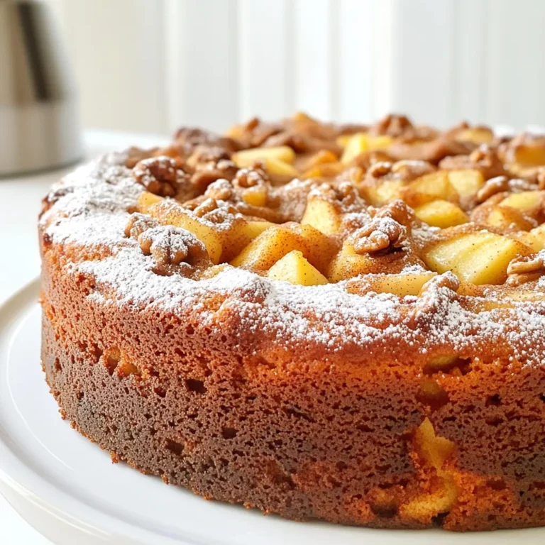 For a delicious Brown Butter Apple Spice Cake, gather these ingredients: - 1 cup (2 sticks) unsalted butter, browned - 1 1/2 cups all-purpose flour - 1 teaspoon baking powder - 1/2 teaspoon baking soda - 1 teaspoon ground cinnamon - 1/2 teaspoon ground nutmeg - 1/4 teaspoon ground ginger - 1/4 teaspoon salt - 1 cup packed brown sugar - 2 large eggs - 1 teaspoon vanilla extract - 2 medium apples, peeled, cored, and diced (preferably Granny Smith or Honeycrisp) - 1/2 cup chopped walnuts (optional) - Powdered sugar for dusting These ingredients ensure a rich flavor and moist texture. The apples add a nice sweetness and crunch. You can make a few changes based on what you have: - Use coconut oil instead of butter for a dairy-free option. - Replace walnuts with pecans or leave them out entirely. - Swap brown sugar for white sugar if needed. - Add raisins or cranberries for extra flavor and texture. These swaps can help match your taste and dietary needs. Quality ingredients make a big difference in taste. Fresh apples give the best flavor and texture. Unsalted butter allows you to control the salt level. Using good-quality spices enhances the cake's overall taste. Always check the freshness of your baking powder and soda. This helps the cake rise properly and stay fluffy. When you use high-quality ingredients, you create a cake that everyone will love. Start by gathering your tools. You need a 9-inch round cake pan, medium saucepan, and mixing bowls. Grease the cake pan with butter and dust it with flour. This helps the cake release easily later. Set your oven to 350°F (175°C) to preheat. While it warms up, you can prepare the rest. In a medium saucepan, place your unsalted butter. Heat it over medium heat. Stir it often to prevent burning. Watch for the color change. After about 5-7 minutes, it will turn a golden brown. You’ll know it’s ready when it smells nutty and delicious. Remove the pan from the heat and let the butter cool for a few minutes. In a large mixing bowl, whisk together the flour, baking powder, baking soda, cinnamon, nutmeg, ginger, and salt. This step ensures even flavor. Set this bowl aside. In a separate bowl, mix the browned butter and packed brown sugar. Stir well until it’s smooth. Add the eggs one by one, mixing thoroughly. Finally, stir in the vanilla extract. Now, combine the dry mix with the wet mix. Add it slowly and mix gently. Be careful not to overmix. Fold in the diced apples and optional walnuts. This adds great texture and flavor to your cake. To make the best brown butter, use unsalted butter. Heat it in a medium saucepan over medium heat. Stir constantly to avoid burning. Watch for the color change; it should turn golden brown. You will smell a nutty aroma when it's ready. Remove it from heat and let it cool a bit. This step adds depth to your cake’s flavor. Overmixing the batter can lead to a dense cake. Mix just until the ingredients combine. Also, do not skip sifting the dry ingredients. This helps to avoid lumps and ensures even rising. Make sure your oven is preheated. A cold oven can cause uneven baking. Lastly, check your cake with a toothpick. If it comes out clean, your cake is done! For added flavor, try using different spices such as allspice or cloves. You can also add a splash of apple cider for a fruity twist. Consider folding in raisins or cranberries for extra texture. To make it creamier, serve with whipped cream or vanilla ice cream. Adding a sprinkle of cinnamon on top can elevate its taste beautifully. {{image_4}} You can easily adjust this cake for different diets. If you're dairy-free, use plant-based butter instead of unsalted butter. For a gluten-free option, replace all-purpose flour with a gluten-free blend. You can also use applesauce instead of eggs for a vegan version. Just make sure to check ingredient labels for any hidden allergens. Want to mix things up? Add different spices! A pinch of cardamom can give a warm twist. Try adding a splash of almond extract for a nutty flavor. If you love citrus, fold in some orange zest. Each change can bring a new layer of taste to the cake. You don’t have to stick with a single cake! You can make mini cakes or cupcakes instead. Just adjust the baking time. Mini cakes usually take about 20-25 minutes, while cupcakes bake in about 18-20 minutes. This way, you can share the delight with friends or enjoy a single-serving treat. Store your Brown Butter Apple Spice Cake in an airtight container. This helps keep it moist and fresh. If you have leftover cake, let it cool completely before wrapping it. Use plastic wrap or aluminum foil to cover it tightly. Always keep the cake in a cool, dry place away from sunlight. The cake lasts about four to five days at room temperature. If you want to keep it longer, freezing is a great option. Wrap the cake tightly in plastic wrap, then place it in a freezer bag. This helps prevent freezer burn. When stored this way, the cake can last up to three months in the freezer. To refresh your cake, start by taking it out of the freezer. Let it thaw in the fridge overnight or at room temperature for a few hours. If the cake feels a bit dry, warm it in the oven at 350°F (175°C) for about 10 minutes. This will bring back its soft texture. You can also add a dusting of powdered sugar or a drizzle of glaze for extra flavor. The best apples for this cake are Granny Smith or Honeycrisp. Granny Smith apples add a tangy flavor that balances the sweetness of the brown sugar. Honeycrisp apples offer a nice crunch and sweetness. Both types keep their shape well during baking, which is key for texture. Yes, you can make this cake ahead of time. It stays fresh for several days when stored properly. After baking, let the cake cool completely. Wrap it tightly in plastic wrap or store it in an airtight container. This helps keep it moist and delicious. The cake is done when a toothpick inserted in the center comes out clean. It should also spring back when lightly pressed. If the top is golden brown and the edges pull away from the pan, that’s a good sign too. Make sure not to open the oven door too early, as this may cause the cake to sink. This blog post explored making a Brown Butter Apple Spice Cake, focusing on ingredients and methods. Quality ingredients ensure the best flavor, while clear steps guide the baking process. I shared tips to avoid common mistakes and enhance the cake’s taste. Consider variations for dietary needs or flavors. Lastly, proper storage keeps your cake fresh. Enjoy baking this cake and experiment with its many possibilities!