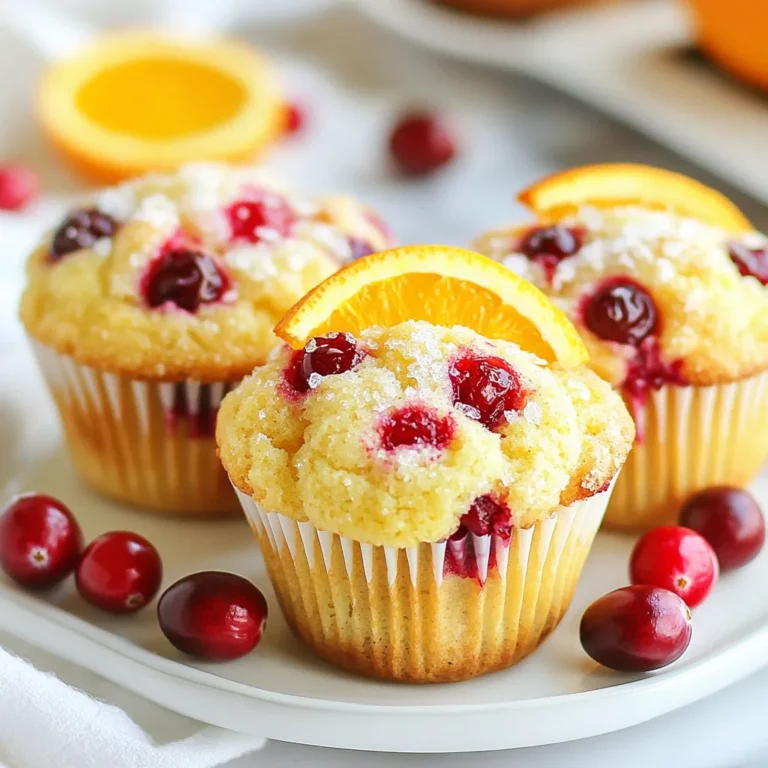 - 1 cup fresh cranberries, finely chopped - Zest and juice of 1 medium orange - 1 ½ cups all-purpose flour - ½ cup granulated sugar - ½ cup packed brown sugar - 1 tablespoon baking powder - ½ teaspoon baking soda - ¼ teaspoon salt - 1 large egg, at room temperature - ½ cup vegetable oil - ¾ cup buttermilk (or ¾ cup milk with 1 tablespoon vinegar added) - 1 teaspoon pure vanilla extract Fresh cranberries bring a tart burst of flavor. They add a vibrant pop of color to the muffins. The zest and juice of the orange enhance the muffins' bright taste. These two ingredients create a perfect balance of sweet and tart. All-purpose flour gives structure to the muffins, making them rise nicely. Granulated sugar and brown sugar both sweeten the batter. Brown sugar adds a hint of caramel flavor. Baking powder and baking soda help the muffins rise and become fluffy. Salt brings out the flavors, while the egg binds the ingredients together. Vegetable oil keeps the muffins moist, and buttermilk adds tenderness. Lastly, vanilla extract provides a warm, sweet aroma. If you can’t find fresh cranberries, you can use frozen ones. Just don’t thaw them first. For the orange, any citrus zest will work, like lemon or lime. If you want to skip buttermilk, mix milk with vinegar as mentioned in the recipe. You can also use coconut oil or melted butter instead of vegetable oil. If you are short on flour, you can try whole wheat flour for a heartier muffin. {{ingredient_image_2}} First, set your oven to 375°F (190°C). While it heats, get your muffin tin ready. You can line it with paper liners or lightly grease it with cooking spray. This step helps the muffins come out easily after baking. In a large bowl, whisk together the following dry ingredients: - 1 ½ cups all-purpose flour - ½ cup granulated sugar - ½ cup packed brown sugar - 1 tablespoon baking powder - ½ teaspoon baking soda - ¼ teaspoon salt Make sure there are no lumps. This mix will help your muffins rise and stay fluffy. In a separate bowl, crack one large egg and beat it well. Then, add: - ½ cup vegetable oil - ¾ cup buttermilk (or ¾ cup milk with 1 tablespoon of vinegar added) - Zest and juice of 1 medium orange - 1 teaspoon pure vanilla extract Whisk these until they are smooth and well mixed. The wet ingredients bring moisture and flavor to your muffins. Now, take the bowl with your chopped cranberries and orange zest. Gently fold this mix into the wet ingredients. This adds a burst of flavor in each bite of the muffin, making them special. Make a well in the center of your dry ingredients. Pour the wet mixture into this well. Stir gently until just combined. Avoid overmixing; this keeps your muffins light and fluffy. Next, use a spoon or ice cream scoop to fill each muffin cup about ¾ full. Bake in the preheated oven for 18-20 minutes. Check if they are done by inserting a toothpick. If it comes out clean, your muffins are ready. Once done, let them cool in the tin for 5 minutes before moving them to a wire rack. This cooling step helps set their shape and flavor. Enjoy the fresh and flavorful treat! To make your muffins fluffy, use room temperature ingredients. This helps them mix easier. I recommend using the correct amount of baking powder. The right leavening agent makes a huge difference in texture. Always measure your flour properly. Too much flour can lead to dense muffins. Spoon the flour into your measuring cup, and level it off with a knife. Mix your batter just enough to combine the wet and dry ingredients. Overmixing can make your muffins tough. I suggest using a spatula or wooden spoon. Gently fold in the cranberries and orange zest. This method keeps the batter light and airy. Remember, it’s okay if there are a few lumps in the batter. Store your muffins in an airtight container. This keeps them fresh and moist. If you want to keep them longer, freeze them. Wrap each muffin in plastic wrap, then place them in a freezer bag. To enjoy them later, thaw at room temperature. You can also warm them in the oven for a few minutes. This makes them taste fresh again! Pro Tips Freshness Matters: Use fresh cranberries for the best flavor and texture. Frozen cranberries can be used, but they may release more moisture into the batter, affecting the final outcome. Room Temperature Ingredients: Ensure your egg and buttermilk are at room temperature before mixing. This helps create a smoother batter and ensures even baking. Don’t Overmix: When combining the wet and dry ingredients, mix just until combined. Overmixing can lead to dense muffins instead of light and fluffy ones. Cool Properly: Allow the muffins to cool in the tin for a few minutes before transferring them to a wire rack. This helps them set and keeps them from becoming soggy. {{image_4}} You can easily add nuts or seeds to your cranberry orange muffins. Chopped walnuts or pecans add great crunch and flavor. Use about ½ cup of chopped nuts. You can also try sunflower seeds or pumpkin seeds for a different twist. Just fold them in with the cranberries to keep the muffins tasty. Switching flours can change your muffins' texture and taste. Whole wheat flour gives a nutty flavor and makes them heartier. Replace all-purpose flour with whole wheat at a 1:1 ratio. For a gluten-free option, use a gluten-free flour blend. This works well too but check the package for any extra binders needed. Adding spices or other fruits can make your muffins more unique. Cinnamon or nutmeg gives warmth and depth. Start with a teaspoon of cinnamon and adjust to your taste. You can also mix in chopped apples or blueberries for added sweetness. Just keep the total amount of fruit the same to maintain the muffin's structure. To keep your cranberry orange muffins fresh, store them in an airtight container. This will help keep them moist. Place the muffins at room temperature for up to three days. If you want to keep them longer, refrigeration can dry them out. So, only refrigerate if needed. You can freeze leftover muffins for later enjoyment. First, let the muffins cool completely. Then, wrap each muffin tightly in plastic wrap. Place the wrapped muffins in a freezer-safe bag or container. Label the bag with the date. They can last up to three months in the freezer. When you're ready to enjoy your frozen muffins, it's easy to reheat them. Remove the muffins from the freezer and unwrap them. You can reheat them in a microwave for about 20-30 seconds. Alternatively, warm them in an oven at 350°F (175°C) for 10-15 minutes. This will revive their fresh taste! Yes, you can use frozen cranberries. They work well in this recipe. Just remember to chop them before adding to the mix. Using frozen cranberries may make the muffins a bit more tart, but they will still taste great. The key is to keep the frozen berries in the freezer until you are ready to use them. This helps them maintain their shape in the batter. To keep your muffins moist, use buttermilk as the liquid. Buttermilk adds richness and helps create a tender texture. Another tip is to avoid overmixing the batter. Mix until just combined; this keeps the muffins fluffy. Also, don’t forget to check for doneness early. If you overbake, your muffins may dry out. Cranberry orange muffins pair well with many items. You can enjoy them with butter or cream cheese for a rich taste. A cup of hot tea or coffee complements the flavors nicely. For a festive touch, serve them with a citrus salad alongside. They also make a great addition to a brunch spread. This article covered key ingredients, preparation steps, helpful tips, and storage tips for making delicious Cranberry Orange Muffins. You learned about ingredient choices and how to mix them for the best results. Fluffy muffins are possible with some simple tricks. Try different variations to suit your taste. Storing and reheating leftovers keeps them fresh and tasty. With these tips, you can bake muffins that impress everyone. Enjoy your baking adventure!