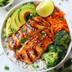- 2 salmon fillets - 1/4 cup sweet chili sauce - 1 tablespoon soy sauce - 1 teaspoon sesame oil - 1 cup broccoli florets - 1 medium carrot, julienned - 1/4 red bell pepper, thinly sliced - 1 avocado, sliced You need salmon fillets for this dish. They are rich in omega-3 fats. The sweet chili sauce adds a nice sweet and spicy kick. A bit of soy sauce and sesame oil boosts the flavor and gives depth. Fresh vegetables like broccoli, carrots, and red bell pepper bring color and crunch. Finally, avocado adds creaminess and healthy fats. - 1 cup jasmine rice - 1 3/4 cups water - Salt and pepper to taste Jasmine rice is your base. It has a lovely aroma and fluffy texture. Rinse the rice to remove extra starch. This step helps it cook well. Season with salt and pepper for taste. - Sesame seeds - 2 green onions, thinly sliced - Lime wedges Garnishes make the meal pop. Sprinkle sesame seeds for a nutty crunch. Green onions add a fresh bite. Lime wedges give a zesty finish that brightens every bite. These elements enhance both the look and taste of your Sweet Chili Salmon Bowls. {{ingredient_image_2}} To start, you will need to make a marinade. In a small bowl, mix together the sweet chili sauce, soy sauce, and sesame oil. This combination will add a rich flavor to the salmon. After you mix the marinade, place the salmon fillets in a shallow dish. Pour the marinade over the salmon, making sure each piece is coated well. Let the salmon marinate for at least 15 minutes. This time allows the fish to absorb all the tasty flavors. While the salmon marinates, it’s time to work on the rice. First, rinse 1 cup of jasmine rice under cold water. Keep rinsing until the water runs clear; this step helps remove extra starch. Next, in a medium saucepan, add the rinsed rice and 1 3/4 cups of water. Bring the mixture to a boil over high heat. Once boiling, lower the heat and cover the pan. Let it simmer for about 15 minutes. When the water is gone, the rice is done. Remove it from heat and let it sit for 5 minutes to steam. As the rice cooks, you can prepare the veggies. For the broccoli, steam 1 cup of florets until they are tender but still crisp. This should take about 4 to 5 minutes. You can use a steamer basket or microwave the broccoli with a little water. While the broccoli cooks, take 1 medium carrot and julienne it. Slice 1/4 of a red bell pepper into thin strips. Set these aside for the bowls. Now, let’s get to the salmon. Preheat your grill or a stovetop grill pan to medium-high heat. Once hot, take the marinated salmon out of the dish, letting any extra marinade drip off. Grill the salmon for 4 to 5 minutes on each side. You will know it’s done when it flakes easily with a fork. This step gives the salmon a nice charred flavor. To put everything together, start by dividing the fluffy jasmine rice between two serving bowls. This rice will be the base of your meal. Next, on top of the rice, add the steamed broccoli, julienned carrots, and thinly sliced red bell pepper. You can also add sliced avocado for a creamy touch. This colorful mix will make your bowl look amazing. Finally, it’s time to add the grilled salmon. Place a salmon fillet on top of the veggies in each bowl. Drizzle any leftover marinade over the salmon for extra flavor. For the finishing touch, sprinkle sesame seeds and sliced green onions on top. Serve the bowls with lime wedges on the side. This zesty addition will give your dish a bright burst of flavor. Enjoy your sweet chili salmon bowls! Best grilling methods for salmon Grilling salmon can bring out its rich flavor. Use a clean grill to prevent sticking. Preheat the grill to medium-high heat. You can also use a stovetop grill pan if you prefer. Grill the salmon for about 4-5 minutes on each side. This helps achieve a nice char. Always check for doneness by seeing if it flakes easily with a fork. Rice cooking tips for perfect texture Jasmine rice is a great base for this dish. Rinse the rice under cold water until the water runs clear. This removes excess starch for fluffier rice. Combine 1 cup of rice with 1 3/4 cups of water in a pot. Bring to a boil, then reduce heat to low. Cover and let it simmer for about 15 minutes. After cooking, let it sit covered for 5 more minutes. This helps the rice steam and achieve the right texture. Suggested seasoning adjustments Feel free to adjust the flavors to your taste. If you want more heat, add red pepper flakes to the marinade. You can also mix in garlic or ginger for extra depth. A touch of lime juice in the marinade adds a fresh twist, too. Alternative sauces for variety If you want to switch things up, try other sauces. Teriyaki or hoisin sauce can give a different flavor profile. For a tangy kick, a citrus-based sauce works well. Experimenting with sauces can keep this dish exciting! Creative garnishing for visual appeal Presentation matters! Use fresh green onions and sesame seeds to garnish. They add color and texture. Consider adding a few cilantro sprigs for freshness. You can also sprinkle some chili flakes for a pop of color. Bowl arrangement ideas for dining experiences When assembling, start with the rice as the base. Layer colorful veggies on top. Place the salmon in the center for a beautiful display. Use contrasting colors for visual appeal. This makes your meal not only tasty but also inviting to look at! Pro Tips Perfectly Flaky Salmon: Ensure your salmon is cooked just until it's opaque and flakes easily with a fork. Overcooking can lead to a dry texture. Marinating Time: For deeper flavor, consider marinating the salmon for 30 minutes to an hour if time permits. This allows the flavors to penetrate the fish more thoroughly. Customizable Veggies: Feel free to swap in your favorite vegetables. Bell peppers, snap peas, or bok choy would all make excellent additions to this bowl. Rice Cooking Tip: For extra flavor, cook the jasmine rice in vegetable or chicken broth instead of water. This adds a subtle richness to the dish. {{image_4}} You can easily swap out salmon for other fish, like tilapia or cod. Chicken or tofu also works well if you prefer different proteins. For veggies, try seasonal options like asparagus in spring or butternut squash in fall. You can adjust the bowl based on what you have at home. If you need gluten-free meals, use tamari instead of soy sauce. This keeps the flavor the same but without gluten. For vegan bowls, replace salmon with marinated tempeh or chickpeas. Use a plant-based sweet chili sauce to keep it tasty and satisfying. Want to spice things up? Try different marinades, like teriyaki or a spicy sriracha mix. You can also add tropical flavors; think pineapple or mango for a sweet twist. These changes make the dish fun and exciting, perfect for anyone looking to try something new. To keep your sweet chili salmon bowls fresh, follow these steps. First, let everything cool down to room temperature. Then, place your leftovers in airtight containers. This helps keep the flavors intact. Make sure to separate the salmon from the rice and veggies if possible. This keeps each ingredient fresh longer. Store the containers in your fridge. They will stay good for about 2-3 days. When you want to enjoy your leftover salmon bowl, heating it safely is key. For the rice, add a splash of water to keep it moist. You can reheat it in the microwave for 1-2 minutes. Stir halfway through to ensure even heating. The salmon can also go in the microwave. Heat it for about 30 seconds or until warm. Be careful not to overcook it, as it can dry out. If you want to keep your sweet chili salmon bowl longer, freezing works well. Start by separating the salmon, rice, and veggies. Place each component in freezer-safe bags or containers. This helps prevent freezer burn. Label the bags with the date, so you know when to use them. When you’re ready to eat, thaw them overnight in the fridge. Reheat the rice and salmon as mentioned above, and enjoy your meal! You can use several options if you run out of sweet chili sauce. Here are some alternatives: - Hoisin sauce: It adds a sweet and savory flavor. - Teriyaki sauce: This can work well for a different taste. - Homemade sweet chili sauce: Mix 1/4 cup of sugar, 2 tablespoons of vinegar, 1 teaspoon of garlic, and chili flakes. Adjust to taste. These options can give a similar sweet and spicy kick to your salmon bowls. To check if your salmon is done, look for its internal temperature. - The safe temperature for cooked salmon is 145°F (63°C). - You can use a meat thermometer for accuracy. Another easy way is to see if the fish flakes easily with a fork. If it does, it’s ready! Yes, you can prepare parts of this recipe ahead of time. Here are some tips: - Marinate the salmon: You can marinate it the night before for better flavor. - Cook the rice: Make the jasmine rice a day in advance. Store it in the fridge. - Prep the veggies: You can chop the broccoli, carrots, and bell pepper ahead of time. These steps will save you time on busy days! Sweet chili salmon bowls are great on their own but pairing them with sides can enhance the meal. Here are some ideas: - Cucumber salad: A light and refreshing option. - Mango salsa: Adds a sweet and tangy flavor. - Quinoa salad: A healthy, protein-packed side. These sides add variety and flavor to your meal. In this blog post, we explored how to make delicious sweet chili salmon bowls. We highlighted key ingredients like salmon, fresh veggies, and jasmine rice. I shared step-by-step instructions for marinating, cooking, grilling, and assembling your meal. You also learned tips for adding flavors and presenting your dish. Lastly, we covered variations and storage techniques to keep your meal fresh. These bowls are tasty, easy to make, and perfect for any occasion. Enjoy creating this healthy dish and impress your friends and family!