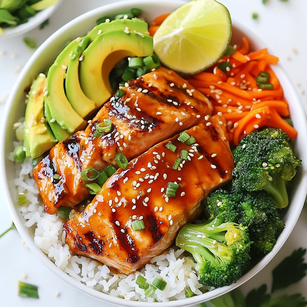 - 2 salmon fillets - 1/4 cup sweet chili sauce - 1 tablespoon soy sauce - 1 teaspoon sesame oil - 1 cup broccoli florets - 1 medium carrot, julienned - 1/4 red bell pepper, thinly sliced - 1 avocado, sliced You need salmon fillets for this dish. They are rich in omega-3 fats. The sweet chili sauce adds a nice sweet and spicy kick. A bit of soy sauce and sesame oil boosts the flavor and gives depth. Fresh vegetables like broccoli, carrots, and red bell pepper bring color and crunch. Finally, avocado adds creaminess and healthy fats. - 1 cup jasmine rice - 1 3/4 cups water - Salt and pepper to taste Jasmine rice is your base. It has a lovely aroma and fluffy texture. Rinse the rice to remove extra starch. This step helps it cook well. Season with salt and pepper for taste. - Sesame seeds - 2 green onions, thinly sliced - Lime wedges Garnishes make the meal pop. Sprinkle sesame seeds for a nutty crunch. Green onions add a fresh bite. Lime wedges give a zesty finish that brightens every bite. These elements enhance both the look and taste of your Sweet Chili Salmon Bowls. {{ingredient_image_2}} To start, you will need to make a marinade. In a small bowl, mix together the sweet chili sauce, soy sauce, and sesame oil. This combination will add a rich flavor to the salmon. After you mix the marinade, place the salmon fillets in a shallow dish. Pour the marinade over the salmon, making sure each piece is coated well. Let the salmon marinate for at least 15 minutes. This time allows the fish to absorb all the tasty flavors. While the salmon marinates, it’s time to work on the rice. First, rinse 1 cup of jasmine rice under cold water. Keep rinsing until the water runs clear; this step helps remove extra starch. Next, in a medium saucepan, add the rinsed rice and 1 3/4 cups of water. Bring the mixture to a boil over high heat. Once boiling, lower the heat and cover the pan. Let it simmer for about 15 minutes. When the water is gone, the rice is done. Remove it from heat and let it sit for 5 minutes to steam. As the rice cooks, you can prepare the veggies. For the broccoli, steam 1 cup of florets until they are tender but still crisp. This should take about 4 to 5 minutes. You can use a steamer basket or microwave the broccoli with a little water. While the broccoli cooks, take 1 medium carrot and julienne it. Slice 1/4 of a red bell pepper into thin strips. Set these aside for the bowls. Now, let’s get to the salmon. Preheat your grill or a stovetop grill pan to medium-high heat. Once hot, take the marinated salmon out of the dish, letting any extra marinade drip off. Grill the salmon for 4 to 5 minutes on each side. You will know it’s done when it flakes easily with a fork. This step gives the salmon a nice charred flavor. To put everything together, start by dividing the fluffy jasmine rice between two serving bowls. This rice will be the base of your meal. Next, on top of the rice, add the steamed broccoli, julienned carrots, and thinly sliced red bell pepper. You can also add sliced avocado for a creamy touch. This colorful mix will make your bowl look amazing. Finally, it’s time to add the grilled salmon. Place a salmon fillet on top of the veggies in each bowl. Drizzle any leftover marinade over the salmon for extra flavor. For the finishing touch, sprinkle sesame seeds and sliced green onions on top. Serve the bowls with lime wedges on the side. This zesty addition will give your dish a bright burst of flavor. Enjoy your sweet chili salmon bowls! Best grilling methods for salmon Grilling salmon can bring out its rich flavor. Use a clean grill to prevent sticking. Preheat the grill to medium-high heat. You can also use a stovetop grill pan if you prefer. Grill the salmon for about 4-5 minutes on each side. This helps achieve a nice char. Always check for doneness by seeing if it flakes easily with a fork. Rice cooking tips for perfect texture Jasmine rice is a great base for this dish. Rinse the rice under cold water until the water runs clear. This removes excess starch for fluffier rice. Combine 1 cup of rice with 1 3/4 cups of water in a pot. Bring to a boil, then reduce heat to low. Cover and let it simmer for about 15 minutes. After cooking, let it sit covered for 5 more minutes. This helps the rice steam and achieve the right texture. Suggested seasoning adjustments Feel free to adjust the flavors to your taste. If you want more heat, add red pepper flakes to the marinade. You can also mix in garlic or ginger for extra depth. A touch of lime juice in the marinade adds a fresh twist, too. Alternative sauces for variety If you want to switch things up, try other sauces. Teriyaki or hoisin sauce can give a different flavor profile. For a tangy kick, a citrus-based sauce works well. Experimenting with sauces can keep this dish exciting! Creative garnishing for visual appeal Presentation matters! Use fresh green onions and sesame seeds to garnish. They add color and texture. Consider adding a few cilantro sprigs for freshness. You can also sprinkle some chili flakes for a pop of color. Bowl arrangement ideas for dining experiences When assembling, start with the rice as the base. Layer colorful veggies on top. Place the salmon in the center for a beautiful display. Use contrasting colors for visual appeal. This makes your meal not only tasty but also inviting to look at! Pro Tips Perfectly Flaky Salmon: Ensure your salmon is cooked just until it's opaque and flakes easily with a fork. Overcooking can lead to a dry texture. Marinating Time: For deeper flavor, consider marinating the salmon for 30 minutes to an hour if time permits. This allows the flavors to penetrate the fish more thoroughly. Customizable Veggies: Feel free to swap in your favorite vegetables. Bell peppers, snap peas, or bok choy would all make excellent additions to this bowl. Rice Cooking Tip: For extra flavor, cook the jasmine rice in vegetable or chicken broth instead of water. This adds a subtle richness to the dish. {{image_4}} You can easily swap out salmon for other fish, like tilapia or cod. Chicken or tofu also works well if you prefer different proteins. For veggies, try seasonal options like asparagus in spring or butternut squash in fall. You can adjust the bowl based on what you have at home. If you need gluten-free meals, use tamari instead of soy sauce. This keeps the flavor the same but without gluten. For vegan bowls, replace salmon with marinated tempeh or chickpeas. Use a plant-based sweet chili sauce to keep it tasty and satisfying. Want to spice things up? Try different marinades, like teriyaki or a spicy sriracha mix. You can also add tropical flavors; think pineapple or mango for a sweet twist. These changes make the dish fun and exciting, perfect for anyone looking to try something new. To keep your sweet chili salmon bowls fresh, follow these steps. First, let everything cool down to room temperature. Then, place your leftovers in airtight containers. This helps keep the flavors intact. Make sure to separate the salmon from the rice and veggies if possible. This keeps each ingredient fresh longer. Store the containers in your fridge. They will stay good for about 2-3 days. When you want to enjoy your leftover salmon bowl, heating it safely is key. For the rice, add a splash of water to keep it moist. You can reheat it in the microwave for 1-2 minutes. Stir halfway through to ensure even heating. The salmon can also go in the microwave. Heat it for about 30 seconds or until warm. Be careful not to overcook it, as it can dry out. If you want to keep your sweet chili salmon bowl longer, freezing works well. Start by separating the salmon, rice, and veggies. Place each component in freezer-safe bags or containers. This helps prevent freezer burn. Label the bags with the date, so you know when to use them. When you’re ready to eat, thaw them overnight in the fridge. Reheat the rice and salmon as mentioned above, and enjoy your meal! You can use several options if you run out of sweet chili sauce. Here are some alternatives: - Hoisin sauce: It adds a sweet and savory flavor. - Teriyaki sauce: This can work well for a different taste. - Homemade sweet chili sauce: Mix 1/4 cup of sugar, 2 tablespoons of vinegar, 1 teaspoon of garlic, and chili flakes. Adjust to taste. These options can give a similar sweet and spicy kick to your salmon bowls. To check if your salmon is done, look for its internal temperature. - The safe temperature for cooked salmon is 145°F (63°C). - You can use a meat thermometer for accuracy. Another easy way is to see if the fish flakes easily with a fork. If it does, it’s ready! Yes, you can prepare parts of this recipe ahead of time. Here are some tips: - Marinate the salmon: You can marinate it the night before for better flavor. - Cook the rice: Make the jasmine rice a day in advance. Store it in the fridge. - Prep the veggies: You can chop the broccoli, carrots, and bell pepper ahead of time. These steps will save you time on busy days! Sweet chili salmon bowls are great on their own but pairing them with sides can enhance the meal. Here are some ideas: - Cucumber salad: A light and refreshing option. - Mango salsa: Adds a sweet and tangy flavor. - Quinoa salad: A healthy, protein-packed side. These sides add variety and flavor to your meal. In this blog post, we explored how to make delicious sweet chili salmon bowls. We highlighted key ingredients like salmon, fresh veggies, and jasmine rice. I shared step-by-step instructions for marinating, cooking, grilling, and assembling your meal. You also learned tips for adding flavors and presenting your dish. Lastly, we covered variations and storage techniques to keep your meal fresh. These bowls are tasty, easy to make, and perfect for any occasion. Enjoy creating this healthy dish and impress your friends and family!