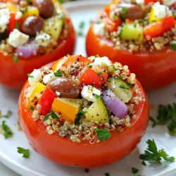 - 4 large ripe tomatoes - 1 cup quinoa, thoroughly rinsed - 2 cups vegetable broth (or water) - 1 small red onion, finely chopped - 1 bell pepper (any color), diced - 1 cup cucumber, diced - ½ cup Kalamata olives, pitted and finely chopped - 1 cup feta cheese, crumbled - ¼ cup fresh parsley, finely chopped - 2 tablespoons olive oil - 1 tablespoon fresh lemon juice - Salt and freshly ground black pepper to taste I love using fresh, ripe tomatoes for this dish. They hold the filling well and taste great. You can find large tomatoes at your local market. Look for ones that feel heavy and firm. Quinoa is the star ingredient here. It cooks easily and absorbs flavors. Rinse the quinoa well before cooking. This step removes the bitter coating called saponin. I use vegetable broth to cook the quinoa. It adds great taste. You can also use water if you’re in a pinch. For the filling, I choose colorful vegetables. The red onion adds sweetness. The bell pepper gives it crunch. You can use any bell pepper color you like. Cucumber adds a refreshing bite. Kalamata olives bring a briny flavor. Feta cheese adds creaminess. It pairs well with the other ingredients. Fresh parsley adds a pop of color and freshness. The olive oil and lemon juice tie everything together. They add richness and brightness to the dish. Make sure to season with salt and pepper to taste. This step enhances all the flavors. With these simple ingredients, you create a tasty meal that is both healthy and satisfying. {{ingredient_image_2}} 1. Preheat your oven to 375°F (190°C). This step warms the oven and helps the tomatoes bake evenly. 2. Take your large ripe tomatoes and slice off the tops. Use a sharp knife for this task. 3. Carefully scoop out the insides of each tomato. Keep some flesh to help the tomato keep its shape. Set the insides aside for later. 1. In a medium-sized saucepan, add 1 cup of rinsed quinoa and 2 cups of vegetable broth. 2. Bring this mixture to a boil over high heat. Watch for bubbles! 3. Once boiling, reduce the heat to low. Cover the pot and let it simmer for about 15 minutes. The quinoa should be fluffy and all the liquid should be absorbed. 1. While the quinoa cooks, heat 2 tablespoons of olive oil in a non-stick skillet over medium heat. 2. Add the finely chopped red onion and diced bell pepper. Sauté for 5 minutes until they are tender and smell great. 3. Once the quinoa is ready, transfer it to a mixing bowl. Add the sautéed onion and bell pepper, diced cucumber, chopped Kalamata olives, crumbled feta cheese, chopped parsley, lemon juice, salt, and pepper. 4. Stir everything gently but thoroughly. You want a nice mix of flavors. 1. Carefully spoon the quinoa mixture into the hollowed-out tomatoes. Pack it down lightly to make sure you fit it all in. 2. Place the stuffed tomatoes in a baking dish. Drizzle a little olive oil over the tops for added flavor. 3. Bake in the preheated oven for 20-25 minutes. The tomatoes should be tender but still hold their shape. 4. When done, take the dish out of the oven. Let the tomatoes cool for a few minutes before serving. Rinsing quinoa is key. It removes bitter saponins. Rinse the quinoa under cold water for a few minutes. This step enhances its flavor. When cooking, use two parts liquid for one part quinoa. I prefer vegetable broth for extra taste. Bring the broth to a boil. Then, lower the heat and cover the pot. Let it cook for about 15 minutes. You want fluffy grains, not mushy ones. Select large, ripe tomatoes for this dish. I recommend using beefsteak or vine-ripened tomatoes. They have the best flavor and hold their shape well. Look for tomatoes that feel heavy for their size. This means they are juicy. Avoid tomatoes with blemishes or soft spots. They won't taste as good. Serve your stuffed tomatoes warm, straight from the oven. They pair well with a light salad. A Greek salad adds a fresh touch. You can also serve them with crusty bread. It’s perfect for soaking up any juices. For a fun twist, drizzle some balsamic glaze on top. It adds a sweet and tangy flavor that’s delightful. Pro Tips Choose the Right Tomatoes: Opt for large, firm tomatoes that can hold their shape during baking. Varieties like beefsteak or heirloom work well for stuffing. Rinse Quinoa Thoroughly: Rinsing quinoa before cooking removes the bitter saponins, enhancing its natural nutty flavor and making it more palatable. Add Extra Veggies: Feel free to mix in other seasonal vegetables such as zucchini or spinach for added nutrition and flavor in the stuffing. Perfect Baking Time: Keep an eye on the tomatoes while baking; they should be tender but not overly soft. Adjust baking time based on your oven's performance. {{image_4}} You can swap quinoa for rice or farro. Both options work well. If you want a nutty taste, try farro. For a gluten-free choice, stick with rice. For cheese, use cottage cheese or vegan cheese. Cottage cheese adds creaminess. Vegan cheese keeps it dairy-free. Nutritional yeast can also give a cheesy flavor without dairy. Mediterranean flavors shine in this dish. Think fresh herbs, briny olives, and tangy feta. But you can explore other tastes too. Try adding spices like cumin or coriander for a Middle Eastern twist. You might also add soy sauce or sesame oil for an Asian flair. Each twist gives a new dimension to the dish. To make this dish vegan, skip the feta cheese or use a plant-based option. Nutritional yeast is a great choice for flavor. For gluten-free needs, quinoa is already a safe bet. If you choose rice, ensure it is certified gluten-free. Both options provide a delicious base for your stuffed tomatoes. To store leftovers, let the stuffed tomatoes cool first. Place them in an airtight container. They will stay fresh in the fridge for up to three days. If you want to keep them longer, it's best to freeze them. If you choose to freeze your stuffed tomatoes, wrap each one tightly in plastic wrap. Then, place them in a freezer-safe bag. They can last up to three months in the freezer. For best results, do not freeze them with sauces. For reheating, I recommend using the oven. Preheat it to 350°F (175°C). Place the tomatoes in a baking dish and cover with foil. Heat for about 20 minutes or until warmed through. You can also use the microwave, but the oven gives better texture. Yes, you can prepare the quinoa and the filling a day before. Just store them in the fridge. Hollow out the tomatoes and fill them just before baking. This keeps the tomatoes fresh and tasty. The tomatoes are done when they feel soft but still hold their shape. They should look slightly wrinkled. This usually takes about 20-25 minutes at 375°F (190°C). Keep an eye on them to avoid overcooking. Stuffed tomatoes pair well with a crisp green salad. You can also serve them with roasted vegetables or a light pasta dish. For a Mediterranean touch, try serving with tzatziki or hummus. These sides enhance the flavors of the tomatoes and make a complete meal. This blog post covered everything you need to know for delicious stuffed tomatoes. We looked at key ingredients, from ripe tomatoes to tasty quinoa fillings. I walked you through step-by-step cooking, along with helpful tips for the best results. You learned about fun variations and smart storage methods, too. In the end, stuffed tomatoes are versatile and easy to make. They can fit any diet and flavor preference. Enjoy experimenting with this recipe, and let your creativity shine in the kitchen!