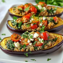 To make Mediterranean stuffed eggplant, you need these ingredients: - 2 medium eggplants, halved lengthwise and flesh scooped out - 1 cup cooked quinoa, cooled - 1 cup cherry tomatoes, diced into small pieces - ½ cup Kalamata olives, pitted and finely chopped - 1 cup fresh spinach, chopped - ½ cup feta cheese, crumbled - 2 cloves garlic, minced finely - 1 teaspoon dried oregano, or to taste - ½ teaspoon ground cumin - 2 tablespoons extra virgin olive oil, plus more for drizzling - Salt and black pepper to taste - Fresh parsley, chopped, for garnish Using fresh ingredients often gives you better flavor. For example, fresh spinach and cherry tomatoes taste bright and juicy. They bring life to the dish. Dried ingredients, like oregano and cumin, offer strong flavors. They are handy when fresh ones are not available. I suggest you use fresh items when possible. The main ingredients in this dish offer great health benefits: - Eggplants are low in calories and high in fiber. They help digestion. - Quinoa is a complete protein. It has all nine essential amino acids. - Olives provide healthy fats. They are good for heart health. - Feta cheese adds calcium and protein. It also gives a nice tangy flavor. - Spinach is rich in iron and vitamins. It boosts overall health. These ingredients not only taste great but also support a healthy lifestyle. Enjoy making this dish! {{ingredient_image_2}} Start by preheating your oven to 375°F (190°C). Slice the eggplants in half, lengthwise. Use a spoon to scoop out the flesh, leaving about a half-inch border. This creates a nice boat for your filling. Brush the cut sides with olive oil and sprinkle with salt and black pepper. Place the eggplants cut-side down on a lined baking sheet. Roast them for about 20 minutes. They should feel tender when you touch them. While your eggplants roast, heat a medium skillet over medium heat. Add a tablespoon of olive oil. Toss in the minced garlic and cook for about a minute. You want it to smell great but not burn. Next, add chopped spinach to the skillet. Sauté for 2-3 minutes until the spinach wilts and turns bright green. This step adds flavor and nutrients to your filling. Once the eggplants are done roasting, flip them over so the cut sides face up. In a large bowl, mix the cooked quinoa, diced cherry tomatoes, chopped Kalamata olives, sautéed spinach, crumbled feta cheese, oregano, cumin, and a pinch of salt and pepper. Stir well to combine everything. Now, generously spoon this mixture into each eggplant half. Press down gently to pack the filling in well. Return the stuffed eggplants to the oven. Bake them for 15-20 minutes until the tops are lightly golden and heated through. After baking, let them cool for a few minutes. Garnish with fresh parsley for a colorful finish. Enjoy your meal! Choosing the right eggplant is key to this dish. Look for eggplants that are smooth and shiny. They should feel firm when you gently press them. Avoid those with soft spots or blemishes. A smaller eggplant often has a sweeter taste and fewer seeds. Aim for medium-sized eggplants for easy stuffing. Feel free to mix the filling to suit your taste. You can swap quinoa for rice or couscous. Add different vegetables like zucchini or bell peppers for more flavor. If you love spice, toss in some red pepper flakes. You can even use different cheeses, like goat or mozzarella, instead of feta. The goal is to make it yours! Roasting eggplants properly is crucial. Brush olive oil generously for a rich taste. Roast them cut-side down to keep the moisture inside. After roasting, flip them carefully to stuff. Pack the filling tightly but not too much. This helps the stuffing stay in while baking. Bake them until golden on top for the best flavor. Pro Tips Choose the Right Eggplant: Select firm, glossy eggplants for the best flavor and texture. Avoid any that are overly soft or have blemishes. Make It Vegan: Substitute the feta cheese with a plant-based alternative or omit it entirely for a delicious vegan option. Customize Your Filling: Feel free to add other vegetables or protein sources, like chickpeas, to the quinoa stuffing to personalize it to your taste. Serve with a Sauce: Drizzle a tangy tahini or yogurt sauce over the stuffed eggplants for an extra layer of flavor. {{image_4}} You can easily make this dish vegetarian or vegan. To do this, skip the feta cheese. Instead, use a vegan cheese or nutritional yeast. Nutritional yeast adds a cheesy flavor without dairy. You can also add more veggies. Try using mushrooms or bell peppers for extra taste. They make the dish even more colorful and fun. If you want to add protein, consider including chickpeas or lentils. These options work well with the quinoa. They boost the dish's nutrition and flavor. You can mix in about a cup of cooked chickpeas or lentils into the stuffing. This change makes the meal heartier and more filling. It’s a great way to keep you satisfied. There are many cheese choices to try for stuffed eggplants. If you want a different taste, try goat cheese or mozzarella. Goat cheese gives a tangy flavor, while mozzarella adds a creamy texture. You can experiment with vegan cheese too. Just pick one that melts well. This way, you can enjoy a delicious stuffed eggplant that fits your taste. After making Mediterranean stuffed eggplant, let it cool down. Once cool, place leftovers in an airtight container. This keeps the eggplant fresh. Store it in the fridge for up to three days. For best taste, try to eat it within two days. If you plan to keep it longer, freezing is a great option. To reheat your stuffed eggplant, preheat your oven to 350°F (175°C). Place the eggplant halves on a baking sheet. Cover them with foil to keep them moist. Heat for about 20 minutes, or until warm. You can also use a microwave. Heat on medium for two to three minutes. Check if it’s hot throughout. If you want to freeze the stuffed eggplant, wrap each half tightly in plastic wrap. Then, place them in a freezer-safe bag. This helps avoid freezer burn. They can last for up to three months in the freezer. To cook from frozen, bake them at 375°F (190°C) for 30 to 40 minutes. Check if they are heated through before serving. Enjoy the flavors even after a freeze! Yes, you can use other grains. Brown rice, couscous, or farro work well. Each grain adds its own taste and texture. Just cook them as directed before mixing with your filling. Try different grains to find your favorite. Stuffed eggplants stay fresh for about three to four days. Store them in an airtight container. Make sure they cool down before sealing. This keeps moisture inside and helps prevent sogginess. Yes, this recipe is gluten-free if you use gluten-free grains. Quinoa is naturally gluten-free. You can also check labels on any other grains you choose. Always make sure your ingredients are certified gluten-free. Enjoy this tasty dish without worry! This blog post gives a complete guide to making Mediterranean stuffed eggplant. We covered ingredients, cooking steps, and storage tips. The nutritional benefits are clear, and you have options for customization. Choosing the right eggplant and perfecting your roasting technique can elevate your dish. Experiment with vegetarian choices or different grains to suit your taste. Enjoy this healthy meal that is easy to prepare and store. You can make it fit your needs and impress your friends and family. Happy cooking!