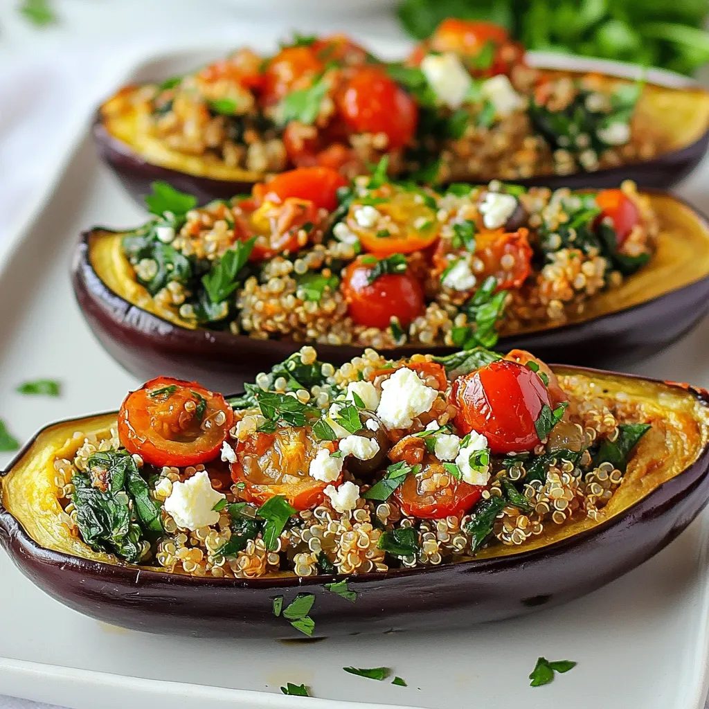 To make Mediterranean stuffed eggplant, you need these ingredients: - 2 medium eggplants, halved lengthwise and flesh scooped out - 1 cup cooked quinoa, cooled - 1 cup cherry tomatoes, diced into small pieces - ½ cup Kalamata olives, pitted and finely chopped - 1 cup fresh spinach, chopped - ½ cup feta cheese, crumbled - 2 cloves garlic, minced finely - 1 teaspoon dried oregano, or to taste - ½ teaspoon ground cumin - 2 tablespoons extra virgin olive oil, plus more for drizzling - Salt and black pepper to taste - Fresh parsley, chopped, for garnish Using fresh ingredients often gives you better flavor. For example, fresh spinach and cherry tomatoes taste bright and juicy. They bring life to the dish. Dried ingredients, like oregano and cumin, offer strong flavors. They are handy when fresh ones are not available. I suggest you use fresh items when possible. The main ingredients in this dish offer great health benefits: - Eggplants are low in calories and high in fiber. They help digestion. - Quinoa is a complete protein. It has all nine essential amino acids. - Olives provide healthy fats. They are good for heart health. - Feta cheese adds calcium and protein. It also gives a nice tangy flavor. - Spinach is rich in iron and vitamins. It boosts overall health. These ingredients not only taste great but also support a healthy lifestyle. Enjoy making this dish! {{ingredient_image_2}} Start by preheating your oven to 375°F (190°C). Slice the eggplants in half, lengthwise. Use a spoon to scoop out the flesh, leaving about a half-inch border. This creates a nice boat for your filling. Brush the cut sides with olive oil and sprinkle with salt and black pepper. Place the eggplants cut-side down on a lined baking sheet. Roast them for about 20 minutes. They should feel tender when you touch them. While your eggplants roast, heat a medium skillet over medium heat. Add a tablespoon of olive oil. Toss in the minced garlic and cook for about a minute. You want it to smell great but not burn. Next, add chopped spinach to the skillet. Sauté for 2-3 minutes until the spinach wilts and turns bright green. This step adds flavor and nutrients to your filling. Once the eggplants are done roasting, flip them over so the cut sides face up. In a large bowl, mix the cooked quinoa, diced cherry tomatoes, chopped Kalamata olives, sautéed spinach, crumbled feta cheese, oregano, cumin, and a pinch of salt and pepper. Stir well to combine everything. Now, generously spoon this mixture into each eggplant half. Press down gently to pack the filling in well. Return the stuffed eggplants to the oven. Bake them for 15-20 minutes until the tops are lightly golden and heated through. After baking, let them cool for a few minutes. Garnish with fresh parsley for a colorful finish. Enjoy your meal! Choosing the right eggplant is key to this dish. Look for eggplants that are smooth and shiny. They should feel firm when you gently press them. Avoid those with soft spots or blemishes. A smaller eggplant often has a sweeter taste and fewer seeds. Aim for medium-sized eggplants for easy stuffing. Feel free to mix the filling to suit your taste. You can swap quinoa for rice or couscous. Add different vegetables like zucchini or bell peppers for more flavor. If you love spice, toss in some red pepper flakes. You can even use different cheeses, like goat or mozzarella, instead of feta. The goal is to make it yours! Roasting eggplants properly is crucial. Brush olive oil generously for a rich taste. Roast them cut-side down to keep the moisture inside. After roasting, flip them carefully to stuff. Pack the filling tightly but not too much. This helps the stuffing stay in while baking. Bake them until golden on top for the best flavor. Pro Tips Choose the Right Eggplant: Select firm, glossy eggplants for the best flavor and texture. Avoid any that are overly soft or have blemishes. Make It Vegan: Substitute the feta cheese with a plant-based alternative or omit it entirely for a delicious vegan option. Customize Your Filling: Feel free to add other vegetables or protein sources, like chickpeas, to the quinoa stuffing to personalize it to your taste. Serve with a Sauce: Drizzle a tangy tahini or yogurt sauce over the stuffed eggplants for an extra layer of flavor. {{image_4}} You can easily make this dish vegetarian or vegan. To do this, skip the feta cheese. Instead, use a vegan cheese or nutritional yeast. Nutritional yeast adds a cheesy flavor without dairy. You can also add more veggies. Try using mushrooms or bell peppers for extra taste. They make the dish even more colorful and fun. If you want to add protein, consider including chickpeas or lentils. These options work well with the quinoa. They boost the dish's nutrition and flavor. You can mix in about a cup of cooked chickpeas or lentils into the stuffing. This change makes the meal heartier and more filling. It’s a great way to keep you satisfied. There are many cheese choices to try for stuffed eggplants. If you want a different taste, try goat cheese or mozzarella. Goat cheese gives a tangy flavor, while mozzarella adds a creamy texture. You can experiment with vegan cheese too. Just pick one that melts well. This way, you can enjoy a delicious stuffed eggplant that fits your taste. After making Mediterranean stuffed eggplant, let it cool down. Once cool, place leftovers in an airtight container. This keeps the eggplant fresh. Store it in the fridge for up to three days. For best taste, try to eat it within two days. If you plan to keep it longer, freezing is a great option. To reheat your stuffed eggplant, preheat your oven to 350°F (175°C). Place the eggplant halves on a baking sheet. Cover them with foil to keep them moist. Heat for about 20 minutes, or until warm. You can also use a microwave. Heat on medium for two to three minutes. Check if it’s hot throughout. If you want to freeze the stuffed eggplant, wrap each half tightly in plastic wrap. Then, place them in a freezer-safe bag. This helps avoid freezer burn. They can last for up to three months in the freezer. To cook from frozen, bake them at 375°F (190°C) for 30 to 40 minutes. Check if they are heated through before serving. Enjoy the flavors even after a freeze! Yes, you can use other grains. Brown rice, couscous, or farro work well. Each grain adds its own taste and texture. Just cook them as directed before mixing with your filling. Try different grains to find your favorite. Stuffed eggplants stay fresh for about three to four days. Store them in an airtight container. Make sure they cool down before sealing. This keeps moisture inside and helps prevent sogginess. Yes, this recipe is gluten-free if you use gluten-free grains. Quinoa is naturally gluten-free. You can also check labels on any other grains you choose. Always make sure your ingredients are certified gluten-free. Enjoy this tasty dish without worry! This blog post gives a complete guide to making Mediterranean stuffed eggplant. We covered ingredients, cooking steps, and storage tips. The nutritional benefits are clear, and you have options for customization. Choosing the right eggplant and perfecting your roasting technique can elevate your dish. Experiment with vegetarian choices or different grains to suit your taste. Enjoy this healthy meal that is easy to prepare and store. You can make it fit your needs and impress your friends and family. Happy cooking!
