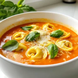 To make a creamy tomato tortellini soup, you need a few simple ingredients. Here’s a complete list: - 1 tablespoon extra virgin olive oil - 1 medium onion, finely diced - 3 cloves garlic, minced - 1 can (28 oz) crushed tomatoes in tomato puree - 4 cups vegetable broth (low-sodium preferred) - 1 teaspoon dried basil leaves - 1 teaspoon dried oregano - 1 teaspoon granulated sugar - Fresh sea salt and freshly cracked black pepper, to taste - 1 package (9 oz) fresh or frozen cheese tortellini - 1 cup heavy cream (or coconut cream for a dairy-free option) - Fresh basil leaves, small sprigs for garnish - Grated Parmesan cheese or nutritional yeast, for serving (optional) Gathering these ingredients will set you up for success. The olive oil adds a rich base. The onion and garlic bring in essential flavors. Crushed tomatoes create the heart of the soup. Vegetable broth adds depth. The cheese tortellini makes this dish cozy and filling. Heavy cream adds a luscious texture. Don’t forget the seasonings! They elevate the soup’s taste. Fresh basil makes for a beautiful garnish, and Parmesan gives that extra touch of flavor. This list keeps it simple, yet every ingredient plays a key role. Enjoy the process of cooking and savor the results! {{ingredient_image_2}} 1. Heat 1 tablespoon of extra virgin olive oil in a large pot over medium heat. 2. Add 1 medium onion, finely diced. Sauté for about 5 minutes. 3. When the onion is soft and clear, add 3 cloves of minced garlic. Cook for 1-2 minutes. 4. Pour in 1 can of crushed tomatoes and 4 cups of vegetable broth. Mix well. 5. Add 1 teaspoon of dried basil, 1 teaspoon of dried oregano, and 1 teaspoon of granulated sugar. 6. Season with fresh sea salt and cracked black pepper. Stir to combine. 7. Bring the soup to a gentle simmer. Cover the pot and cook for 10 minutes, stirring occasionally. 1. Add 1 package of cheese tortellini to the pot. Follow the package instructions. 2. Cook for about 3-5 minutes. Watch for the tortellini to float. 3. When they float, they are cooked through and ready to eat. 1. Stir in 1 cup of heavy cream or coconut cream for a dairy-free option. 2. Allow the soup to warm for 2-3 minutes over low heat. 3. Taste the soup and adjust seasoning with salt and pepper if needed. 4. Serve hot, garnished with fresh basil sprigs. Add grated Parmesan cheese if you like. To get that creamy texture in your soup, start with heavy cream. This cream adds richness and smoothness. If you want a dairy-free option, use coconut cream. It gives a great flavor too. When choosing tortellini, you can use fresh or frozen. Fresh tortellini cooks faster, usually in just 3-5 minutes. Frozen tortellini may need a bit more time. Both options work well, so pick what you like best. Pair this soup with crusty bread for a perfect match. The bread soaks up that rich tomato flavor. You can also serve it with a simple salad for a light touch. For presentation, sprinkle fresh basil on top. A drizzle of olive oil adds a nice shine. If you like cheese, add grated Parmesan. It gives a lovely finish to each bowl. Serve hot and enjoy! Pro Tips Use Fresh Herbs: Fresh basil added just before serving enhances the flavor and adds a vibrant touch to your dish. Adjust the Creaminess: For a lighter soup, consider using half and half instead of heavy cream, or for a vegan option, coconut cream works beautifully. Perfect Tortellini: Avoid overcooking the tortellini; they should be al dente for the best texture and flavor in the soup. Add Depth: A splash of balsamic vinegar or a teaspoon of red wine can add a wonderful depth of flavor to the soup. {{image_4}} To make this soup dairy-free, use coconut cream instead of heavy cream. Coconut cream adds a rich, creamy texture. It also brings a slight sweetness that pairs well with the tomatoes. You can find coconut cream in cans at most grocery stores. If you're looking for more plant-based options, try almond milk or cashew cream. Both options work well in this recipe. They keep the soup creamy without any dairy. Just ensure you choose unsweetened versions. Enhancing the flavor of your soup is easy. Consider adding fresh spinach or kale. These leafy greens add nutrients and vibrant color. Simply stir them in during the last few minutes of cooking. They will wilt quickly and add a fresh taste. You can also play with herbs and spices. Try adding thyme or parsley for a different twist. A pinch of red pepper flakes can give a nice kick. Experiment with flavors until you find your favorite mix! To keep your creamy tomato tortellini soup fresh, follow these tips: - Refrigeration: Store the soup in an airtight container. It lasts for about 3 to 4 days in the fridge. Make sure it cools down before sealing it. - Freezing: If you want to save some for later, freeze the soup. Use a freezer-safe container and leave some space at the top. The soup can stay frozen for up to 3 months. When it's time to enjoy your soup again, use these methods: - Best methods for reheating: Heat the soup gently on the stove over low heat. Stir often to prevent sticking. You can also use a microwave. Heat in a bowl, stopping to stir every minute. - Avoiding overcooking tortellini: If the soup is frozen, thaw it in the fridge overnight. When reheating, watch the tortellini closely. They only need a few minutes to warm up. Overcooking will make them mushy. Can I make this soup in advance? Yes, you can make this soup ahead of time. Just store it in the fridge. It tastes even better after a day. How do I adjust the recipe for more servings? To make more servings, simply increase each ingredient. For example, double the tomatoes and broth. Adjust seasonings to taste as well. What can I substitute for tortellini? You can use any pasta you like. Consider using small shells or even gnocchi. Each option will give a different taste and texture. Overview of calories and key nutrients This creamy soup has about 400 calories per serving. It offers protein from the tortellini and healthy fats from the cream. Discussing dietary considerations For a lighter option, use coconut cream. This makes the soup dairy-free. If you want fewer carbs, try zucchini noodles instead of pasta. This article highlighted how to make a delicious tortellini soup. You learned about the key ingredients, from olive oil to cheese tortellini. I shared step-by-step instructions for cooking, along with helpful tips for a creamy texture. You discovered tasty variations and learned proper storage techniques. Whether you choose to make it dairy-free or try different herbs, this soup is adaptable. With the right ingredients and a little creativity, you can enjoy a warm bowl any time. Now, go ahead and make your own comforting tortellini soup!