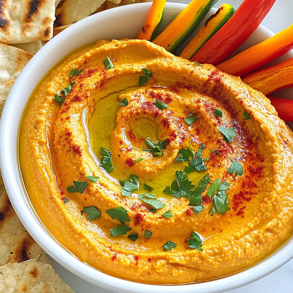 To make roasted red pepper hummus, gather these fresh and flavorful ingredients: - 1 cup canned chickpeas, drained and rinsed - 2 large roasted red bell peppers, peeled and roughly chopped - 2 tablespoons tahini - 2 tablespoons fresh lemon juice - 2 cloves garlic, minced - 1/4 teaspoon ground cumin - 1/4 teaspoon smoked paprika - 2 tablespoons extra-virgin olive oil - Salt to taste - Fresh parsley, finely chopped, for garnish - Pita chips and assorted vegetable sticks for serving Each ingredient plays a key role in creating a creamy and tasty dip. The chickpeas provide a hearty base, while roasted red bell peppers add a sweet, smoky flavor. Tahini gives the hummus a rich, nutty taste. Fresh lemon juice brightens up the mix, and garlic brings a kick. Spices like cumin and smoked paprika add depth. Olive oil gives a silky texture, and salt ties everything together. Fresh parsley is not just for looks; it adds a fresh note. Serve with pita chips and veggie sticks for a fun, healthy snack! {{ingredient_image_2}} To roast bell peppers, start by broiling them. Place the peppers on a baking sheet. Set your oven to broil. Broil the peppers for about 15 minutes. Turn them every few minutes. You want the skin to blister and char. Once done, move the peppers to a bowl. Cover the bowl with plastic wrap. This helps to steam the peppers for about 10 minutes. When they cool, peel off the charred skin and discard the seeds. Next, it’s time to blend the ingredients. In a food processor, add the drained chickpeas and chopped roasted red bell peppers. Then, add the tahini, fresh lemon juice, minced garlic, ground cumin, and smoked paprika. Blend everything together. Keep blending until the mixture is smooth and creamy. If it feels too thick, don’t worry. You can add water one tablespoon at a time until it’s just right. Now, let’s bring in the olive oil. While blending, drizzle in the extra-virgin olive oil. This adds richness to the hummus. Keep blending until it’s creamy. After that, taste your hummus. Adjust the seasoning with salt. If you want more zing, add a bit more lemon juice. This step is key to making your hummus burst with flavor. To get the best texture for your hummus, adjust the thickness as needed. If your hummus is too thick, add water one tablespoon at a time while blending until it’s creamy. If it’s too thin, simply add more chickpeas or tahini to thicken it up. Store your hummus in an airtight container in the fridge. It stays fresh for up to a week. To make your hummus look special, garnish it with chopped parsley and a sprinkle of smoked paprika. Drizzle with olive oil for extra flavor. For dipping, serve with crunchy pita chips and fresh vegetable sticks. Carrots, celery, and cucumbers are great choices. Avoid over or under-seasoning your hummus. Taste it as you go. Adjust the salt and lemon juice to suit your taste. When blending, ensure you mix it well. If the hummus is not smooth, keep blending until creamy. This makes a big difference in taste and texture. Pro Tips Choose Quality Ingredients: Using fresh, high-quality roasted red peppers and good olive oil will elevate the flavor of your hummus significantly. Texture Matters: For an ultra-smooth hummus, peel the chickpeas before blending. This extra step removes the skins and contributes to a creamier texture. Adjust to Your Taste: Don’t hesitate to tweak the seasoning after blending. A little more lemon juice or salt can make all the difference in flavor. Experiment with Flavors: Feel free to add other spices or ingredients like roasted garlic, jalapeños, or herbs to create your own unique hummus variation. {{image_4}} You can add heat to your hummus by mixing in jalapeños or hot sauce. Start by adding one or two chopped jalapeños to the blender with the other ingredients. If you prefer hot sauce, drizzle in a few drops while blending. This gives your hummus a nice kick. Adjust the spice level to your taste, making it as mild or spicy as you like. Fresh herbs can elevate your hummus. Try adding basil or cilantro for a fresh twist. Chop the herbs finely and blend them in with the other ingredients. This adds a bright flavor that pairs well with the roasted red peppers. You can also mix in dried herbs, like oregano or thyme, if fresh ones aren’t available. For a richer flavor, use nuts like walnuts or almonds. Blend about a quarter cup of your chosen nuts into the mix. This will give your hummus a delightful crunch and depth. You can toast the nuts lightly for added flavor before blending. Experiment with different nuts to find your favorite combination. To store leftover hummus, place it in an airtight container. Glass or plastic containers work well. Make sure to press plastic wrap directly on the hummus. This helps keep it fresh and prevents drying. Store it in the fridge for up to five days. If you want to freeze hummus, use a freezer-safe container. Leave some space at the top because it expands as it freezes. You can freeze it for up to three months. Label the container with the date, so you remember. To bring back creaminess after freezing, let the hummus thaw in the fridge overnight. Once thawed, blend it again. Add a bit of olive oil or water if it seems too thick. This will help restore its smooth, delicious texture. Yes, you can use store-bought roasted red peppers. They save time and effort. Just drain and chop them before adding to your hummus. This makes the process much easier, especially if you are short on time. Homemade hummus can last about 4 to 7 days in the fridge. Store it in an airtight container for best results. Always check for any changes in smell or texture before eating. If it looks good and smells fresh, enjoy it! You can serve Roasted Red Pepper Hummus with a variety of items. Some great options include: - Pita chips - Fresh vegetable sticks (like carrots, celery, and cucumbers) - Toasted bread - Crackers These pair well and add crunch and flavor to your dip. Yes, Roasted Red Pepper Hummus is a healthy choice. It is rich in protein, fiber, and healthy fats. Chickpeas provide protein while tahini adds healthy oils. Plus, it is full of vitamins from the red peppers. It’s a guilt-free snack! In this post, we explored making delicious roasted red pepper hummus. We covered each key step, from roasting the peppers to blending the perfect texture. We also shared tips for serving and storing your hummus. Remember, you can customize it with spices or nuts for unique flavors. Avoid common mistakes like over-seasoning for the best outcome. Enjoy this healthy snack with pita chips or veggies. With this knowledge, you can impress your friends and family with tasty hummus any time!