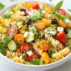To make Lemony Greek Pasta Salad, gather these simple ingredients: - 8 oz. whole wheat pasta (like fusilli or penne) - 1 cup cherry tomatoes, halved - 1 medium cucumber, diced - 1 red bell pepper, diced - 1/2 red onion, finely chopped - 1 cup Kalamata olives, pitted and halved - 1 cup feta cheese, crumbled - 1/4 cup fresh parsley, finely chopped - 1/4 cup fresh mint, finely chopped - Zest and juice of 2 fresh lemons - 3 tablespoons extra virgin olive oil - 1 teaspoon dried oregano - Salt and black pepper to taste Using fresh ingredients makes this salad bright and tasty. Fresh herbs like parsley and mint add great flavor. They also provide vibrant colors. Fresh vegetables, like cucumber and bell pepper, keep the salad crunchy. Dried ingredients, like oregano, still work well but lack some freshness. They bring depth but do not replace fresh herbs entirely. You can swap some ingredients if needed. If you can't find whole wheat pasta, use regular pasta. For olives, feel free to use green olives or leave them out. If you prefer a different cheese, use goat cheese or ricotta. Don't have fresh herbs? Try using dried versions, but use less since they are stronger. This salad is quite flexible, so feel free to make it your own! {{ingredient_image_2}} To start, cook 8 ounces of whole wheat pasta. You can use fusilli or penne. Follow the package instructions for the best results. Aim for an al dente texture. When done, drain the pasta and rinse it under cold water. This helps stop the cooking. Once cooled, set it aside. Next, grab a large mixing bowl. Chop 1 cup of cherry tomatoes in half. Dice 1 medium cucumber into bite-sized pieces. Then, chop 1 red bell pepper into small pieces. Finely chop 1/2 red onion. Add 1 cup of pitted Kalamata olives, halved. Mix these fresh veggies together gently. In a small bowl, combine the zest and juice of 2 fresh lemons. Add 3 tablespoons of extra virgin olive oil. Then, sprinkle in 1 teaspoon of dried oregano. Season with salt and black pepper to taste. Whisk everything until well blended. This zesty dressing adds bright flavor. Pour the lemon dressing over the pasta and veggies. Crumble 1 cup of feta cheese on top. Add 1/4 cup of finely chopped parsley and 1/4 cup of finely chopped mint. Toss everything together gently. Make sure all ingredients are evenly coated in the dressing. Taste the salad and adjust the seasoning, if needed. Cover the bowl and chill it in the refrigerator for at least 30 minutes. This allows the flavors to blend and develop. When ready to serve, enjoy the fresh and zesty taste of your Lemony Greek Pasta Salad! To cook pasta, follow the package instructions carefully. Use a large pot filled with water. Add a generous pinch of salt to the water before boiling. This adds flavor to the pasta. Once the water boils, add the pasta. Stir it gently to prevent sticking. Cook until al dente, which means firm to the bite. Drain the pasta but do not rinse it if you want to keep some starch. This starch helps the sauce cling better. To make flavors pop, use fresh ingredients. Fresh herbs like parsley and mint add brightness. The zest and juice of lemons bring a zesty punch. Use good quality extra virgin olive oil for richness. Mix the dressing well to combine all the flavors. Taste as you go. Adjust with more salt or lemon juice if needed. This step makes a big difference. For creamy feta, crumble it finely. This allows it to mix easily with the salad. Add the feta after you toss the salad. This keeps it from breaking into tiny pieces. Gently fold it in so that you still see white chunks. This gives the salad a great look and taste. The creamy feta enhances the overall flavor and creaminess of each bite. Pro Tips Cook Pasta Al Dente: Aim for a slightly firm texture when cooking the pasta. This helps it hold up better in the salad and prevents it from becoming mushy. Chill for Flavor: Allow the salad to chill in the refrigerator for at least 30 minutes before serving. This lets the flavors meld together beautifully. Fresh Herbs Matter: Use fresh parsley and mint for the best flavor. Dried herbs can lack the vibrant taste that fresh herbs provide. Customize Your Veggies: Feel free to add or substitute other vegetables based on your preference or what you have on hand, such as bell peppers or spinach. {{image_4}} You can make this pasta salad heartier by adding protein. Grilled chicken is a great choice. It adds a savory touch. You can use diced rotisserie chicken for ease. For a plant-based option, try chickpeas. They give a nice texture and protein boost. Simply add one cup of cooked chickpeas to the mix. This makes the dish filling and satisfying for everyone. If you want a gluten-free version, swap the pasta. Use gluten-free pasta made from rice or chickpeas. These options still taste great and keep the dish light. Always check the label to ensure it fits your diet. Cook it just like traditional pasta for the best result. This way, you enjoy the flavors without worry. Make this salad fresh by using seasonal ingredients. In spring, add asparagus or peas. In summer, fresh corn and zucchini brighten the dish. In fall, roasted butternut squash gives a sweet touch. Use what’s fresh and local to enhance flavors. This keeps the salad exciting and different every time you make it. Enjoy the changing tastes of the seasons! To keep your Lemony Greek Pasta Salad fresh, start by placing it in an airtight container. Make sure the lid seals well to keep out air. This helps maintain the salad's flavor and crispness. You can use glass or plastic containers, whichever you prefer. Stored properly in the fridge, this salad lasts about 3 to 5 days. After that, the veggies may start to lose their crunch. You want every bite to be as delightful as the first! Always check for any off smells or changes in texture before eating. Generally, I recommend eating this salad cold. The fresh flavors shine best when served chilled. If you need to warm it up, do so gently. Heat it in a pan on low heat. Stir it often to avoid burning. However, the feta cheese and veggies might not taste great when heated. Enjoy the salad fresh for the best experience! Yes, you can make this salad ahead of time. I often prepare it a day in advance. This gives the flavors more time to blend. Just store it in the fridge in an airtight container. This salad pairs well with grilled chicken or fish. You can also serve it with pita bread and hummus. For a light meal, add a side of roasted vegetables. Absolutely! Lemony Greek Pasta Salad is great for meal prep. It keeps well in the fridge for about three days. Just make sure to store it in individual containers for easy lunches. Yes, you can use different cheeses if you prefer. Try goat cheese for a tangy flavor. Mozzarella also works well if you want a milder taste. Just crumble or dice the cheese to your liking. This blog covered key ingredients for Lemony Greek Pasta Salad. I explained the choice between fresh and dried items and how to substitute. You learned step-by-step cooking methods and important tips for flavor. I also shared helpful storage info and answered common questions. You now have the tools to make a tasty pasta salad. Enjoy experimenting with flavors and ingredients! Your salad will be fresh, bright, and a hit at any meal.