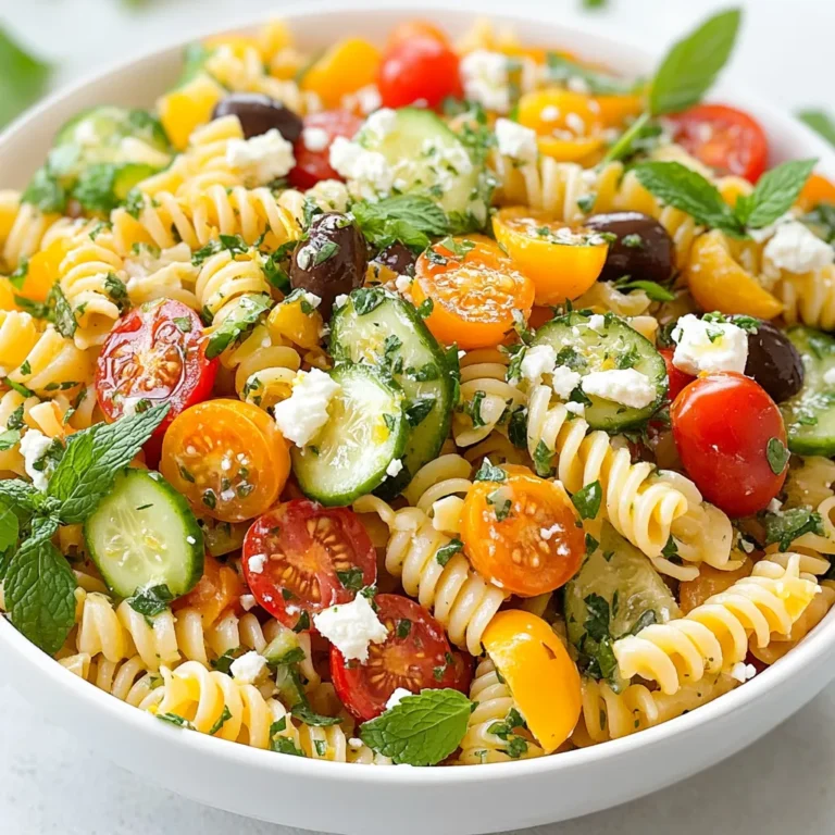 To make Lemony Greek Pasta Salad, gather these simple ingredients: - 8 oz. whole wheat pasta (like fusilli or penne) - 1 cup cherry tomatoes, halved - 1 medium cucumber, diced - 1 red bell pepper, diced - 1/2 red onion, finely chopped - 1 cup Kalamata olives, pitted and halved - 1 cup feta cheese, crumbled - 1/4 cup fresh parsley, finely chopped - 1/4 cup fresh mint, finely chopped - Zest and juice of 2 fresh lemons - 3 tablespoons extra virgin olive oil - 1 teaspoon dried oregano - Salt and black pepper to taste Using fresh ingredients makes this salad bright and tasty. Fresh herbs like parsley and mint add great flavor. They also provide vibrant colors. Fresh vegetables, like cucumber and bell pepper, keep the salad crunchy. Dried ingredients, like oregano, still work well but lack some freshness. They bring depth but do not replace fresh herbs entirely. You can swap some ingredients if needed. If you can't find whole wheat pasta, use regular pasta. For olives, feel free to use green olives or leave them out. If you prefer a different cheese, use goat cheese or ricotta. Don't have fresh herbs? Try using dried versions, but use less since they are stronger. This salad is quite flexible, so feel free to make it your own! {{ingredient_image_2}} To start, cook 8 ounces of whole wheat pasta. You can use fusilli or penne. Follow the package instructions for the best results. Aim for an al dente texture. When done, drain the pasta and rinse it under cold water. This helps stop the cooking. Once cooled, set it aside. Next, grab a large mixing bowl. Chop 1 cup of cherry tomatoes in half. Dice 1 medium cucumber into bite-sized pieces. Then, chop 1 red bell pepper into small pieces. Finely chop 1/2 red onion. Add 1 cup of pitted Kalamata olives, halved. Mix these fresh veggies together gently. In a small bowl, combine the zest and juice of 2 fresh lemons. Add 3 tablespoons of extra virgin olive oil. Then, sprinkle in 1 teaspoon of dried oregano. Season with salt and black pepper to taste. Whisk everything until well blended. This zesty dressing adds bright flavor. Pour the lemon dressing over the pasta and veggies. Crumble 1 cup of feta cheese on top. Add 1/4 cup of finely chopped parsley and 1/4 cup of finely chopped mint. Toss everything together gently. Make sure all ingredients are evenly coated in the dressing. Taste the salad and adjust the seasoning, if needed. Cover the bowl and chill it in the refrigerator for at least 30 minutes. This allows the flavors to blend and develop. When ready to serve, enjoy the fresh and zesty taste of your Lemony Greek Pasta Salad! To cook pasta, follow the package instructions carefully. Use a large pot filled with water. Add a generous pinch of salt to the water before boiling. This adds flavor to the pasta. Once the water boils, add the pasta. Stir it gently to prevent sticking. Cook until al dente, which means firm to the bite. Drain the pasta but do not rinse it if you want to keep some starch. This starch helps the sauce cling better. To make flavors pop, use fresh ingredients. Fresh herbs like parsley and mint add brightness. The zest and juice of lemons bring a zesty punch. Use good quality extra virgin olive oil for richness. Mix the dressing well to combine all the flavors. Taste as you go. Adjust with more salt or lemon juice if needed. This step makes a big difference. For creamy feta, crumble it finely. This allows it to mix easily with the salad. Add the feta after you toss the salad. This keeps it from breaking into tiny pieces. Gently fold it in so that you still see white chunks. This gives the salad a great look and taste. The creamy feta enhances the overall flavor and creaminess of each bite. Pro Tips Cook Pasta Al Dente: Aim for a slightly firm texture when cooking the pasta. This helps it hold up better in the salad and prevents it from becoming mushy. Chill for Flavor: Allow the salad to chill in the refrigerator for at least 30 minutes before serving. This lets the flavors meld together beautifully. Fresh Herbs Matter: Use fresh parsley and mint for the best flavor. Dried herbs can lack the vibrant taste that fresh herbs provide. Customize Your Veggies: Feel free to add or substitute other vegetables based on your preference or what you have on hand, such as bell peppers or spinach. {{image_4}} You can make this pasta salad heartier by adding protein. Grilled chicken is a great choice. It adds a savory touch. You can use diced rotisserie chicken for ease. For a plant-based option, try chickpeas. They give a nice texture and protein boost. Simply add one cup of cooked chickpeas to the mix. This makes the dish filling and satisfying for everyone. If you want a gluten-free version, swap the pasta. Use gluten-free pasta made from rice or chickpeas. These options still taste great and keep the dish light. Always check the label to ensure it fits your diet. Cook it just like traditional pasta for the best result. This way, you enjoy the flavors without worry. Make this salad fresh by using seasonal ingredients. In spring, add asparagus or peas. In summer, fresh corn and zucchini brighten the dish. In fall, roasted butternut squash gives a sweet touch. Use what’s fresh and local to enhance flavors. This keeps the salad exciting and different every time you make it. Enjoy the changing tastes of the seasons! To keep your Lemony Greek Pasta Salad fresh, start by placing it in an airtight container. Make sure the lid seals well to keep out air. This helps maintain the salad's flavor and crispness. You can use glass or plastic containers, whichever you prefer. Stored properly in the fridge, this salad lasts about 3 to 5 days. After that, the veggies may start to lose their crunch. You want every bite to be as delightful as the first! Always check for any off smells or changes in texture before eating. Generally, I recommend eating this salad cold. The fresh flavors shine best when served chilled. If you need to warm it up, do so gently. Heat it in a pan on low heat. Stir it often to avoid burning. However, the feta cheese and veggies might not taste great when heated. Enjoy the salad fresh for the best experience! Yes, you can make this salad ahead of time. I often prepare it a day in advance. This gives the flavors more time to blend. Just store it in the fridge in an airtight container. This salad pairs well with grilled chicken or fish. You can also serve it with pita bread and hummus. For a light meal, add a side of roasted vegetables. Absolutely! Lemony Greek Pasta Salad is great for meal prep. It keeps well in the fridge for about three days. Just make sure to store it in individual containers for easy lunches. Yes, you can use different cheeses if you prefer. Try goat cheese for a tangy flavor. Mozzarella also works well if you want a milder taste. Just crumble or dice the cheese to your liking. This blog covered key ingredients for Lemony Greek Pasta Salad. I explained the choice between fresh and dried items and how to substitute. You learned step-by-step cooking methods and important tips for flavor. I also shared helpful storage info and answered common questions. You now have the tools to make a tasty pasta salad. Enjoy experimenting with flavors and ingredients! Your salad will be fresh, bright, and a hit at any meal.