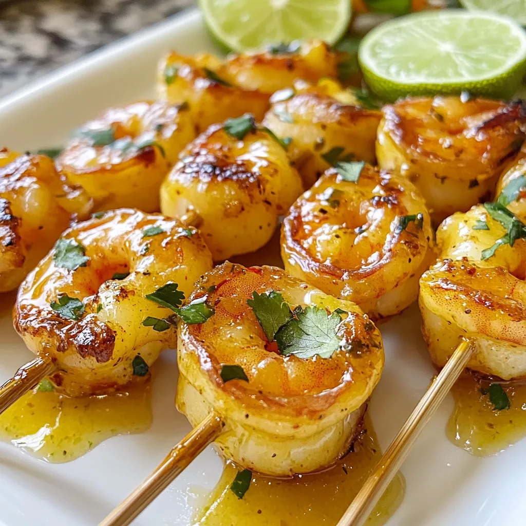 Cooking delicious Honey Lime Shrimp Skewers starts with gathering fresh ingredients. Here’s what you need: - 1 lb large shrimp, peeled and deveined - 3 tablespoons honey - 2 tablespoons freshly squeezed lime juice - 1 teaspoon lime zest - 2 cloves garlic, finely minced - 1 teaspoon ground cumin - 1 teaspoon smoked paprika - Salt and black pepper to taste - 2 tablespoons extra virgin olive oil - Fresh cilantro for garnish Each ingredient plays a vital role. The large shrimp provide a firm bite, making them perfect for skewers. Honey adds sweetness, while lime juice gives a tangy kick. Lime zest enhances the citrus flavor. Garlic brings depth, and spices like cumin and smoked paprika add warmth and smokiness. Using fresh ingredients is key. Fresh shrimp gives the best taste and texture. Opt for raw shrimp, as cooked shrimp will not work in this recipe. Feel free to experiment with the spices to suit your taste. A dash of chili powder can add heat if you like. For a twist, consider adding fresh herbs like thyme or basil. Gather these ingredients, and you will set the stage for a fantastic grilling experience that will impress everyone! {{ingredient_image_2}} First, grab a medium bowl and whisk together these ingredients: - 3 tablespoons honey - 2 tablespoons freshly squeezed lime juice - 1 teaspoon lime zest - 2 cloves garlic, finely minced - 1 teaspoon ground cumin - 1 teaspoon smoked paprika - 2 tablespoons extra virgin olive oil - A pinch of salt and pepper Mix them well until combined. The honey gives a sweet touch, while the lime juice adds tang. The garlic and spices bring depth to the flavor. Next, add the peeled and deveined shrimp to the bowl. Make sure every shrimp gets coated in this tasty marinade. This is crucial for great flavor. Cover the bowl with plastic wrap. Let the shrimp marinate for at least 30 minutes. If you have time, let them sit for up to 2 hours in the fridge. This longer time helps the shrimp soak up all the flavors. To maximize the flavor, remember to mix the shrimp in the marinade halfway through. This way, every bite is packed with taste. Now, it’s time to grill! Preheat your grill or grill pan to medium-high heat. This step is key to getting a nice char on the shrimp. Carefully thread the marinated shrimp onto skewers. Aim for 4-5 shrimp per skewer. Adjust based on their size. Once the grill is hot, lightly oil the grates. You can use a brush or a paper towel dipped in olive oil. This helps prevent sticking. Place the skewers on the grill and cook for 2-3 minutes on each side. Look for the shrimp to turn opaque and curl slightly. This shows they are fully cooked. After grilling, remove the skewers from the heat. Let them rest for a minute. Garnish with finely chopped cilantro for a fresh pop of color. Enjoy your honey lime shrimp skewers! To pick good shrimp, look for a few key signs. Fresh shrimp should smell like the sea. They should not have a strong fishy odor. The shrimp should be firm and not mushy. Look for a shiny appearance. Any black spots or discoloration might mean they are not fresh. Fresh shrimp is usually better than frozen. Fresh shrimp has a sweeter taste. Frozen shrimp can be good if it was frozen right after catching. Always check if it has been thawed before buying. If you buy frozen, look for packages that are solid and not frostbitten. For the best flavor, marinate the shrimp for at least 30 minutes. If you want even more flavor, try marinating for up to 2 hours. Just remember not to go too long, as shrimp can become mushy. You can change up the marinade too! Try adding some chili powder for heat. A splash of soy sauce can give it a savory touch. If you love herbs, add fresh cilantro or parsley for a fresh twist. To keep shrimp from sticking to the grill, oil the grates. Use a paper towel dipped in oil. This will help create a non-stick surface. Place the shrimp on the grill gently. You know the shrimp are perfectly cooked when they turn opaque. They will also curl slightly. Cook them for about 2-3 minutes on each side. Overcooking can make shrimp tough, so watch them closely. Pro Tips Marinate Longer for Depth: Allow the shrimp to marinate for up to 2 hours in the refrigerator for a more intense flavor profile. Use Soaked Wooden Skewers: If using wooden skewers, soak them in water for 30 minutes before threading the shrimp to prevent burning on the grill. Check for Doneness: Watch for the shrimp to turn opaque and curl slightly; this indicates they are cooked through and tender. Experiment with Spice: Add a pinch of cayenne pepper or chili flakes for a spicy kick to the marinade, enhancing the overall flavor. {{image_4}} You can change the marinade to keep things fresh. Try using soy sauce or teriyaki sauce for a new twist. You can also swap the shrimp for other seafood like scallops or salmon. Each option brings its own flavor and texture. Want some heat? Add cayenne pepper or chili flakes to your marinade. This adds a nice kick. For garnishing, consider using avocado slices or mango salsa. They give a cool and sweet balance to the savory shrimp. If you can’t grill, no problem! You can bake or broil the skewers in your oven. Use a broiler pan to catch drips and get a nice char. For skewering, try using bamboo or metal skewers. Mix different seafood and veggies for a colorful plate. To keep your honey lime shrimp skewers fresh, follow these tips: - Refrigeration: Place leftover shrimp in an airtight container. They will last for up to three days in the fridge. Make sure they cool down before sealing. - Freezing: For longer storage, you can freeze the skewers. Wrap each skewer tightly in plastic wrap. Then, place them in a freezer-safe bag. They can last for up to three months. When you want to eat them, let them thaw in the fridge overnight. Reheating shrimp can be tricky because you don’t want to lose flavor or make them tough. Here are some methods: - Skillet Method: Heat a non-stick skillet over low heat. Add a splash of water or broth. Place the shrimp in the skillet and cover. Heat for about 3-5 minutes. This keeps them moist. - Oven Method: Preheat your oven to 300°F. Spread the shrimp on a baking sheet. Cover with foil and reheat for about 10 minutes. You can also enjoy leftovers in new dishes. Chop the shrimp and toss them into salads. They also taste great in tacos or pasta. The honey lime flavor will add a nice twist! For skewers, large shrimp work best. I recommend using shrimp that are at least 16-20 count per pound. This size ensures they stay juicy while cooking. Always choose fresh shrimp if possible. If fresh isn’t available, frozen shrimp is a good choice. Just make sure they are fully thawed before using. Yes, you can prepare the shrimp ahead of time. You can marinate the shrimp for up to two hours. This gives the flavors time to soak in. If you need to, you can also peel and devein the shrimp a day before cooking. Just store them in the fridge until you are ready to marinate. Look for a few visual cues to know shrimp are done. When shrimp turn opaque and curl slightly, they are ready. The safe cooking temperature for shrimp is 120°F (49°C). You can use a meat thermometer to ensure they reach this temperature. Cooked shrimp should be firm but tender, not chewy. This blog post covered all you need for making delicious grilled shrimp. We explored the essential ingredients, step-by-step instructions, and valuable tips. You learned about choosing fresh shrimp and marinating for the best flavor. Try different marinades and cooking methods for new tastes. With proper storage and reheating tips, you can enjoy these skewers later. I hope you feel ready to impress your family and friends with your grilling skills!