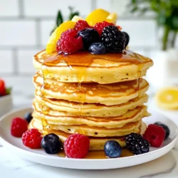 The star of these pancakes is ricotta cheese. You need 1 cup of fresh ricotta. It gives the pancakes a soft and creamy texture. Ricotta also adds a mild flavor that pairs well with lemon. For the dry mix, gather 1 cup of all-purpose flour, 1 teaspoon of baking powder, 1/2 teaspoon of baking soda, and a pinch of salt. Sifting these together helps the pancakes rise well. The flour provides structure, while baking powder and baking soda create fluffiness. Now, let’s focus on the fresh ingredients. You will need 3 large eggs, 1/2 cup of milk, the zest of 1 lemon, and 2 tablespoons of fresh lemon juice. The eggs are crucial for binding, while the milk makes the batter smooth. Lemon zest and juice bring a bright flavor and aroma. Finally, use 2 tablespoons of granulated sugar to sweeten the mix a little. Don't forget some butter or oil for greasing the skillet. For serving, prepare maple syrup and an assortment of fresh berries like strawberries, blueberries, or raspberries. These toppings add color and taste to your pancakes. {{ingredient_image_2}} To start, grab a medium bowl. Add 1 cup of ricotta cheese, 1/2 cup of milk, and 3 large eggs. Next, add the zest of 1 lemon and 2 tablespoons of fresh lemon juice. Sprinkle in 2 tablespoons of granulated sugar. Use a whisk to mix everything until it's smooth and creamy. This mixture adds flavor and moisture to your pancakes. Now, take a large bowl and sift together 1 cup of all-purpose flour, 1 teaspoon of baking powder, 1/2 teaspoon of baking soda, and a pinch of salt. Sifting helps to mix these ingredients well and removes any lumps. This step is key for fluffy pancakes. Gently fold the dry ingredients into the ricotta mixture. Stir carefully until just combined. It’s okay if some lumps remain; don't overmix. Next, preheat a non-stick skillet over medium heat. Lightly grease it with butter or oil to prevent sticking. Pour about 1/4 cup of batter onto the skillet for each pancake. Cook for 2-3 minutes until bubbles form and edges set. When ready, flip each pancake. Cook for another 2 minutes until golden brown. Repeat this with the remaining batter. Serve warm with maple syrup and fresh berries. Enjoy your delicious, fluffy lemon ricotta pancakes! To get light and fluffy pancakes, use fresh ricotta cheese. Ricotta adds moisture and richness. Mix the wet and dry ingredients gently. Overmixing can make pancakes tough. A few lumps in the batter are okay. This keeps them airy and soft. Heat your skillet to medium. A hot pan helps pancakes cook evenly. Use a small amount of butter or oil to grease the pan. Pour about 1/4 cup of batter for each pancake. Watch for bubbles on the surface before flipping. This shows they are ready. Flip gently to avoid splattering batter. Cook until golden brown, about 2 minutes. Serve your pancakes warm for the best taste. Drizzle with maple syrup for sweetness. Fresh berries add color and flavor. I love using strawberries, blueberries, or raspberries. You can also sprinkle some lemon zest on top for extra zing. Enjoy your pancakes right away for a delightful breakfast! Pro Tips Use Fresh Ingredients: Opt for fresh lemons and high-quality ricotta cheese to enhance the flavor of your pancakes. Don’t Overmix: Mixing the batter until just combined will ensure fluffy pancakes. A few lumps are okay! Adjust Cooking Temperature: If pancakes are browning too quickly, lower the heat. You want them golden brown and cooked through. Experiment with Toppings: Try different toppings like honey, yogurt, or nuts to add variety to your pancake experience. {{image_4}} You can boost your lemon ricotta pancakes with fun flavors. Try adding fresh blueberries for a sweet burst. Just fold in about a cup before cooking. Another great choice is lemon lavender. Simply mix in a teaspoon of dried lavender with the zest. This adds a floral note that pairs well with lemon. Want to make these pancakes gluten-free? Swap the all-purpose flour for a gluten-free blend. Look for a mix that includes xanthan gum. This helps keep the pancakes fluffy. You can also use almond flour for a different texture. It adds a nice nutty flavor. If you prefer vegan pancakes, you can easily adapt the recipe. Replace the ricotta cheese with silken tofu. Blend it until smooth for the best texture. Use plant-based milk instead of regular milk. Instead of eggs, try flaxseed meal mixed with water. Combine one tablespoon of flaxseed with three tablespoons of water. Let it sit until it thickens. Use this mixture as your egg substitute. After enjoying your Lemon Ricotta Pancakes, store leftovers in an airtight container. This helps keep them fresh. Place the pancakes in the fridge if you plan to eat them soon. They stay good for about 2-3 days. If you have more pancakes, consider freezing them for later. To reheat pancakes, use a skillet or microwave. For the skillet, heat it on medium-low. Add a little butter or oil, then place the pancake in the pan. Heat for about 1-2 minutes on each side until warm. If you prefer the microwave, place a pancake on a plate. Cover it with a damp paper towel. Heat in 20-second intervals until warm. This keeps them soft and fluffy. If you want to freeze pancakes, stack them with parchment paper in between. This prevents them from sticking together. Place the stack in a freezer-safe bag or container. They stay fresh for up to 2 months in the freezer. When you're ready to eat, thaw them in the fridge overnight. Then, reheat as needed. Enjoy your tasty pancakes anytime! Yes, you can make these pancakes ahead of time. Just cook and let them cool. Place them in an airtight container. Store them in the fridge for up to two days. Reheat them in a skillet or microwave before serving. This keeps them soft and tasty. You can also freeze them. Place parchment paper between pancakes to prevent sticking. They can last up to a month in the freezer. If you don't have ricotta, try cottage cheese. Blend it until smooth for a similar texture. Cream cheese is another option, but it may make the pancakes richer. Greek yogurt can also work well. It adds creaminess and a tangy taste. Just use the same amount as ricotta in the recipe. To make fluffier pancakes, separate the egg whites from the yolks. Beat the egg whites until they form soft peaks. Fold the whipped egg whites into the batter gently. This adds air and lightness to the mixture. Also, avoid overmixing the batter. A few lumps are okay. Letting the batter rest for a few minutes before cooking can also help. This gives the leavening agents time to work, resulting in fluffier pancakes. In this post, I walked you through making perfect Lemon Ricotta Pancakes. We explored the right ingredients, step-by-step instructions, and useful tips. You learned how to store and reheat leftovers and tried tasty variations. Remember, the key is in balancing the textures and flavors. With practice, you’ll create fluffy pancakes that wow anyone. Get creative with your toppings and enjoy your cooking journey!