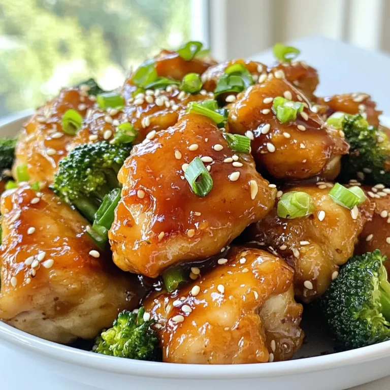 - 1 lb (450g) boneless, skinless chicken thighs, cut into bite-sized pieces - 2 cups fresh broccoli florets - 2 tablespoons extra virgin olive oil - 1/4 cup pure honey - 4 cloves garlic, finely minced - 2 tablespoons low sodium soy sauce - 1 tablespoon apple cider vinegar - 1 teaspoon freshly grated ginger - Salt and freshly ground black pepper to taste - Sesame seeds for garnish - Chopped green onions for garnish The chicken in this dish brings a rich taste. I prefer using chicken thighs for their moist texture. They absorb flavors well, making every bite a joy. The broccoli adds a bright touch and gives a nice crunch. The marinade mixes sweet honey and savory garlic. This blend creates a tasty sauce that coats the chicken and broccoli. The soy sauce adds depth, while the vinegar gives a hint of tang. Ginger rounds it out with warmth. For garnishing, sesame seeds add a nutty flavor. Chopped green onions give freshness and color. Together, they make the dish look beautiful and inviting. Enjoy your cooking! {{ingredient_image_2}} Start by mixing the marinade. In a medium bowl, whisk together the honey, minced garlic, soy sauce, apple cider vinegar, and grated ginger. Add a pinch of salt and black pepper to taste. Next, cut the chicken thighs into bite-sized pieces. Place the chicken in the marinade, making sure every piece gets coated. Cover the bowl with plastic wrap and refrigerate for at least 30 minutes. This waiting time helps the flavors blend well. While the chicken marinates, get the broccoli ready. Fill a large pot with water and add a generous pinch of salt. Bring the water to a boil. Once boiling, carefully add the fresh broccoli florets. Blanch them for about 2-3 minutes. You want them to turn bright green and become slightly tender. After that, drain the broccoli and rinse it under cold water. This stops the cooking process and keeps the color vibrant. Now, it's time to cook! Heat extra virgin olive oil in a large skillet over medium-high heat. Using a slotted spoon, remove the marinated chicken from the bowl and add it to the skillet. Save the marinade for later. Sauté the chicken for about 5-7 minutes. Stir occasionally until the chicken turns golden brown and is cooked through. Once the chicken is ready, add the blanched broccoli to the skillet. Stir everything well to combine. Pour the reserved marinade over the chicken and broccoli. Let it simmer for 3-4 minutes. This thickens the sauce and coats each piece in flavor. Now, your honey garlic chicken and broccoli is ready to serve! To make the best marinade, use fresh ingredients. Fresh garlic enhances taste. Honey adds sweetness while balancing flavors. Make sure to whisk well. This mixes the honey, soy sauce, and vinegar. Let the chicken sit in the marinade for at least 30 minutes. This helps the flavors soak in deeply. For extra zest, add a splash of lime juice. Always taste the marinade before adding chicken. Adjust salt and pepper as needed. For tender chicken, start with medium-high heat. This ensures a nice sear. Sear the chicken for about 5-7 minutes. Don’t overcrowd the pan. This allows even cooking and browning. If you want juicy chicken, avoid overcooking. Chicken should reach an internal temperature of 165°F. Use a meat thermometer for accuracy. This way, you’ll have perfectly cooked chicken every time. You can boost the flavor with extra ingredients. Try adding chopped bell peppers or snap peas. They add color and crunch. For a spicy kick, mix in red pepper flakes. You can also sprinkle sesame seeds on top when serving. Green onions add freshness too. To make it heartier, serve with rice or quinoa. These additions make the dish even more delightful. Pro Tips Marinate Longer for Enhanced Flavor: For the best flavor, consider marinating the chicken for at least 1-2 hours or even overnight. This allows the marinade to penetrate the meat more deeply. Use Fresh Ingredients: Fresh garlic and ginger will provide a more vibrant taste compared to dried or powdered versions. Always opt for fresh herbs when possible! Adjust Sweetness and Saltiness: Feel free to adjust the amount of honey and soy sauce based on your taste preferences. If you like it sweeter, add more honey; for a saltier dish, increase the soy sauce. Perfect Cooking of Broccoli: Be cautious not to over-blanch the broccoli. It should remain bright green and still have a slight crunch for the best texture in the dish. {{image_4}} If you want to switch things up, you can use different veggies. Try bell peppers for a sweet crunch. Snap peas add a nice snap. Carrots bring a bright color and sweetness. You can also use green beans or zucchini for a fresh taste. Just make sure to blanch them like the broccoli. This keeps them bright and tender. Chicken thighs are great, but other proteins work well too. Chicken breasts can be leaner and still tasty. Shrimp cooks fast and adds a seafood twist. Tofu is a fantastic choice for a plant-based meal. For beef lovers, thin strips of flank steak add bold flavor. Just remember to adjust the cook time based on the protein you choose. If you like heat, make a spicy honey garlic version. Add red pepper flakes to the marinade for extra kick. You can also use sriracha for a nice blend of heat and flavor. If you want more spice, toss in some chopped fresh chili peppers with the broccoli. This will make your dish exciting and full of flavor. After enjoying your honey garlic chicken and broccoli, let the dish cool. Place any leftovers in an airtight container. Store it in the fridge for up to three days. Make sure to label the container with the date. This helps keep track of freshness. To reheat, you can use the microwave or stovetop. If using a microwave, place the chicken and broccoli in a microwave-safe dish. Cover it with a damp paper towel to keep it moist. Heat in short bursts, checking every minute until warm. For stovetop reheating, add a splash of water in a skillet. Heat over medium until warmed through. Stir occasionally to prevent sticking. You can freeze honey garlic chicken and broccoli for later use. First, let the dish cool completely. Then, portion it into freezer-safe bags or containers. Squeeze out as much air as possible before sealing. Label the bags with the date. It can last in the freezer for up to three months. To enjoy it later, thaw it overnight in the fridge before reheating. Yes, you can use chicken breasts. They are leaner than thighs. If you choose breasts, cut them into bite-sized pieces. You may need to cook them a bit longer. Always check that they reach 165°F for safety. Honey garlic chicken and broccoli pair well with many sides. Here are some ideas: - Steamed jasmine rice - Quinoa for a nutty twist - A crisp salad with light dressing - Noodles tossed in sesame oil - Riced cauliflower for a low-carb option These sides complement the sweet and savory flavors of the dish. You can marinate the chicken for 30 minutes to 12 hours. The longer you marinate, the more flavor it absorbs. If you marinate overnight, the chicken will be very tasty. However, avoid marinating for over 24 hours, as it can change the texture. This blog covers how to make a tasty Honey Garlic Chicken with broccoli. You learned about the key ingredients, from chicken to marinades and garnishes. The step-by-step instructions guide you on marinating, cooking, and combining everything. You also discovered tips to make the chicken tender and flavorful and some fun variations. Finally, I shared how to store leftovers for later meals. Enjoy this dish anytime, and feel confident in your cooking skills. You can easily impress your family and friends!
