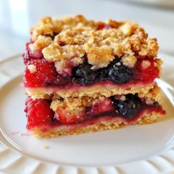 To make delicious Triple Berry Crumble Bars, you need the following ingredients: - 1 cup all-purpose flour - 1 cup rolled oats - 1/2 cup packed brown sugar - 1/2 cup unsalted butter, melted - 1 teaspoon vanilla extract - 1/4 teaspoon salt - 1/2 teaspoon ground cinnamon - 1 cup mixed berries (strawberries, blueberries, raspberries) - 2 tablespoons honey or maple syrup - 1 tablespoon cornstarch These ingredients work together to create a sweet and tart treat. The flour and oats form a lovely base. Brown sugar gives it a nice touch of sweetness. The melted butter helps bind everything together. Vanilla and cinnamon add warmth and flavor. The mixed berries are the stars of this dessert. They bring vibrant colors and juicy goodness. You can use fresh or frozen berries. Just make sure to adjust the baking time if you use frozen ones. Honey or maple syrup adds a hint of natural sweetness, while cornstarch thickens the berry filling. Gather these ingredients, and you are ready to create a delightful dessert. {{ingredient_image_2}} Start by preheating your oven to 350°F (175°C). This step is key to getting that perfect bake. Line an 8x8-inch baking dish with parchment paper. Leave some paper hanging over the sides. This will help you lift the bars out later. In a large mixing bowl, add the all-purpose flour, rolled oats, brown sugar, melted butter, vanilla extract, salt, and ground cinnamon. Mix well until your mixture looks crumbly. This crumbly base gives the bars a nice texture. Take 1/2 cup of the crumble mixture and set it aside for later. Press the rest of the mixture firmly into the bottom of your baking dish. Make sure it is even across the pan. This crust layer will hold all the yummy berries. In another bowl, toss the mixed berries with honey or maple syrup and cornstarch. This mix will help the berries stick together and thicken while baking. Spread this berry mixture evenly over your crust. Now, sprinkle the reserved crumble mixture over the top of the berries. Make sure to cover all the berries. This topping adds a sweet crunch to each bite. Place your baking dish in the preheated oven. Bake for 25-30 minutes. Look for a golden topping and bubbling berries. This means your bars are baking just right. Once baked, carefully take the dish out of the oven. Let it cool in the pan for about 10-15 minutes. Use the parchment paper to lift the bars out of the dish. Then, move them to a wire rack to cool completely. After the bars are fully cool, cut them into squares or rectangles. These bars make a great snack or dessert. Enjoy them plain or with a scoop of vanilla ice cream for a special treat! To get a great crumble texture, mix the dry and wet ingredients well. You want it crumbly but not too dry. If it feels too wet, add a bit more flour or oats. When you press the base into the pan, make sure it's firm. This helps it hold together better when you cut the bars. You can swap out some ingredients for what you have. Use whole wheat flour instead of all-purpose flour for more fiber. If you do not have brown sugar, white sugar works too. For a dairy-free option, try coconut oil instead of butter. You can also mix in different fruits like peaches or cherries for a fun twist. These bars are perfect on their own or with a scoop of ice cream. For a fancy touch, dust them with powdered sugar. You can serve them warm or cold. Pair them with a cup of tea or coffee for a delightful afternoon snack. Enjoy sharing them with friends or at a picnic! Pro Tips Use Fresh Berries: For the best flavor and texture, opt for fresh berries. If using frozen, ensure they are fully thawed and drained to avoid excess moisture. Customize Your Sweetness: Adjust the amount of honey or maple syrup based on the sweetness of your berries. Taste the mixture before pouring it over the crust. Let Cool Completely: Allow the bars to cool completely before slicing. This helps them set properly and prevents them from falling apart. Experiment with Flavors: Feel free to add a pinch of nutmeg or lemon zest to the crumble for an extra flavor boost that complements the berries beautifully. {{image_4}} You can switch up the berries in this recipe. Try using only strawberries or blueberries. Blackberries can add a nice twist too. You can mix and match any combination you like. You could even use peaches or cherries for a fun change. The key is to keep the total amount of berries at one cup. For a gluten-free version, replace all-purpose flour with almond flour or a gluten-free blend. Use gluten-free oats to keep it safe. Ensure that all your other ingredients are also gluten-free. This way, you can enjoy these delicious bars without worry. To make this recipe vegan, swap unsalted butter for coconut oil or vegan butter. Replace honey with maple syrup for sweetness. Check that your oats are certified vegan, as some brands may process with animal products. These changes keep the bars tasty while being plant-based. To keep your Triple Berry Crumble Bars fresh, store them in an airtight container. You can place parchment paper between layers to prevent sticking. If you want them to stay crisp, do not cover them with plastic wrap. When stored properly, these bars can last for about 3 to 5 days at room temperature. If you keep them in the fridge, they can last up to a week. Make sure to check for any signs of spoilage before eating. You can freeze these bars for up to 3 months. To do this, cut them into squares first. Wrap each piece tightly in plastic wrap, then place them in a freezer bag. When you’re ready to enjoy, let them thaw in the fridge overnight. You can warm them in the oven for a few minutes for a fresh-baked taste! Yes, you can use frozen berries. Just let them thaw and drain any extra liquid. They will still taste great in the bars! To make more bars, double the ingredients. Use a larger baking dish, like a 9x13-inch one. Adjust the baking time as needed, checking for that golden top. These bars pair well with vanilla ice cream or whipped cream. You can also serve them with yogurt for a tasty breakfast treat. Absolutely! Chopped nuts add crunch and flavor. Try walnuts or almonds for a delicious twist. Just mix them in with the crumble. The bars are done when the top is golden brown and the berries are bubbling. A toothpick inserted in the center should come out clean. In this post, we covered the ingredients, steps, and tips for making Triple Berry Crumble Bars. You learned how to craft a tasty dessert using fresh berries and simple ingredients. Remember, you can customize the recipe with different berries or make it vegan. Store them well to keep them fresh, and don’t hesitate to try frozen fruits if needed. Enjoy creating this delicious treat that everyone will love. Happy baking!