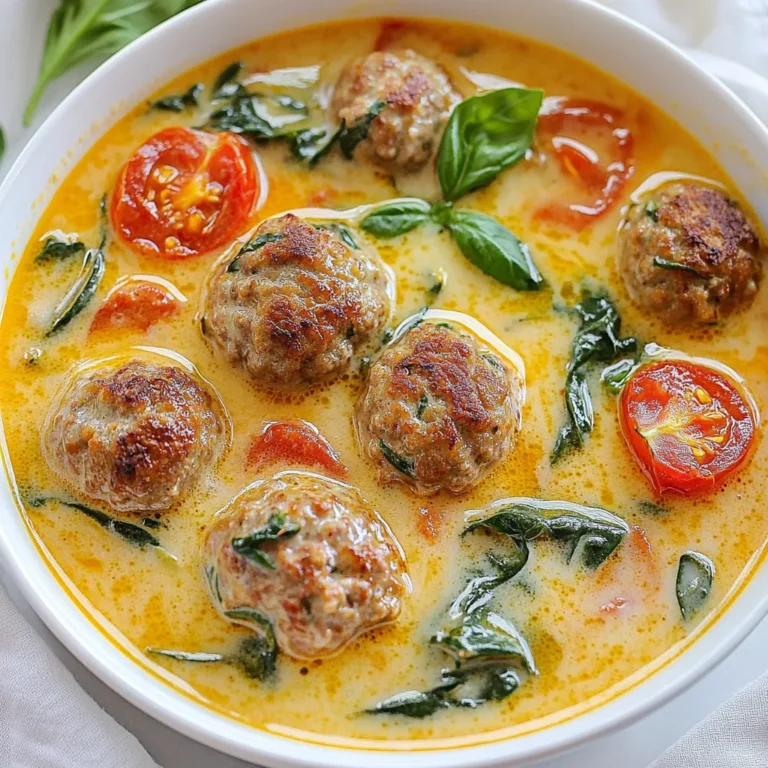 To create this warm soup, you need simple, fresh ingredients. Here’s what you'll need: - 1 pound ground beef or turkey - 1/4 cup breadcrumbs - 1/4 cup freshly grated Parmesan cheese - 1 tablespoon dried Italian seasoning - 1 large egg - Salt and freshly ground black pepper to taste - 1 tablespoon extra virgin olive oil - 1 small onion, diced finely - 3 cloves garlic, minced - 4 cups low-sodium chicken broth - 1 cup heavy cream - 1 cup baby spinach, roughly chopped - 1 cup cherry tomatoes, halved - 1/2 teaspoon red pepper flakes (optional, for added heat) - Fresh basil leaves for garnish These ingredients mix well to create a rich and creamy flavor. You can choose beef or turkey based on your taste. The cheese and breadcrumbs help bind the meatballs, making them tender and delicious. Spices make this soup special. The main spice is dried Italian seasoning. It adds warmth and depth. Salt and black pepper balance the flavors. If you like heat, add red pepper flakes. They give the soup a nice kick. You can enhance the soup with a few extras. Try adding more vegetables like carrots or celery for texture. A splash of lemon juice brightens the flavor too. For a cheesy twist, sprinkle more Parmesan on top before serving. These options let you customize the soup to your liking. {{ingredient_image_2}} First, gather your ingredients for the meatballs. You need: - 1 pound ground beef or turkey - 1/4 cup breadcrumbs - 1/4 cup freshly grated Parmesan cheese - 1 tablespoon dried Italian seasoning - 1 large egg - Salt and freshly ground black pepper to taste In a large bowl, mix the ground meat with breadcrumbs, cheese, Italian seasoning, egg, salt, and pepper. Use your hands or a spoon to combine everything well. Once mixed, shape the mixture into small meatballs, about one inch wide. Place them on a plate or baking sheet as you prepare to cook. Next, we will sauté the vegetables. You will need: - 1 tablespoon extra virgin olive oil - 1 small onion, diced finely - 3 cloves garlic, minced In a large pot or Dutch oven, heat the olive oil over medium heat. Once hot, add the diced onion. Sauté it for about 3 to 4 minutes. The onion should become soft and translucent. After that, add the minced garlic. Sauté for another minute, stirring often. This step adds a great flavor base for your soup. Now, it's time to cook the soup. Gently add the meatballs to the pot. Brown them evenly on all sides for about 5 to 7 minutes. You may need to do this in batches. Once all the meatballs are browned, carefully pour in 4 cups of low-sodium chicken broth. Turn up the heat to bring the soup to a gentle boil. Next, reduce the heat to low and slowly add 1 cup of heavy cream. Stir to blend the cream into the broth. Now, fold in 1 cup of halved cherry tomatoes and 1 cup of roughly chopped baby spinach. If you like a bit of heat, add 1/2 teaspoon of red pepper flakes. Let the soup simmer for 10 minutes. The spinach will wilt and the soup will thicken slightly. Taste and adjust the seasoning with more salt and pepper, if needed. Finally, ladle the hot soup into bowls and garnish with fresh basil leaves. Enjoy this tasty, cozy meal! To create perfect meatballs, use fresh ingredients. Mix ground beef or turkey with breadcrumbs, Parmesan, and Italian seasoning. Don’t forget the egg; it helps bind everything together. Keep your hands wet when shaping the meatballs to avoid sticking. Aim for small, even balls, about one inch in size. This size cooks evenly and stays tender. If your soup is too thick, add more chicken broth or cream until it reaches your desired consistency. For a richer taste, let it simmer longer. Add more salt and pepper to enhance the flavor. If you want a kick, toss in red pepper flakes. Taste as you go to find that perfect balance. Serve your Creamy Tuscan Meatball Soup in rustic bowls. Pair it with crusty bread for a filling meal. A sprinkle of extra Parmesan adds a tasty touch. Fresh basil leaves not only look good but also brighten the flavor. Enjoy this soup on a chilly night for a cozy experience. Pro Tips Use Fresh Ingredients: Fresh herbs and vegetables enhance the flavor of the soup, making it more aromatic and delicious. Don't Skip Browning the Meatballs: Browning the meatballs before adding them to the soup adds depth of flavor and a nice texture. Adjust the Creaminess: For a lighter version, consider using half-and-half instead of heavy cream, or substitute with a non-dairy alternative. Customize the Veggies: Feel free to add other vegetables like bell peppers or zucchini to the soup for added nutrition and flavor. {{image_4}} You can easily swap the meat in this soup. Ground beef is great, but turkey works well too. If you want a lighter option, go for ground chicken. For a dairy-free version, use coconut cream instead of heavy cream. Almond milk or oat milk can also be good options. Just keep in mind that the texture and flavor will change a bit. To make this soup vegetarian, replace the meatballs with plant-based meat. You can use lentils or chickpeas for a hearty bite. Also, try adding diced mushrooms for extra flavor. Use vegetable broth instead of chicken broth. The soup will still taste rich and creamy without any meat. If you like spice, add more red pepper flakes. You can also mix in chopped jalapeños or fresh chili peppers. For a smoky flavor, try adding a dash of smoked paprika. This will give your soup a nice kick. Just remember to taste as you go, so it doesn't become too hot for you. To store leftovers, let the soup cool down first. Use an airtight container to keep it fresh. You can keep it in the fridge for up to three days. Always label the container with the date. This way, you can track how long it has been stored. If you want to save the soup for later, freezing is a great option. Pour the cooled soup into freezer-safe bags or containers. Leave some space at the top, as the soup will expand when frozen. Make sure to remove as much air as possible. You can freeze it for up to three months. When you are ready to enjoy the soup again, thaw it in the fridge overnight. To reheat, pour the soup into a pot over medium heat. Stir occasionally until it is hot. If the soup seems too thick, add a little chicken broth or water. This helps restore its creamy texture. Avoid boiling, as this can make the cream curdle. Enjoy your warm and cozy meal! Yes, you can make Creamy Tuscan Meatball Soup ahead of time. It tastes even better the next day as the flavors blend. Just store it in an airtight container in the fridge. When you are ready to eat, reheat it on the stove over low heat. Stir gently to mix everything well. This soup pairs nicely with crusty bread. You can also serve it with a fresh salad. Garlic bread is another good choice. These sides add crunch and balance to the creamy soup. To prevent curdling, add the cream slowly. Stir it in gently when the soup is on low heat. Don't let the soup boil after adding the cream. High heat can cause it to curdle. Keeping the cream cold before adding it can also help. This blog post guides you in making Creamy Tuscan Meatball Soup. You learned about the main ingredients, spices, and optional flavors. I shared easy steps for preparing meatballs, sautéing veggies, and simmering the soup. Tips for perfect meatballs and adjustments to thickness help boost your dish. You’ve got ideas for variations, storage methods, and answers to common questions. Now, it’s time to enjoy your delicious soup with family and friends!