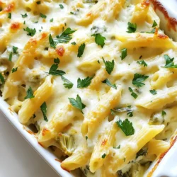- 8 oz (225 g) pasta (penne or rigatoni) - 1 can (14 oz) artichoke hearts, drained and chopped - 4 cups fresh spinach, roughly chopped - 1 cup cream cheese, softened - 1/2 cup sour cream - 1 cup grated Parmesan cheese - 1 cup shredded mozzarella cheese - 1 tablespoon olive oil - 3 cloves garlic, minced - 1 teaspoon fresh lemon juice - 1/2 teaspoon red pepper flakes (optional) - Salt and freshly ground black pepper to taste - Fresh parsley, chopped (for garnish) For this Spinach Artichoke Pasta Bake, I love using simple, fresh ingredients. The pasta serves as a great base. You can choose penne or rigatoni for that perfect bite. Artichoke hearts add a nice touch. They have a slight tang, which really brightens the dish. Fresh spinach brings color and nutrients. Plus, it wilts down nicely. The creamy sauce is the star here. Cream cheese gives it a rich, smooth texture. Sour cream adds a bit of tang, while Parmesan brings salty depth. I like to use shredded mozzarella on top for a gooey finish. It melts beautifully and creates that golden crust we all love. Don't forget the seasonings! Olive oil helps sauté the garlic, which adds wonderful flavor. A splash of lemon juice brightens everything up. If you like a bit of heat, the red pepper flakes are a great option. Just a pinch brings a delightful kick. Lastly, season with salt and pepper to suit your taste. Fresh parsley adds a pop of color and freshness when serving. Gather these ingredients, and you’ll be ready to make a delicious pasta bake that is sure to impress! {{ingredient_image_2}} - Preheat the oven to 350°F (175°C). - Cook 8 oz of pasta until al dente and drain it well. - In a large skillet, heat 1 tablespoon of olive oil over medium heat. - Add 3 minced garlic cloves and sauté until fragrant. - Toss in 1 can of chopped artichokes and 4 cups of roughly chopped spinach. - Cook until the spinach wilts, about 3 to 4 minutes. - In a bowl, whisk together 1 cup of softened cream cheese, 1/2 cup sour cream, and seasonings. - Mix in 1 cup of grated Parmesan cheese, 1 teaspoon lemon juice, and salt and pepper to taste. - Gently fold the cooked pasta into the creamy sauce and sautéed veggies. - Transfer the pasta mixture to a greased 9x13 inch baking dish. - Sprinkle 1 cup of shredded mozzarella cheese on top. - Bake for 25 to 30 minutes until the cheese bubbles and turns golden brown. To make your pasta bake great, cook the pasta al dente. This means you want it firm but not hard. When you cook the pasta too long, it gets mushy. I like to cook it just a minute less than the package says. After baking, let the dish cool for a few minutes. This helps the flavors mix better. It also makes it easier to serve. If you dig in right away, it might be too hot and messy. To boost the taste, add fresh herbs like basil or thyme. These herbs give a bright, fresh flavor. You can also add extra spices if you want some heat. Red pepper flakes are great if you like spice. Try using different cheeses for new flavors. For example, swap mozzarella for feta. This change gives the dish a tangy kick. Experiment with what you like best! Spinach artichoke pasta bake pairs well with simple sides. A fresh salad or garlic bread complements it nicely. You can also serve it with steamed veggies for a healthy touch. For a nice look, garnish the dish with chopped parsley. This adds color and makes your meal pop. You can also sprinkle more cheese on top right before serving for an extra cheesy delight! Pro Tips Cook Pasta Al Dente: Make sure to cook the pasta until it's just al dente, as it will continue to cook in the oven, preventing it from becoming mushy. Use Fresh Spinach: Fresh spinach not only adds vibrant color but also packs more nutrients compared to frozen spinach, enhancing the overall flavor of the dish. Customize Cheese Blend: Feel free to experiment with different cheese combinations like cheddar or gouda for a unique flavor profile that suits your taste. Rest Before Serving: Allow the pasta bake to rest for a few minutes after baking. This helps it set and makes it easier to serve without falling apart. {{image_4}} You can easily adjust the recipe to fit your diet. For a gluten-free option, swap regular pasta for gluten-free pasta. Many brands offer great flavors and textures that work well in this dish. If you're looking to make it vegan, use vegan cheese. Look for cream cheese and mozzarella that are dairy-free. They melt well and taste great in this pasta bake. Want to make it heartier? You can add cooked chicken or shrimp. Just toss them in when mixing the pasta and sauce. This adds protein and makes it more filling. You can also get creative with veggies. Try adding sun-dried tomatoes for sweetness or bell peppers for crunch. They bring new flavors and colors to your dish. Love a bit of heat? Adjust the red pepper flakes to your taste. Start with a little, then add more if you like. For an extra kick, drizzle some hot sauce on top before serving. This gives your meal a nice finishing touch and bright flavor. After you enjoy your Spinach Artichoke Pasta Bake, store any leftovers in the fridge. It lasts about three to four days when properly stored. Use an airtight container to keep it fresh. Cover the dish tightly with plastic wrap or foil if you don't have a container. This helps prevent the pasta from drying out. To reheat, you can use the oven or microwave. For the oven, preheat it to 350°F (175°C). Place the pasta bake in a baking dish and cover it with foil. Heat for about 15 to 20 minutes until it’s warm. In the microwave, use a microwave-safe dish. Heat in short bursts, stirring in between, until hot. This keeps the texture nice and creamy. If you want to freeze the pasta bake, do so before baking it. Wrap it tightly in plastic wrap and then in foil. This helps avoid freezer burn. It can stay frozen for up to three months. When you’re ready to bake, thaw it overnight in the fridge. Then bake as directed, adding a few extra minutes if needed to heat it through. Yes, you can use frozen spinach. It is a great time-saver. Just make sure to thaw and drain it well. This helps remove excess water. If you skip this step, the dish may turn watery. I suggest using about 2 cups of frozen spinach. It’s a good swap for the 4 cups of fresh spinach. Look for bubbling cheese on top. The pasta bake should also be golden brown. You can test the center with a knife. If it comes out hot, it’s ready to eat. Another sign is the aroma; it should smell delicious! Allow it to cool slightly before serving. This helps the cheese set a bit. Yes, you can make this dish in advance. Prepare it up to the baking step. Cover it well and store it in the fridge for one day. When ready, bake it straight from the fridge. Just add a few extra minutes to the baking time. This makes it perfect for busy days or gatherings! This pasta bake blends artichokes, spinach, and rich cheeses for a delicious meal. You learned how to prepare this dish from start to finish, ensuring a tasty result. Remember, you can adjust spices and add proteins for extra flavor. Follow the tips to enhance texture and freshness. Whether you store leftovers or freeze the dish, enjoy its taste later. I hope you find this recipe as delightful as I do. Cooking can be fun, so get creative in your kitchen!