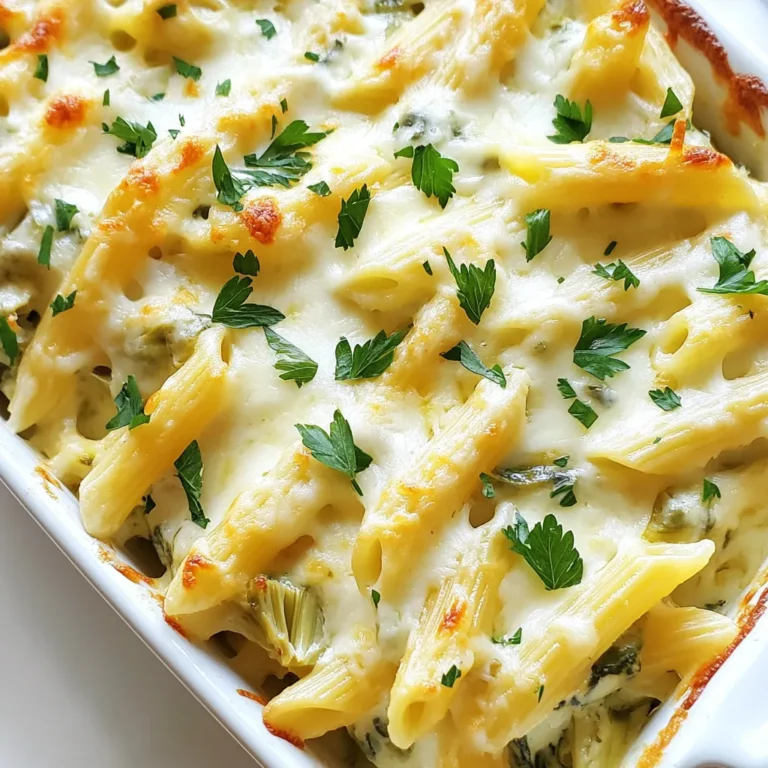 - 8 oz (225 g) pasta (penne or rigatoni) - 1 can (14 oz) artichoke hearts, drained and chopped - 4 cups fresh spinach, roughly chopped - 1 cup cream cheese, softened - 1/2 cup sour cream - 1 cup grated Parmesan cheese - 1 cup shredded mozzarella cheese - 1 tablespoon olive oil - 3 cloves garlic, minced - 1 teaspoon fresh lemon juice - 1/2 teaspoon red pepper flakes (optional) - Salt and freshly ground black pepper to taste - Fresh parsley, chopped (for garnish) For this Spinach Artichoke Pasta Bake, I love using simple, fresh ingredients. The pasta serves as a great base. You can choose penne or rigatoni for that perfect bite. Artichoke hearts add a nice touch. They have a slight tang, which really brightens the dish. Fresh spinach brings color and nutrients. Plus, it wilts down nicely. The creamy sauce is the star here. Cream cheese gives it a rich, smooth texture. Sour cream adds a bit of tang, while Parmesan brings salty depth. I like to use shredded mozzarella on top for a gooey finish. It melts beautifully and creates that golden crust we all love. Don't forget the seasonings! Olive oil helps sauté the garlic, which adds wonderful flavor. A splash of lemon juice brightens everything up. If you like a bit of heat, the red pepper flakes are a great option. Just a pinch brings a delightful kick. Lastly, season with salt and pepper to suit your taste. Fresh parsley adds a pop of color and freshness when serving. Gather these ingredients, and you’ll be ready to make a delicious pasta bake that is sure to impress! {{ingredient_image_2}} - Preheat the oven to 350°F (175°C). - Cook 8 oz of pasta until al dente and drain it well. - In a large skillet, heat 1 tablespoon of olive oil over medium heat. - Add 3 minced garlic cloves and sauté until fragrant. - Toss in 1 can of chopped artichokes and 4 cups of roughly chopped spinach. - Cook until the spinach wilts, about 3 to 4 minutes. - In a bowl, whisk together 1 cup of softened cream cheese, 1/2 cup sour cream, and seasonings. - Mix in 1 cup of grated Parmesan cheese, 1 teaspoon lemon juice, and salt and pepper to taste. - Gently fold the cooked pasta into the creamy sauce and sautéed veggies. - Transfer the pasta mixture to a greased 9x13 inch baking dish. - Sprinkle 1 cup of shredded mozzarella cheese on top. - Bake for 25 to 30 minutes until the cheese bubbles and turns golden brown. To make your pasta bake great, cook the pasta al dente. This means you want it firm but not hard. When you cook the pasta too long, it gets mushy. I like to cook it just a minute less than the package says. After baking, let the dish cool for a few minutes. This helps the flavors mix better. It also makes it easier to serve. If you dig in right away, it might be too hot and messy. To boost the taste, add fresh herbs like basil or thyme. These herbs give a bright, fresh flavor. You can also add extra spices if you want some heat. Red pepper flakes are great if you like spice. Try using different cheeses for new flavors. For example, swap mozzarella for feta. This change gives the dish a tangy kick. Experiment with what you like best! Spinach artichoke pasta bake pairs well with simple sides. A fresh salad or garlic bread complements it nicely. You can also serve it with steamed veggies for a healthy touch. For a nice look, garnish the dish with chopped parsley. This adds color and makes your meal pop. You can also sprinkle more cheese on top right before serving for an extra cheesy delight! Pro Tips Cook Pasta Al Dente: Make sure to cook the pasta until it's just al dente, as it will continue to cook in the oven, preventing it from becoming mushy. Use Fresh Spinach: Fresh spinach not only adds vibrant color but also packs more nutrients compared to frozen spinach, enhancing the overall flavor of the dish. Customize Cheese Blend: Feel free to experiment with different cheese combinations like cheddar or gouda for a unique flavor profile that suits your taste. Rest Before Serving: Allow the pasta bake to rest for a few minutes after baking. This helps it set and makes it easier to serve without falling apart. {{image_4}} You can easily adjust the recipe to fit your diet. For a gluten-free option, swap regular pasta for gluten-free pasta. Many brands offer great flavors and textures that work well in this dish. If you're looking to make it vegan, use vegan cheese. Look for cream cheese and mozzarella that are dairy-free. They melt well and taste great in this pasta bake. Want to make it heartier? You can add cooked chicken or shrimp. Just toss them in when mixing the pasta and sauce. This adds protein and makes it more filling. You can also get creative with veggies. Try adding sun-dried tomatoes for sweetness or bell peppers for crunch. They bring new flavors and colors to your dish. Love a bit of heat? Adjust the red pepper flakes to your taste. Start with a little, then add more if you like. For an extra kick, drizzle some hot sauce on top before serving. This gives your meal a nice finishing touch and bright flavor. After you enjoy your Spinach Artichoke Pasta Bake, store any leftovers in the fridge. It lasts about three to four days when properly stored. Use an airtight container to keep it fresh. Cover the dish tightly with plastic wrap or foil if you don't have a container. This helps prevent the pasta from drying out. To reheat, you can use the oven or microwave. For the oven, preheat it to 350°F (175°C). Place the pasta bake in a baking dish and cover it with foil. Heat for about 15 to 20 minutes until it’s warm. In the microwave, use a microwave-safe dish. Heat in short bursts, stirring in between, until hot. This keeps the texture nice and creamy. If you want to freeze the pasta bake, do so before baking it. Wrap it tightly in plastic wrap and then in foil. This helps avoid freezer burn. It can stay frozen for up to three months. When you’re ready to bake, thaw it overnight in the fridge. Then bake as directed, adding a few extra minutes if needed to heat it through. Yes, you can use frozen spinach. It is a great time-saver. Just make sure to thaw and drain it well. This helps remove excess water. If you skip this step, the dish may turn watery. I suggest using about 2 cups of frozen spinach. It’s a good swap for the 4 cups of fresh spinach. Look for bubbling cheese on top. The pasta bake should also be golden brown. You can test the center with a knife. If it comes out hot, it’s ready to eat. Another sign is the aroma; it should smell delicious! Allow it to cool slightly before serving. This helps the cheese set a bit. Yes, you can make this dish in advance. Prepare it up to the baking step. Cover it well and store it in the fridge for one day. When ready, bake it straight from the fridge. Just add a few extra minutes to the baking time. This makes it perfect for busy days or gatherings! This pasta bake blends artichokes, spinach, and rich cheeses for a delicious meal. You learned how to prepare this dish from start to finish, ensuring a tasty result. Remember, you can adjust spices and add proteins for extra flavor. Follow the tips to enhance texture and freshness. Whether you store leftovers or freeze the dish, enjoy its taste later. I hope you find this recipe as delightful as I do. Cooking can be fun, so get creative in your kitchen!