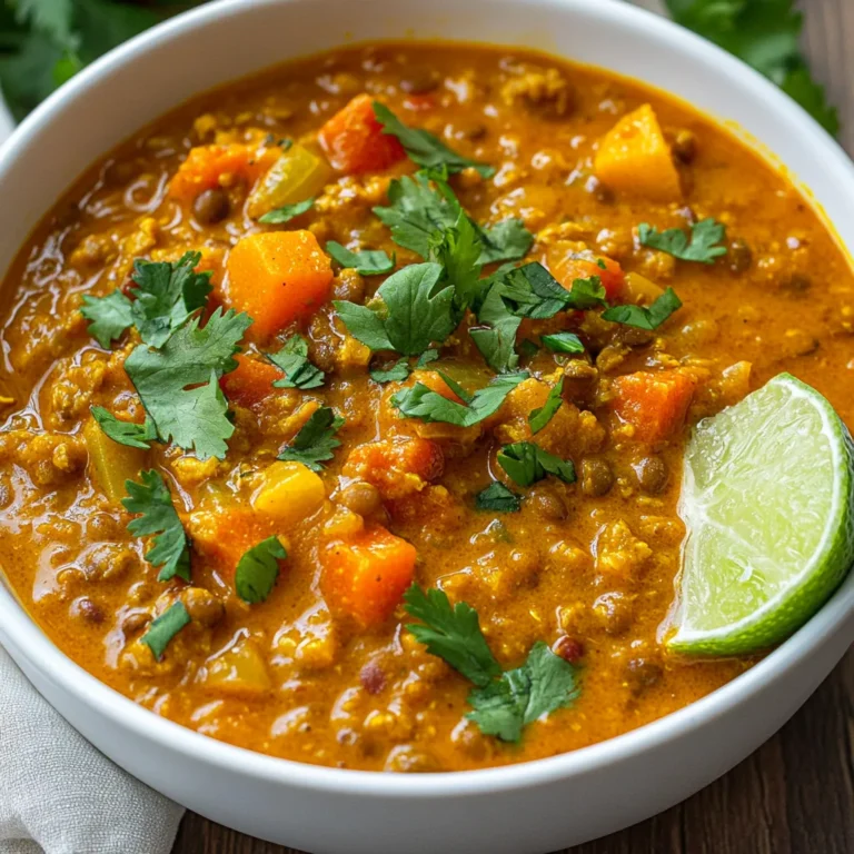 To make a creamy coconut lentil curry, you need the following: - 1 cup red lentils, thoroughly rinsed - 1 can (14 oz) coconut milk, full-fat for creaminess - 1 medium onion, finely diced - 2 cloves garlic, finely minced - 1 inch fresh ginger, grated - 1 medium carrot, peeled and diced - 1 bell pepper, diced (choose your favorite color for a vibrant dish) - 1 can (14 oz) diced tomatoes, undrained - 2 cups vegetable broth, low-sodium recommended These ingredients form the base of your dish. The red lentils cook quickly and absorb flavors well. Coconut milk adds creaminess and a hint of sweetness. Fresh vegetables, like onion and bell pepper, add texture and taste. Canned tomatoes add acidity to balance the richness. The right spices make this curry shine. You will need: - 2 tablespoons curry powder, adjust to taste - 1 teaspoon turmeric powder, for color and health benefits - 1 teaspoon cumin powder, for depth of flavor - Salt and freshly ground black pepper to taste These spices create a warm and inviting flavor profile. Curry powder brings warmth, while turmeric adds a beautiful golden hue. Cumin enhances the earthy notes, making the dish comforting and satisfying. To elevate your curry, consider these garnishes: - Fresh cilantro, chopped (for garnish) - Lime wedges (for serving, add a zesty touch) - Naan bread or rice Fresh cilantro adds brightness, while lime wedges give a burst of acidity. Serving with naan bread or rice makes it a complete meal. You can dip the naan in the curry or scoop it up with rice for a delightful experience. {{ingredient_image_2}} 1. First, heat olive oil in a large saucepan over medium heat. 2. Once the oil is hot, add the finely diced onion. Sauté it for about 5 minutes. The onion should become soft and translucent. 3. Next, stir in the minced garlic and freshly grated ginger. Cook for 1 to 2 minutes. This will make your kitchen smell amazing! 4. Now, add the diced carrot and bell pepper to the pan. Mix gently and cook for an additional 5 minutes. The veggies should soften a bit. 1. Sprinkle the curry powder, turmeric, and cumin into the pan. Stir well to coat the vegetables. 2. Cook this mixture for 1 to 2 minutes. This step enhances the aromatic flavors of the spices. 1. Carefully mix in the rinsed red lentils, undrained diced tomatoes, coconut milk, and vegetable broth. Stir until everything is well-blended. 2. Bring the curry to a gentle simmer. Once it starts bubbling, lower the heat to low. 3. Cover the pan and let it cook for 20 to 25 minutes. Stir occasionally until the lentils are tender and the curry thickens. 4. Taste your curry and add salt and freshly ground black pepper as needed. If you want a thinner curry, add more vegetable broth or water. 5. After cooking, let the curry rest for a few minutes. This will help the flavors meld together. Serve warm with fresh cilantro on top and lime wedges on the side. Enjoy! To make your curry just right, adjust the consistency. If it seems too thick, add vegetable broth or water. Stir a bit, and check the texture. You want it creamy but not too runny. For flavor, balance spices to your taste. Start with the recommended curry powder. If you want more heat, add a bit more. Taste as you go to find your perfect mix. Prep your ingredients in advance. Chop your onion, garlic, ginger, carrot, and bell pepper before cooking. This will save you time and keep things organized. Also, for quick-cooking lentils, red lentils are a great choice. They cook faster than other types. You can rinse and add them right into your curry. This simple step cuts down your cooking time. Serving your curry can be fun! Deep bowls work best, and a sprinkle of cilantro on top adds color. Don’t forget lime wedges on the side. They add a zesty touch. For side dishes, naan bread or rice complements the curry well. Both soak up the creamy sauce nicely. Enjoying your meal with friends or family makes it even better! Pro Tips Use Fresh Spices: Freshly ground spices have more flavor and aroma compared to pre-ground ones. Consider grinding your own cumin and curry powder for a more vibrant taste. Adjust Consistency: If you prefer a thinner curry, gradually add vegetable broth or water until you reach your desired consistency. This allows for customization based on personal preference. Let it Rest: Allowing the curry to rest for a few minutes after cooking helps the flavors meld together, resulting in a more harmonious dish. Garnish Creatively: Enhance presentation and flavor by garnishing with toasted coconut flakes or a drizzle of coconut cream alongside the cilantro and lime wedges. {{image_4}} You can easily make this dish gluten-free. All the ingredients I use, like lentils and coconut milk, are naturally gluten-free. Just make sure any broth or spices are labeled gluten-free. For vegan options, this recipe is already vegan. The coconut milk adds creaminess without any animal products. If you want to mix things up, try different vegetables. Sweet potatoes or zucchini work well in this curry. You can also use spinach for a nice color and added nutrients. For legumes, red lentils are great, but you can also use chickpeas or green lentils. These will change the texture but still taste amazing. If you like it spicy, add chili or cayenne to the curry. Start with a little, then taste and adjust for your heat level. Try adding fresh herbs like basil or mint. They give a fresh twist to the dish. You can also use cilantro or parsley for garnish to enhance flavor. To keep your creamy coconut lentil curry fresh, store it in a sealed container. Let it cool to room temperature before sealing. This helps lock in flavors and keeps it safe. The curry lasts about 4 to 5 days in the fridge. Make sure to label it with the date for easy tracking. To freeze your curry, use a freezer-safe container. Divide the curry into portions, allowing space at the top for expansion. Seal tightly to prevent freezer burn. The curry can stay good in the freezer for up to 3 months. For reheating, thaw it overnight in the fridge. Warm the curry gently on the stove or in the microwave. Add a splash of vegetable broth if it seems too thick. Got leftovers? You can use them in many fun ways! Mix the curry into a grain bowl with quinoa or rice. You can also spread it on a wrap with fresh veggies for a tasty lunch. Another idea is to make a savory soup by adding more broth and some greens. The options are endless, so let your creativity shine! Yes, you can make this curry ahead of time. It tastes even better after sitting for a day. To prep, follow the recipe as usual. Allow it to cool, then store it in an airtight container. Keep it in the fridge for up to three days. When ready to eat, simply reheat it on the stove or in the microwave. If it thickens too much, add a splash of vegetable broth when reheating. Adjusting the spice level is easy. For a milder curry, reduce the curry powder to one tablespoon. You can also skip any chili or hot spices. If you prefer more heat, add a pinch of cayenne pepper or chopped chili. Start small and taste as you go. This way, you can find your perfect spice level. This curry pairs well with many sides. Serve it with fluffy rice or warm naan bread for a complete meal. You can also add a fresh salad on the side. A simple cucumber salad adds a nice crunch. For a boost of flavor, squeeze some lime juice over the dish before serving. Enjoying this curry with these sides will make your meal even more satisfying. In this blog post, we explored how to make creamy coconut lentil curry. I covered essential ingredients like red lentils, coconut milk, and fresh veggies. Next, I guided you through the cooking steps to build rich flavor. I shared tips on perfecting texture and offered variations based on dietary needs. Remember, you can store leftovers and even get creative with them. This curry is not just a meal; it’s a chance to experiment and enjoy. Cook it, share it, and savor every bite!