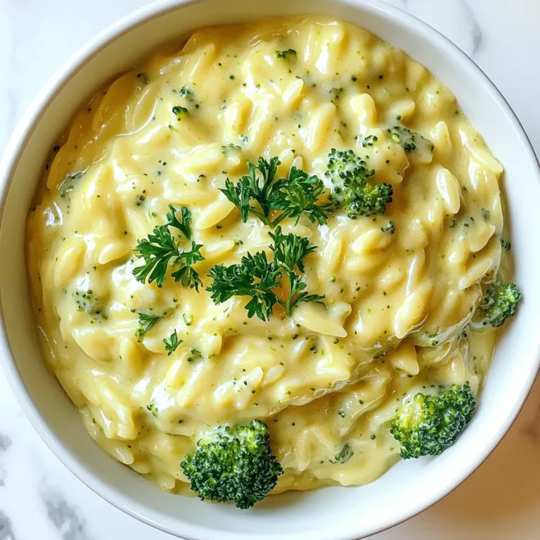 To make Creamy Broccoli Cheddar Orzo, you will need the following ingredients: - 1 cup orzo pasta - 2 cups broccoli florets - 1 cup sharp cheddar cheese, shredded - 2 cups vegetable broth - 1 cup whole milk - 2 tablespoons unsalted butter - 2 tablespoons all-purpose flour - 1 small onion, finely diced - 2 cloves garlic, minced - 1 teaspoon Dijon mustard - Salt and black pepper to taste - Fresh parsley, chopped, for garnish (optional) Each ingredient plays an important role in this dish. The orzo pasta absorbs the creamy sauce, while the broccoli adds a nice crunch and color. Sharp cheddar cheese gives a rich flavor, making the dish comforting and satisfying. The vegetable broth and whole milk create a smooth base, while butter and flour help to thicken it. Onion and garlic add depth and aroma, and the Dijon mustard brings a touch of tanginess. Finally, season with salt and pepper to enhance all the flavors. Enjoy this simple yet delicious recipe with fresh parsley on top for a beautiful finish! {{ingredient_image_2}} 1. Start by melting 2 tablespoons of unsalted butter in a large saucepan over medium heat. Wait until it begins to froth. 2. Add 1 small finely diced onion to the pan. Sauté it for 3-4 minutes. You want the onion to be soft and translucent. 3. Next, add 2 minced cloves of garlic. Cook for 1 more minute while stirring constantly. This makes the garlic fragrant. 4. Now, stir in 2 tablespoons of all-purpose flour. Whisk it for 2 minutes until it forms a smooth roux. This will thicken your sauce. 1. Pour in 2 cups of vegetable broth slowly while whisking. This helps prevent lumps. Bring the mixture to a gentle simmer. 2. Once simmering, add 1 cup of orzo pasta. Stir well, and cook for 8-10 minutes. Stir often to keep the orzo from sticking. 3. With 3 minutes left, gently fold in 2 cups of broccoli florets. Cook until both the orzo and broccoli are tender and bright. 1. Reduce the heat to low. Stir in 1 cup of whole milk and 1 teaspoon of Dijon mustard. This adds creaminess and depth. 2. Gradually mix in 1 cup of shredded sharp cheddar cheese. Stir until it's fully melted, creating a creamy sauce. 3. Taste your dish and season with salt and black pepper to your liking. If it seems too thick, add a splash more milk for a creamier texture. 4. Serve the orzo warm, garnished with fresh chopped parsley for a pop of color if you like. - Adjusting thickness with milk: If your sauce is too thick, just add a bit more milk. Start with a small splash and stir well. This will help you reach the perfect creaminess without losing flavor. The milk adds richness while making the sauce smooth. - Achieving the right cheese melt: For a great melt, use finely shredded cheese. This helps it blend into the sauce easily. Stir it in gradually and watch it melt completely. If it clumps, keep stirring. A smooth cheese sauce is key to a delightful dish. - Monitoring cooking time: Orzo cooks quickly, so keep an eye on it. Check for doneness after about 8 minutes. It should be firm but not hard. Remember, it will continue to cook a bit even after you take it off the heat. - Preventing orzo from sticking: Stir the orzo often while it cooks. This keeps it from clumping together. Adding a splash of broth or water can also help if it starts to stick. A little attention will keep your orzo perfect and fluffy. Pro Tips Fresh Broccoli: Using fresh broccoli florets instead of frozen will enhance the flavor and texture of your dish, giving it a vibrant color and crunch. Cheese Selection: For a more complex flavor, try mixing different types of cheese such as Gruyère or Monterey Jack with the sharp cheddar. Adjusting Consistency: If your sauce becomes too thick, add a little more milk or broth gradually until you reach your desired creaminess. Herb Infusion: Add a pinch of dried herbs like thyme or oregano while cooking for an extra layer of flavor that complements the broccoli and cheese. {{image_4}} You can switch up the cheese for a new twist. Mozzarella gives a lovely stretch. Gouda adds a rich, smoky flavor. Both can work well in this dish. If you want even more creaminess, add cream cheese. It blends in smoothly and makes the sauce richer. You can mix it in when you add the milk. This extra touch brings a new level of flavor. Feel free to get creative with your veggies. Spinach or peas can brighten up the dish. Their colors and textures add interest. If you don't have broccoli, try cauliflower. It cooks nicely and absorbs the sauce well. You can use the same cooking method. Just remember to cut your veggies into small pieces for even cooking. To keep your creamy broccoli cheddar orzo fresh, use an airtight container. Glass containers work great, as they do not retain odors. Place the orzo in the container and seal it tightly. Store it in the fridge for up to three days. When you want to enjoy your leftovers, you can reheat them on the stove or in the microwave. For the stove, place the orzo in a pan over low heat. Add a splash of milk to help keep it creamy. Stir often until it warms through. In the microwave, heat in short bursts, stirring in between. This way, you avoid hot spots. Adding a little milk or broth helps maintain the dish's creaminess. Enjoy your meal! Yes, you can use gluten-free orzo. Many brands offer great alternatives made from rice or corn. These options work well in this recipe. Just check the package for cooking times, as they may differ. Other pasta types like gluten-free penne or farfalle can also be fun to try. To make this dish vegan, swap out the cheese and milk. Use plant-based cheese, like cashew or almond cheese, that melts well. For milk, choose almond or oat milk. These substitutes keep the creamy texture without dairy. You can also add nutritional yeast for a cheesy flavor. Yes, you can make this dish ahead of time. Prepare the orzo and sauce, then cool it completely. Store it in an airtight container in the fridge for up to three days. When ready to eat, reheat gently on the stove. Add a splash of milk to keep it creamy. This blog post explored a delicious orzo pasta dish loaded with broccoli and cheese. We covered ingredients, step-by-step cooking instructions, and tips for the perfect creamy sauce. I also shared variations like using different cheeses and veggies. Lastly, we discussed storage and reheating methods. In the end, this recipe is flexible and fun. You can make it your own. Enjoy cooking and sharing this tasty dish with others!