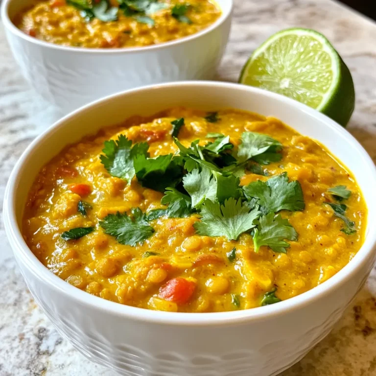- 1 cup red lentils, thoroughly rinsed - 1 can (400ml) creamy coconut milk - 1 medium-sized onion, finely diced - 3 cloves of garlic, minced - 1 tablespoon fresh ginger, minced - 1 medium ripe tomato, chopped - 2 tablespoons red curry paste - 2 cups vegetable broth (low-sodium preferred) - 1 teaspoon turmeric powder - 1 teaspoon cumin seeds - 2 tablespoons extra virgin olive oil - Salt and freshly ground black pepper to taste - Fresh cilantro leaves for garnish You can add a few extra ingredients to make this dish pop. Try adding: - A splash of lime juice for brightness - Chopped bell peppers for crunch - Spinach or kale for extra greens - A sprinkle of chili flakes for heat You can swap some ingredients if needed. For example: - Use green or brown lentils if you prefer. - Coconut milk can be replaced with almond or soy milk. - If you don’t have red curry paste, use yellow curry paste instead. - Fresh herbs can be swapped for dried ones, but use less. These options help you craft a dish that suits your taste. Feel free to experiment! {{ingredient_image_2}} First, gather all your ingredients. This makes cooking smooth and fun. You need: - 1 cup red lentils, thoroughly rinsed - 1 can (400ml) creamy coconut milk - 1 medium-sized onion, finely diced - 3 cloves of garlic, minced - 1 tablespoon fresh ginger, minced - 1 medium ripe tomato, chopped - 2 tablespoons red curry paste - 2 cups vegetable broth (low-sodium preferred) - 1 teaspoon turmeric powder - 1 teaspoon cumin seeds - 2 tablespoons extra virgin olive oil - Salt and freshly ground black pepper to taste - Fresh cilantro leaves for garnish Start by heating the olive oil in a large pot over medium heat. When the oil is hot, add the cumin seeds. Let them sizzle for about 30 seconds. This step brings out their flavor. Next, add the diced onion to the pot. Sauté it for about 5 minutes. You want the onion to soften and turn translucent. This builds a great base for your curry. Then, stir in the minced garlic and ginger. Sauté for another minute. This step fills your kitchen with yummy smells. Now, add the red curry paste and turmeric powder. Mix well with the onion mixture. Cook for 2 more minutes. Stir often to keep it from sticking. Incorporate the chopped tomato. Cook for 3 to 4 minutes. You want it to soften and break down, making a rich sauce. Now, add your rinsed lentils. Pour in the vegetable broth and coconut milk. Stir to mix everything well. Bring this to a gentle simmer. Once it's simmering, lower the heat. Let it simmer for 20 to 25 minutes. Stir occasionally. The lentils should be tender, and the curry should thicken. Finally, season with salt and freshly ground black pepper. If it’s too thick, add a splash of vegetable broth or water. This helps you get the right consistency. Serve your curry hot. Ladle it into deep, colorful bowls. Top with fresh cilantro leaves for a bright look. A wedge of lime on the side adds a zesty touch. Pair it with steaming rice or warm naan bread. Enjoy this creamy, flavorful meal! To get a smooth and creamy texture, use high-quality coconut milk. Look for brands with a high fat content. This gives your curry a rich mouthfeel. When adding the coconut milk, stir it in gently. This helps mix it well without making it too thin. If your curry is too thick, add a splash of vegetable broth. Spices are the heart of this dish. Start with cumin seeds for warmth. Sauté them in olive oil to release their aroma. Red curry paste adds heat and depth. Feel free to adjust the amount based on your taste. Turmeric gives a nice color and earthiness. You can also add a squeeze of lime for brightness at the end. Avoid using low-fat coconut milk if you want creaminess. It can make the curry watery. Don't skip sautéing the onion, garlic, and ginger. This step builds the base flavor. Also, be cautious with salt. Taste as you go, and adjust slowly. Lastly, don't rush the simmering process. Let the lentils cook until tender for the best texture. Pro Tips Fresh Ingredients: Using fresh garlic, ginger, and herbs will enhance the flavor of your curry significantly. Always opt for fresh over dried when possible. Adjusting Spice Levels: If you prefer a milder curry, start with less red curry paste and adjust according to your taste. You can always add more but it's hard to take it out! Consistency Control: If your curry becomes too thick, simply add a splash of vegetable broth or water to achieve your desired consistency without losing flavor. Garnish for Flavor: Fresh cilantro not only adds a beautiful touch but also enhances the overall flavor of the dish. Don’t skip this step! {{image_4}} You can try different lentils in this recipe. Red lentils cook fast and break down well. They give the curry a creamy texture. You can also use green or brown lentils. These lentils hold their shape better. They add a nice bite to the dish. If you choose these, adjust the cooking time. They may need a few extra minutes to cook fully. Adding veggies can boost nutrition and flavor. Consider adding spinach, carrots, or bell peppers. Spinach wilts nicely and brings a vibrant green color. Carrots add sweetness and crunch. Bell peppers add a crunchy texture and sweetness. You can add these veggies when you add the lentils. They will cook nicely in the curry. You can adjust the spice level to fit your taste. If you want it milder, use less red curry paste. You can add coconut sugar for sweetness if it's too spicy. For more heat, add fresh chili or chili flakes. If you don’t have red curry paste, try green or yellow curry paste. Each type brings its unique flavor and spice level. To store leftover Creamy Coconut Lentil Curry, let it cool first. Once cool, pour it into an airtight container. This keeps the curry fresh. Place it in the fridge. It will stay good for about 3 to 5 days. If you have a lot left, consider freezing it. When you want to reheat the curry, use a pot on the stove. Heat it over low to medium heat. Stir it often to avoid sticking. If it looks too thick, add a splash of water or broth. You can also use a microwave. Transfer the curry to a microwave-safe bowl. Cover it loosely and heat in short bursts. Stir in between to ensure even heating. To freeze Creamy Coconut Lentil Curry, use freezer-safe containers. Leave some space at the top for expansion. Label each container with the date for easy tracking. This curry can last up to 3 months in the freezer. When ready to eat, thaw it overnight in the fridge. Reheat as mentioned above for the best taste. Yes, this dish is vegan! The ingredients are plant-based. You use red lentils, coconut milk, and veggies. Just make sure your red curry paste does not contain any animal products. Most store brands are vegan-friendly, but it’s good to check the label. You can enjoy this creamy coconut lentil curry with peace of mind. This dish is already gluten-free! All the ingredients, like lentils and coconut milk, are safe for gluten-free diets. Just ensure that your vegetable broth is also gluten-free. Some brands may contain gluten, so always double-check the label. You can enjoy this meal without any worries about gluten. You can serve this curry with many sides. Here are some tasty options: - Steaming jasmine rice - Warm naan bread - Quinoa for a protein boost - A fresh salad for crunch These sides pair well and balance the rich flavors of the curry. Enjoy your meal! This blog post shared how to make a delicious Creamy Coconut Lentil Curry. We covered the key ingredients, with tips on adding flavors and making swaps. You learned step-by-step instructions on prep, cooking, and serving. I shared tips for the best creamy texture and common pitfalls to avoid. Finally, we looked at fun variations and how to store leftovers. Enjoy your curry journey, and feel free to experiment!