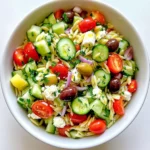 - 1 cup orzo pasta - 1 medium cucumber, diced into small cubes - 1 cup cherry tomatoes, halved lengthwise - 1/2 red onion, finely chopped - 1/2 cup Kalamata olives, pitted and thinly sliced - 1/2 cup feta cheese, crumbled into small pieces The heart of this Greek Orzo Salad lies in its fresh ingredients. Orzo pasta gives a nice base. It cooks quickly and has a fun shape. Next, we have fresh vegetables. The cucumber adds crunch, while cherry tomatoes bring sweetness. Red onion adds a sharp bite. Kalamata olives give a salty depth, and feta cheese adds creaminess. - 1/4 cup extra virgin olive oil - 2 tablespoons freshly squeezed lemon juice - 1 teaspoon dried oregano - Salt and freshly cracked black pepper to taste The dressing ties everything together. Extra virgin olive oil is rich and fruity. Fresh lemon juice brings brightness. Dried oregano adds that classic Mediterranean flavor. Season with salt and pepper for balance. Whisk them together for a smooth blend. - 1/4 cup fresh parsley, finely chopped - Additional feta cheese Garnishes add a finishing touch. Fresh parsley gives color and a fresh taste. Extra feta cheese makes it even richer. These small details elevate the dish, making it look and taste amazing. First, fill a large pot with water. Add a generous amount of salt. Bring the water to a rolling boil. Once boiling, add 1 cup of orzo pasta. Cook the orzo according to the package instructions, usually around 8 to 10 minutes. When it's al dente, drain the pasta. Rinse it under cold water to stop the cooking and cool it down. Set the orzo aside for later. For the vegetables, start with the cucumber. Dice 1 medium cucumber into small cubes. Next, take 1 cup of cherry tomatoes. Halve each tomato lengthwise. For the red onion, use 1/2 onion. Finely chop it. If using Kalamata olives, slice 1/2 cup of them thinly. Keep your knife skills sharp to make this easy. Now, it’s time to mix everything. In a large mixing bowl, combine the diced cucumber, halved cherry tomatoes, chopped red onion, and sliced olives. Add 1/2 cup of crumbled feta cheese to this mix. Gently fold in the cooled orzo pasta. Be careful not to break the feta. Next, prepare the dressing. In a small bowl, whisk together 1/4 cup of extra virgin olive oil, 2 tablespoons of freshly squeezed lemon juice, and 1 teaspoon of dried oregano. Add a pinch of salt and pepper to taste. Drizzle the dressing over the salad. Use a spatula to toss all the ingredients until they are evenly coated. Finally, sprinkle 1/4 cup of finely chopped parsley on top and give it one last gentle toss. Enjoy your fresh and colorful Greek Orzo Salad! To cook orzo well, start with a large pot of water. Bring it to a rolling boil. Add a good amount of salt; this helps flavor the pasta. Cook the orzo until it is al dente. This means it should have a slight bite. Drain the pasta and rinse it under cold water. This stops the cooking and cools it down. Rinsing also helps prevent a sticky mess. To boost flavor, consider adjusting the seasoning. You can add more lemon juice for a zesty touch. A pinch of red pepper flakes brings a bit of heat. Fresh herbs like basil or mint can add brightness. They pair well with the tangy feta and olives. Always taste as you go to find the right balance. For a lovely presentation, serve the salad in a big bowl. You can also use individual plates for a nice touch. Garnish with extra feta and a sprinkle of parsley. This adds a fresh and colorful look. A drizzle of olive oil just before serving makes it shine. Use these tips to impress your guests! {{image_4}} To make a vegan version of Greek orzo salad, swap out the feta cheese. Use vegan cheese or avocado for creaminess. For the dressing, replace the honey (if used) with maple syrup or agave syrup. This keeps it sweet without animal products. You can also add tahini or cashew cream for a rich, nutty flavor. You can boost the protein in your orzo salad. Add grilled chicken for a hearty meal. Shrimp is another tasty option; just sauté it with garlic and lemon. If you want a plant-based protein, chickpeas work great. They add texture and flavor. If you need a gluten-free option, try using quinoa or rice instead of orzo. Both are great at soaking up flavors. There are also gluten-free pasta brands that offer orzo. Just check the package to ensure it's safe. These alternatives will keep your salad delicious and satisfying. Store any leftover Greek Orzo Salad in an airtight container. Make sure it cools down first. Place it in the fridge within two hours of making it. This keeps the salad fresh and safe to eat. The salad will stay good for about three to four days. Before eating, stir it gently to mix the ingredients again. You may want to add a splash of olive oil or lemon juice to refresh the flavors. You can freeze Greek Orzo Salad if you have too much. However, some ingredients may change texture when thawed. To freeze, place the salad in a freezer-safe container. Leave some space at the top for expansion. It will keep well for about one to two months. When ready to eat, move it to the fridge overnight. Thaw it slowly for the best taste. After thawing, stir the salad and check for seasoning. You may need to add more salt or lemon juice. The salad is best when fresh. If stored correctly in the fridge, it can last for three to four days. If you freeze it, try to eat it within two months. Eating it sooner gives you the best taste and texture. Always check for signs of spoilage, like off smells or changes in color. Trust your senses, and you’ll enjoy this dish at its best! Orzo is a small, rice-shaped pasta. It is versatile and easy to use. You can add it to soups, salads, or serve it as a side dish. In Greek Orzo Salad, orzo brings a nice chewy texture. Cooking orzo is simple. Just boil it in salted water until it's al dente. Rinse it afterward to stop cooking. Yes, you can use different cheeses instead of feta. Some good options are goat cheese or mozzarella. Each cheese has a unique taste and texture. Goat cheese is creamy and tangy. Mozzarella adds a soft, mild flavor. Feel free to experiment with your favorite cheeses! Greek Orzo Salad stays fresh for about 3 to 5 days. Keep it in an airtight container. Before enjoying leftovers, check for any signs of spoilage. If it looks and smells good, it’s safe to eat. The flavors will deepen over time, making it even tastier! In this blog post, we explored how to make a delicious Greek Orzo Salad. We covered key ingredients like orzo, veggies, feta, and olives. You learned about making the dressing with olive oil, lemon juice, and spices. We also shared tips for cooking the orzo perfectly and enhancing the flavors. You now know about storage methods and can try different variations. Remember, this salad is fresh, tasty, and easy to customize! Enjoy your cooking adventure and share this flavorful dish with others.
