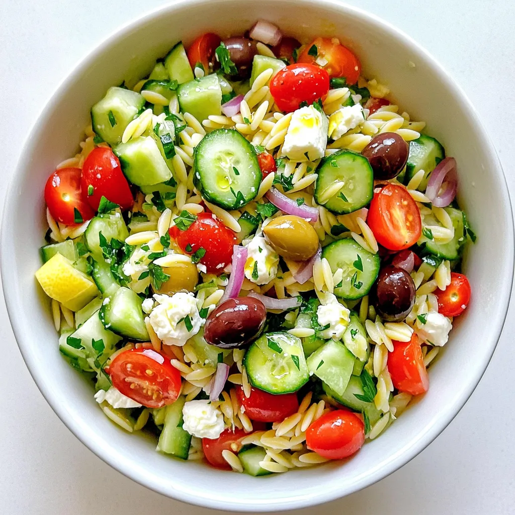- 1 cup orzo pasta - 1 medium cucumber, diced into small cubes - 1 cup cherry tomatoes, halved lengthwise - 1/2 red onion, finely chopped - 1/2 cup Kalamata olives, pitted and thinly sliced - 1/2 cup feta cheese, crumbled into small pieces The heart of this Greek Orzo Salad lies in its fresh ingredients. Orzo pasta gives a nice base. It cooks quickly and has a fun shape. Next, we have fresh vegetables. The cucumber adds crunch, while cherry tomatoes bring sweetness. Red onion adds a sharp bite. Kalamata olives give a salty depth, and feta cheese adds creaminess. - 1/4 cup extra virgin olive oil - 2 tablespoons freshly squeezed lemon juice - 1 teaspoon dried oregano - Salt and freshly cracked black pepper to taste The dressing ties everything together. Extra virgin olive oil is rich and fruity. Fresh lemon juice brings brightness. Dried oregano adds that classic Mediterranean flavor. Season with salt and pepper for balance. Whisk them together for a smooth blend. - 1/4 cup fresh parsley, finely chopped - Additional feta cheese Garnishes add a finishing touch. Fresh parsley gives color and a fresh taste. Extra feta cheese makes it even richer. These small details elevate the dish, making it look and taste amazing. First, fill a large pot with water. Add a generous amount of salt. Bring the water to a rolling boil. Once boiling, add 1 cup of orzo pasta. Cook the orzo according to the package instructions, usually around 8 to 10 minutes. When it's al dente, drain the pasta. Rinse it under cold water to stop the cooking and cool it down. Set the orzo aside for later. For the vegetables, start with the cucumber. Dice 1 medium cucumber into small cubes. Next, take 1 cup of cherry tomatoes. Halve each tomato lengthwise. For the red onion, use 1/2 onion. Finely chop it. If using Kalamata olives, slice 1/2 cup of them thinly. Keep your knife skills sharp to make this easy. Now, it’s time to mix everything. In a large mixing bowl, combine the diced cucumber, halved cherry tomatoes, chopped red onion, and sliced olives. Add 1/2 cup of crumbled feta cheese to this mix. Gently fold in the cooled orzo pasta. Be careful not to break the feta. Next, prepare the dressing. In a small bowl, whisk together 1/4 cup of extra virgin olive oil, 2 tablespoons of freshly squeezed lemon juice, and 1 teaspoon of dried oregano. Add a pinch of salt and pepper to taste. Drizzle the dressing over the salad. Use a spatula to toss all the ingredients until they are evenly coated. Finally, sprinkle 1/4 cup of finely chopped parsley on top and give it one last gentle toss. Enjoy your fresh and colorful Greek Orzo Salad! To cook orzo well, start with a large pot of water. Bring it to a rolling boil. Add a good amount of salt; this helps flavor the pasta. Cook the orzo until it is al dente. This means it should have a slight bite. Drain the pasta and rinse it under cold water. This stops the cooking and cools it down. Rinsing also helps prevent a sticky mess. To boost flavor, consider adjusting the seasoning. You can add more lemon juice for a zesty touch. A pinch of red pepper flakes brings a bit of heat. Fresh herbs like basil or mint can add brightness. They pair well with the tangy feta and olives. Always taste as you go to find the right balance. For a lovely presentation, serve the salad in a big bowl. You can also use individual plates for a nice touch. Garnish with extra feta and a sprinkle of parsley. This adds a fresh and colorful look. A drizzle of olive oil just before serving makes it shine. Use these tips to impress your guests! {{image_4}} To make a vegan version of Greek orzo salad, swap out the feta cheese. Use vegan cheese or avocado for creaminess. For the dressing, replace the honey (if used) with maple syrup or agave syrup. This keeps it sweet without animal products. You can also add tahini or cashew cream for a rich, nutty flavor. You can boost the protein in your orzo salad. Add grilled chicken for a hearty meal. Shrimp is another tasty option; just sauté it with garlic and lemon. If you want a plant-based protein, chickpeas work great. They add texture and flavor. If you need a gluten-free option, try using quinoa or rice instead of orzo. Both are great at soaking up flavors. There are also gluten-free pasta brands that offer orzo. Just check the package to ensure it's safe. These alternatives will keep your salad delicious and satisfying. Store any leftover Greek Orzo Salad in an airtight container. Make sure it cools down first. Place it in the fridge within two hours of making it. This keeps the salad fresh and safe to eat. The salad will stay good for about three to four days. Before eating, stir it gently to mix the ingredients again. You may want to add a splash of olive oil or lemon juice to refresh the flavors. You can freeze Greek Orzo Salad if you have too much. However, some ingredients may change texture when thawed. To freeze, place the salad in a freezer-safe container. Leave some space at the top for expansion. It will keep well for about one to two months. When ready to eat, move it to the fridge overnight. Thaw it slowly for the best taste. After thawing, stir the salad and check for seasoning. You may need to add more salt or lemon juice. The salad is best when fresh. If stored correctly in the fridge, it can last for three to four days. If you freeze it, try to eat it within two months. Eating it sooner gives you the best taste and texture. Always check for signs of spoilage, like off smells or changes in color. Trust your senses, and you’ll enjoy this dish at its best! Orzo is a small, rice-shaped pasta. It is versatile and easy to use. You can add it to soups, salads, or serve it as a side dish. In Greek Orzo Salad, orzo brings a nice chewy texture. Cooking orzo is simple. Just boil it in salted water until it's al dente. Rinse it afterward to stop cooking. Yes, you can use different cheeses instead of feta. Some good options are goat cheese or mozzarella. Each cheese has a unique taste and texture. Goat cheese is creamy and tangy. Mozzarella adds a soft, mild flavor. Feel free to experiment with your favorite cheeses! Greek Orzo Salad stays fresh for about 3 to 5 days. Keep it in an airtight container. Before enjoying leftovers, check for any signs of spoilage. If it looks and smells good, it’s safe to eat. The flavors will deepen over time, making it even tastier! In this blog post, we explored how to make a delicious Greek Orzo Salad. We covered key ingredients like orzo, veggies, feta, and olives. You learned about making the dressing with olive oil, lemon juice, and spices. We also shared tips for cooking the orzo perfectly and enhancing the flavors. You now know about storage methods and can try different variations. Remember, this salad is fresh, tasty, and easy to customize! Enjoy your cooking adventure and share this flavorful dish with others.