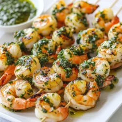 - 1 pound large shrimp, peeled and deveined - 2 tablespoons olive oil, divided - 1 teaspoon smoked paprika - Salt and black pepper, to taste - 1 cup fresh parsley, finely chopped - 1/2 cup fresh cilantro, finely chopped - 4 cloves garlic, minced - 1/4 teaspoon red pepper flakes - 2 tablespoons red wine vinegar - 1 tablespoon freshly squeezed lemon juice When making Chimichurri shrimp skewers, it's key to measure your ingredients well. The olive oil adds richness, while the smoked paprika gives a nice depth. You can swap shrimp for chicken or tofu if you want a different protein. Use lime juice instead of lemon juice if you like a twist. Fresh herbs are best, but dried can work in a pinch, though flavor may change. Fresh ingredients make a big difference in this dish. Fresh shrimp tastes better and cooks more evenly. Herbs like parsley and cilantro bring bright flavors. Garlic adds a punch, while lemon juice gives a nice zing. Using fresh items makes your dish vibrant and tasty. Plus, fresh produce is healthy! When you choose fresh, you ensure the best flavor and texture. {{ingredient_image_2}} To start, take a mixing bowl and add 2 tablespoons of olive oil. Then, sprinkle in 1 teaspoon of smoked paprika, salt, and black pepper to taste. Next, add 1 pound of peeled and deveined shrimp. Toss the shrimp well until they are fully coated in the marinade. Cover the bowl with plastic wrap. Let it sit in the fridge for at least 20 minutes. This waiting time helps the flavors mix and makes the shrimp more tasty. While the shrimp marinates, it’s time to make the chimichurri sauce. Grab another bowl and combine 1 cup of finely chopped parsley, 1/2 cup of finely chopped cilantro, and 4 minced garlic cloves. Add 1/4 teaspoon of red pepper flakes for some heat. Pour in 2 tablespoons of red wine vinegar and 1 tablespoon of freshly squeezed lemon juice. Slowly drizzle in the remaining 2 tablespoons of olive oil while stirring. Mix until everything is well combined. This sauce adds a fresh punch to the shrimp. Now, preheat your grill or grill pan to medium-high heat. It needs to be hot for a good sear. Carefully take the marinated shrimp and thread them onto skewers, about 4-5 shrimp per skewer. Make sure to leave space between each shrimp for even cooking. Place the skewers on the grill and cook for about 2-3 minutes per side. You want the shrimp to turn pink and opaque. Be careful not to overcook them; you want them tender and juicy. Once cooked, remove the skewers from the grill. Drizzle with chimichurri sauce or serve it on the side for dipping. Enjoy your flavorful meal! Grilling shrimp is simple if you follow a few key tips. First, make sure to use large shrimp. They hold up on the grill better. Next, soak wooden skewers in water for 30 minutes. This stops them from burning. When grilling, preheat your grill to medium-high heat. This helps to get a nice sear on the shrimp. To cook shrimp just right, watch for their color change. Shrimp should turn pink and opaque. Grill them for 2-3 minutes on each side. Overcooking makes shrimp rubbery. If you have a meat thermometer, the internal temperature should reach 120°F. Chimichurri sauce is all about fresh ingredients. Use fresh parsley and cilantro for the best taste. You can adjust the spice by adding more or less red pepper flakes. For a twist, try adding fresh herbs like oregano or basil. A splash of lime juice also brightens the flavor. Enjoy experimenting to find your perfect mix! Pro Tips Marinate for Maximum Flavor: Allow the shrimp to marinate for at least 20 minutes, but up to an hour for even bolder flavors. This helps the spices penetrate the shrimp, enhancing their taste. Skewer with Care: Use soaked wooden skewers to prevent burning, or opt for metal skewers for ease. Ensure to leave space between shrimp for even cooking and to avoid steaming. Grill Temperature is Key: Preheat your grill to medium-high heat to achieve a nice sear. If the grill is too cool, the shrimp may become rubbery. Serve Fresh: Serve the shrimp skewers immediately after grilling for the best texture and flavor. Garnish with extra herbs for a fresh touch and appealing presentation. {{image_4}} You can add heat to your chimichurri shrimp skewers. To do this, increase the red pepper flakes in the chimichurri sauce. Try using a spicy chili sauce in the shrimp marinade. You can also add jalapeños or serrano peppers to the chimichurri. This will give your dish a nice kick. Adjust the spice level to suit your taste. If you want a vegetarian option, try using mushrooms or zucchini instead of shrimp. You can slice the veggies into thick pieces for skewering. Marinate them the same way you do the shrimp. The chimichurri sauce still works great with these veggies. You can also try tofu as a protein-rich choice. There are many marinades you can use for shrimp. A simple garlic and lemon marinade is a classic. Just mix olive oil, lemon juice, garlic, and herbs. Another option is a soy sauce marinade. Combine soy sauce, honey, and ginger for a sweet and salty flavor. You can even try a Caribbean jerk marinade for a tropical twist. Each marinade adds a unique taste to your skewers. If you have extra shrimp skewers, store them in the fridge. Place them in an airtight container. They will last for up to two days. When you're ready to eat, you can enjoy them cold or warm. To keep your chimichurri sauce fresh, freezing is a great option. Pour the sauce into ice cube trays. Once frozen, transfer the cubes into a zip-top bag. This way, you can use just what you need later. The sauce will stay good for about three months in the freezer. For reheating, the oven works best. Preheat it to 350°F (175°C). Place the shrimp skewers on a baking sheet. Heat them for about 10 minutes or until warm. You can also reheat them in a skillet over medium heat for a few minutes. Just be careful not to overcook them. Enjoy your tasty shrimp skewers again! Chimichurri sauce is a bright, green sauce from Argentina. It includes parsley, cilantro, garlic, and spices. The vinegar and lemon juice add tang. You can use it on grilled meats or as a dip. I love its fresh taste and vibrant color. It makes any dish more exciting. You should marinate the shrimp for at least 20 minutes. This lets the flavors soak in. If you have more time, you can marinate for up to 2 hours. Just keep it in the fridge. This gives a deeper flavor to the shrimp. Yes, you can make parts of this recipe ahead of time. You can prepare the chimichurri sauce a day before. Keep it in a jar in the fridge. Just remember to stir before using. Marinate the shrimp just before grilling for the best taste. This keeps them fresh and tasty. Chimichurri shrimp skewers are full of flavor and easy to make. We explored the fresh ingredients needed, marinating steps, and grilling techniques. The right tips help you cook shrimp perfectly every time. You can also vary the recipe to suit your taste. Remember to store leftovers safely and reheat properly. Enjoy creating delicious skewers with these simple steps. Cooking can be fun and rewarding, so get started and share this recipe with friends!