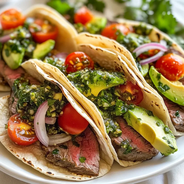 For these tasty tacos, you need: - 1 lb flank steak - 2 tablespoons olive oil (for seasoning) - Salt and black pepper, to taste - 8 small corn tortillas - 1 cup cherry tomatoes, halved - 1/2 cup red onion, finely chopped - 1 ripe avocado, sliced - Fresh cilantro leaves, for garnish These ingredients come together for a flavor-packed meal that’s easy to make. To create the chimichurri sauce, gather: - 1 cup fresh parsley, finely chopped - 1/2 cup fresh cilantro, finely chopped - 3 cloves garlic, minced - 1/2 teaspoon red pepper flakes (adjust for spice preference) - 1/4 cup olive oil - 2 tablespoons red wine vinegar (or substitute with apple cider vinegar) - Salt and black pepper, to taste This sauce adds depth and freshness to your tacos. When choosing your ingredients, look for: - Flank steak that is bright red and firm to the touch. - Fresh herbs that smell strong and vibrant. - Ripe avocados that yield slightly when pressed. - Tomatoes that are plump and colorful. - Onions that feel solid with no soft spots. I always recommend shopping at local markets for the best quality. Fresh ingredients make all the difference in flavor. {{ingredient_image_2}} To make the chimichurri sauce, start by gathering your fresh herbs. You will need parsley and cilantro. Chop them finely and place them in a medium bowl. Next, add the minced garlic and red pepper flakes. Pour in the olive oil and red wine vinegar. Season this mix with salt and black pepper to taste. Stir everything until well combined. Let the sauce sit for at least 20 minutes. This resting time lets the flavors mix well and taste even better. For the flank steak, first, rub both sides with olive oil. Sprinkle salt and black pepper generously. Preheat your grill or skillet over medium-high heat. It should be hot before you add the steak. Cook the steak for about 5-7 minutes on each side. If you like medium-rare, that’s the way to go. After cooking, let the steak rest for 5 minutes under foil. This step helps the juices stay in the meat. Now it’s time to build your tacos! Take a warm corn tortilla and lay it flat. Add a few slices of the rested steak in the center. Next, top it with halved cherry tomatoes and chopped red onion. Don’t forget the avocado slices; they add creaminess. Finally, spoon a generous amount of chimichurri sauce over everything. For a fresh touch, sprinkle cilantro leaves on top. Enjoy every bite while it’s hot! To boost flavor, start with fresh ingredients. Use ripe tomatoes and bright cilantro. Fresh herbs make a big difference. You can add cheese or hot sauce if you like. A squeeze of lime adds a nice zing. Layer flavors in each taco for the best taste. Slice the flank steak thinly. Use a sharp knife for clean cuts. Always cut against the grain. This method makes the meat more tender. Aim for slices about 1/4 inch thick. Letting the steak rest before slicing helps keep juices inside. This keeps the meat juicy and flavorful. Warm tortillas before using them. Heat a dry skillet over medium heat. Place one tortilla in the skillet for about 30 seconds. Flip it over and heat for another 30 seconds. The tortillas should be soft and pliable. This step keeps the tortillas from breaking when you fill them. Warm tortillas make your tacos even better! Pro Tips Rest the Steak: Allow the steak to rest after cooking to ensure the juices redistribute for a more flavorful and tender bite. Slice Against the Grain: Cutting the steak against the grain will help to break down the muscle fibers, resulting in a more tender texture. Customize the Chimichurri: Feel free to adjust the herbs and spices in your chimichurri sauce to suit your taste, adding more garlic or chili flakes for a bolder flavor. Keep Tortillas Warm: Wrap warm tortillas in a clean kitchen towel to keep them soft and pliable while you assemble your tacos. {{image_4}} You can swap the flank steak for other proteins. Chicken, shrimp, or pork work well. Each protein absorbs the chimichurri flavor nicely. If you choose chicken, use boneless thighs for juiciness. For shrimp, grill them just until they turn pink. Pork tenderloin gives a nice bite and pairs well with chimichurri. If you want a veggie option, consider grilled portobello mushrooms or roasted cauliflower. Both have great texture and flavor. You can also use black beans or lentils for protein. Adding grilled peppers or zucchini can boost the taste. Each option gives your tacos a fresh twist while keeping them hearty. Chimichurri comes in many styles. The classic version uses parsley and cilantro. However, you can try variations with different herbs. Basil or mint can create a unique flavor. You can also adjust the spice level. Add more red pepper flakes for heat or use jalapeños for a kick. Each version adds a new layer to your tacos, making them even more exciting. To keep leftover tacos fresh, start by separating the components. Place the steak, toppings, and tortillas in different containers. This helps prevent sogginess. Use airtight containers to seal in flavor. Store them in the fridge for up to three days. When you're ready to eat, gather your ingredients and assemble your tacos again. Chimichurri sauce lasts well in the fridge. Pour it into a clean jar and seal it tightly. It can stay fresh for up to one week. For longer storage, freeze the sauce in an ice cube tray. Once frozen, pop the cubes into a zip-top bag. This way, you can use a small amount whenever you need it. To reheat the steak, use a skillet over low heat. This keeps the meat juicy. Avoid the microwave, as it can dry out the steak. Warm the tortillas in a dry skillet for about 30 seconds on each side. This makes them soft again. Enjoy your tasty tacos just like the first time! Chimichurri sauce is a bright, green sauce from Argentina. It is made with fresh herbs, garlic, and vinegar. The main herbs are parsley and cilantro. This sauce is great for steak and adds a fresh taste. You mix it with olive oil to create a smooth texture. It has a hint of spice from red pepper flakes. It’s perfect for drizzling over tacos. Yes, you can use different cuts of steak. Skirt steak, sirloin, or ribeye all work well. Each has a unique flavor and tenderness. Just remember to adjust your cooking time based on thickness. Thinner cuts cook fast while thicker cuts take longer. Always slice against the grain for the best texture. To add spice to your tacos, increase the red pepper flakes in the chimichurri. You can also add fresh jalapeños or hot sauce to the tacos. For a smoky flavor, try adding smoked paprika to the chimichurri. Taste as you go to find your perfect heat level. Chimichurri steak tacos pair well with simple sides. Some great options include: - Mexican rice - Refried beans - Grilled corn on the cob - A fresh salad with lime dressing These sides balance the flavors and make a complete meal. Chimichurri sauce is vegan-friendly, as it contains only herbs, garlic, oil, and vinegar. If you want a vegan taco, try using grilled vegetables or tofu instead of steak. You can still enjoy the fresh flavors of chimichurri with a plant-based twist. Just skip the meat and load up on veggies! Chimichurri steak tacos are a fun dish to make at home. We covered fresh ingredients, how to make chimichurri sauce, and tips for cooking steak. Flavorful tacos come from good seasoning and warm tortillas. You can also mix things up with different proteins or make vegetarian options. Store leftovers properly to enjoy at another time. Now, you can impress friends and family with your tasty tacos! Enjoy every bite and keep experimenting in the kitchen.