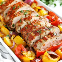 - 1 pound pork tenderloin - 2 tablespoons smoked paprika - 1 teaspoon garlic powder - 1 teaspoon onion powder - 1 teaspoon ground cumin - 1 teaspoon salt - ½ teaspoon freshly ground black pepper - 2 tablespoons extra virgin olive oil - 1 red bell pepper, sliced into strips - 1 yellow bell pepper, sliced into strips - 1 red onion, sliced into wedges - 1 zucchini, sliced into half-moons - Fresh parsley, chopped for garnish Using fresh and high-quality ingredients makes your meal taste better. Fresh pork will be tender and juicy. Opt for vibrant vegetables like bell peppers and zucchini. They add color and flavor. Good olive oil enhances the dish. Quality spices, like smoked paprika, bring depth to the flavor. Each ingredient plays a role in creating a balanced and delicious meal. You can swap ingredients based on what you have or prefer. For pork, chicken breast works well. If you lack smoked paprika, regular paprika can do in a pinch. You can replace the zucchini with asparagus or broccoli. For the bell peppers, any color works. If you are out of olive oil, use canola or avocado oil. These substitutions ensure you can still enjoy this dish without stress. {{ingredient_image_2}} First, preheat your oven to 425°F (220°C). This high heat helps to roast the pork and veggies quickly. Next, grab a large baking sheet. Line it with parchment paper. This makes cleanup easy and helps the food not stick. In a medium bowl, mix the spices. Add 2 tablespoons of smoked paprika, 1 teaspoon of garlic powder, 1 teaspoon of onion powder, 1 teaspoon of ground cumin, 1 teaspoon of salt, and ½ teaspoon of black pepper. Pour in 2 tablespoons of extra virgin olive oil. Stir until everything is well blended. This spice paste adds great flavor to the pork. Take your pork tenderloin, about 1 pound, and pat it dry with paper towels. Drying it helps to get a nice, tasty sear. Use your hands to rub the spice paste all over the pork. Make sure it covers every side. This will give the meat a delicious smoky taste. Now, slice up your veggies. You’ll need 1 red bell pepper and 1 yellow bell pepper sliced into strips. Slice 1 red onion into wedges and cut 1 zucchini into half-moons. On the lined baking sheet, place the sliced veggies around the pork. This creates a colorful and tasty bed for the meat. Drizzle a little more olive oil over the vegetables. Toss them gently so they are coated. Place the pork tenderloin in the center of the veggies. Roast everything in the oven for about 25-30 minutes. Keep an eye on it until the pork reaches an internal temperature of 145°F (63°C). The veggies will turn soft and sweet. When it’s done, take the baking sheet out of the oven. Let the pork rest for about 5-10 minutes. This helps the juices stay in the meat. After that, slice the pork into medallions. Serve it with the roasted vegetables beside it. Finish with a sprinkle of freshly chopped parsley for a lovely touch. To get the best smoky flavor, use quality smoked paprika. This spice gives the pork a deep, rich taste. Look for brands that use real smoke. Fresh spices work best, so check the date. You can also add a bit of chipotle powder for extra heat. Just remember, a little goes a long way! Resting the pork tenderloin is key. After cooking, let it sit for 5-10 minutes. This step helps the juices stay inside the meat. If you skip this, the juices run out, and your pork can dry out. Resting makes each bite tender and juicy. Trust me, it’s worth the wait! Using the right tools makes cooking easier. Here’s what you need for this recipe: - Large baking sheet - Parchment paper - Medium-sized mixing bowl - Meat thermometer - Sharp knife for slicing These tools help you cook with ease. A meat thermometer ensures the pork reaches 145°F. This prevents undercooking or overcooking. With these tips and tools, your Smoky Paprika Pork Tenderloin will shine! Pro Tips Resting the Meat: Allowing the pork tenderloin to rest after cooking is crucial for juicy, tender slices. This helps the juices redistribute throughout the meat. Customize the Vegetables: Feel free to mix and match your favorite seasonal vegetables. Carrots, broccoli, or sweet potatoes can add variety and nutrition. Enhance the Flavor: For an extra layer of flavor, marinate the pork tenderloin in the spice paste for a few hours or overnight before cooking. Check Doneness: Use a meat thermometer to ensure the pork reaches an internal temperature of 145°F (63°C) for perfect doneness and safety. {{image_4}} You can change the flavor by using different spices. Try a mix of chili powder and oregano for a zesty kick. For a sweeter taste, use cinnamon and nutmeg. You can even go for a curry blend to give it a warm, exotic feel. Just make sure to keep the smoked paprika for that smoky essence. Feel free to swap out the vegetables. You can use broccoli, asparagus, or carrots. These veggies roast well and add great color. For a more earthy taste, try mushrooms or sweet potatoes. Each vegetable brings its own unique flavor to the dish. Test different combinations to find your favorite mix. If you want a quicker method, use a grill instead of the oven. Just make sure to set the grill to medium heat. This will give the pork a nice char. You can also use a slow cooker for a tender outcome. Cook it on low for 6-8 hours, adding veggies halfway through. Each method offers a different taste experience while keeping the dish delightful. To keep your Smoky Paprika Pork Tenderloin fresh, allow it to cool first. Place it in an airtight container. If you have leftover veggies, store them in a separate container. This helps maintain their texture. When stored correctly, your pork can last up to three days in the fridge. When you're ready to enjoy the leftovers, preheat your oven to 350°F (175°C). Place the pork and veggies on a baking sheet. Heat them for about 15-20 minutes, or until warm. You can also use a microwave. Heat in short bursts of 30 seconds. Stir in between to ensure even warming. If you want to save some for later, freezing is a great choice. Wrap the pork tightly in plastic wrap and then in foil. This prevents freezer burn. You can freeze it for up to three months. For veggies, use a freezer-safe bag. Before you serve it again, thaw it overnight in the fridge. Reheat as mentioned above for best results. You can check the pork with a meat thermometer. The pork should reach 145°F (63°C) for safe eating. When done, the meat will be firm but not hard. If you cut into it, the juices should run clear, not pink. Yes, you can use fresh herbs! Fresh herbs add bright flavor. Use three times the amount of fresh herbs as dried. For example, if a recipe calls for 1 teaspoon of dried herbs, use 3 teaspoons of fresh. Many sides complement this dish. Consider serving it with: - Rice or quinoa - Roasted potatoes - A fresh garden salad - Steamed green beans - Grilled corn These sides balance the smoky flavors of the pork. Yes, you can prepare this recipe ahead of time. You can season the pork and cut the veggies a day in advance. Just store them in the fridge. When ready to cook, follow the roasting steps. Marinating overnight works well! It enhances the flavor. Just keep the pork in the fridge while it sits in the marinade. This allows the spices to soak in deeply, resulting in a more flavorful dish. This blog covered key steps to make a great pork tenderloin. We explored the best ingredients, their quality, and handy substitutes. I shared step-by-step instructions for prepping, cooking, and serving. You learned useful tips for flavor and cooking tools. I also gave you variations for spice blends and methods. Finally, we discussed storage and reheating options. Remember, great meals start with great ingredients and smart techniques. Enjoy your cooking adventure!