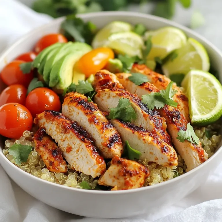 To make Cilantro Lime Quinoa Chicken, gather these ingredients: - 1 cup quinoa, thoroughly rinsed - 2 cups chicken broth (or water for a lighter option) - 2 boneless, skinless chicken breasts - 1 tablespoon extra virgin olive oil - 1 teaspoon ground cumin - 1 teaspoon smoked paprika - Salt and freshly ground pepper, to taste - Juice from 2 limes - Zest from 1 lime - 1/2 cup fresh cilantro, coarsely chopped - 1 cup cherry tomatoes, halved - 1 avocado, diced For those who like a little heat, consider adding: - 1 jalapeño, finely diced This brings a nice kick to your dish. If you prefer a milder flavor, feel free to skip it. This dish is not only tasty, but it is also healthy. Each serving offers a good balance of protein, healthy fats, and fiber. - Calories per serving: About 450 - Protein: 30g - Carbohydrates: 40g - Fat: 20g - Fiber: 10g Using chicken broth adds flavor and nutrients. Quinoa is a great source of protein and is gluten-free. Enjoy this dish knowing it fuels your body well! {{ingredient_image_2}} To start, rinse 1 cup of quinoa under cold water. This removes any bitter taste. Next, in a medium saucepan, mix the rinsed quinoa with 2 cups of chicken broth or water. Bring it to a boil. When it starts bubbling, lower the heat to a gentle simmer. Cover the pan and let it cook for about 15 minutes. You want the quinoa to be fluffy and absorb all the liquid. Once it's done, remove it from heat and fluff it with a fork. Set it aside for later. While the quinoa cooks, take 2 boneless, skinless chicken breasts. Season them well with 1 teaspoon each of ground cumin and smoked paprika. Add salt and fresh pepper to taste. Heat 1 tablespoon of extra virgin olive oil in a skillet over medium-high heat. When the oil shines, place the chicken breasts in the skillet. Cook each side for about 6-7 minutes. The chicken should get a nice, golden brown color. Make sure it cooks fully, reaching an internal temperature of 165°F (75°C). Once cooked, remove the chicken and let it rest for a few minutes. After resting, slice it into strips. In a large bowl, mix the fluffy quinoa with the juice and zest from 2 limes. Add 1/2 cup of coarsely chopped fresh cilantro. Then, toss in 1 cup of halved cherry tomatoes and 1 diced avocado. For some heat, include a finely diced jalapeño if you like. Gently mix everything together. You want to ensure all flavors blend well without squishing the avocado or tomatoes. To serve, place a generous scoop of the quinoa mix on a plate. Top it with the sliced chicken. Finish with more fresh cilantro for a colorful touch. Enjoy your meal! To get fluffy quinoa, always rinse it well. Rinsing removes bitter saponins. Use a medium saucepan and combine 1 cup of quinoa with 2 cups of chicken broth. Bring this mix to a boil, then lower the heat. Cover and let it simmer for about 15 minutes. Once done, fluff the quinoa with a fork. This gives it a light and airy texture. For the chicken, I recommend using ground cumin and smoked paprika. These spices add depth and warmth. Season the chicken breasts well with salt and pepper, too. Cook them in olive oil over medium-high heat. This method gives the chicken a nice golden crust while keeping it juicy inside. Make sure the internal temperature reaches 165°F. When you serve, arrange the quinoa mixture on a plate first. Then, slice the chicken into strips and place them on top. This adds height and makes the dish look appealing. A sprinkle of fresh cilantro on top adds color and freshness. You can also add a few cherry tomato halves for a pop of color. This makes your dish not only tasty but also visually stunning! Pro Tips Rinse the Quinoa: Always rinse quinoa thoroughly before cooking to remove its natural coating, called saponin, which can impart a bitter taste. Rest the Chicken: Let the cooked chicken rest for a few minutes before slicing. This helps retain its juices, making it more tender and flavorful. Avocado Timing: Add the diced avocado just before serving to prevent it from browning and ensure it remains fresh and vibrant in the dish. Customize the Heat: Adjust the amount of jalapeño according to your heat preference, or substitute with milder peppers if you prefer a less spicy dish. {{image_4}} If you want a vegetarian twist, swap the chicken for black beans or chickpeas. Both options add protein and fiber. Use the same spices for great flavor. You can also add extra veggies, like bell peppers or zucchini. These choices keep the dish lively and colorful. Good news! This recipe is naturally gluten-free. Just ensure you use gluten-free chicken broth if you want to keep it light. All the other ingredients, like quinoa and veggies, are gluten-free, making this dish safe for those with gluten sensitivities. To amp up the taste, consider adding different herbs. Fresh mint or parsley work well with cilantro. You can also include a splash of orange juice for a sweet twist. For spice lovers, add diced jalapeños or a pinch of cayenne pepper. These tweaks can make your dish even more exciting! To keep your cilantro lime quinoa chicken fresh, store it in an airtight container. Place the dish in the fridge within two hours of cooking. This helps prevent bacteria growth. The dish stays good for about three to four days. If you notice any strange smells or colors, it’s best to toss it out. You can freeze this dish for later use. To do this, allow it to cool completely. Then, transfer it to a freezer-safe container or bag. Be sure to remove as much air as possible. It can last up to three months in the freezer. When ready to eat, thaw it overnight in the fridge. When reheating, make sure it is heated all the way through. You can use the microwave or stovetop. If using a microwave, cover the dish to keep moisture in. Heat it for one to two minutes, stirring halfway. On the stovetop, warm it in a skillet over medium heat. Add a splash of chicken broth or water if it seems dry. Enjoy your flavorful dish! You can tell the chicken is cooked when it reaches 165°F (75°C). Use a meat thermometer for this. The chicken should also look golden brown and feel firm. If the juices run clear, it's a good sign too. Yes, you can prepare this dish ahead of time. Cook the quinoa and chicken, then store them separately. This helps keep the chicken juicy and the quinoa fluffy. You can mix them together when you're ready to serve. If you want to change things up, you can use rice or couscous. Both options work well and will soak up the flavors. Just adjust the cooking time based on what you choose. Absolutely! Cilantro lime quinoa chicken is great for meal prep. The flavors improve when stored. Make a big batch and portion it out for easy meals during the week. Just keep the avocado separate until serving. To change the spice level, add or remove the jalapeño. For a milder taste, leave it out. If you want more heat, add extra diced jalapeño or include a pinch of cayenne pepper. Taste as you go! This blog post covers all you need for a tasty dish. We explored key ingredients, step-by-step instructions, and helpful tips. I shared variations to fit different diets. Lastly, storage info ensures your meal stays fresh. In summary, you can create a delicious meal that's easy to enjoy any time. Embrace your kitchen skills, get cooking, and make it your own!