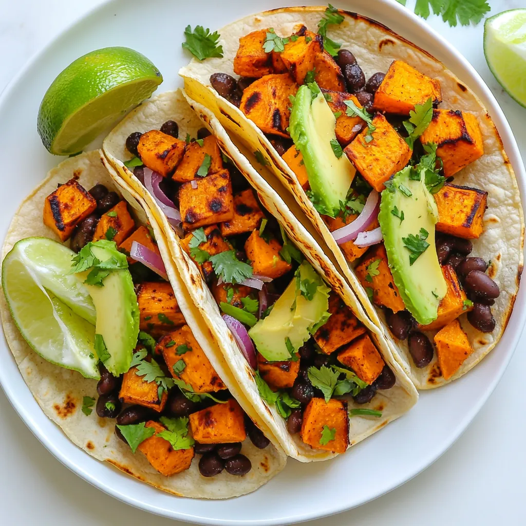 - 2 medium sweet potatoes, peeled and diced into ½-inch cubes - 1 can (15 oz) black beans, drained and rinsed thoroughly - 1 tablespoon extra virgin olive oil - 1 teaspoon ground cumin - 1 teaspoon smoked paprika - ½ teaspoon chili powder (adjust to taste) - Salt and black pepper, to taste - 8 small corn tortillas - 1 ripe avocado, sliced - ½ cup fresh corn (or frozen and thawed) - ¼ cup red onion, finely chopped - Fresh cilantro leaves, for garnish - Lime wedges, for garnishing and serving These ingredients create a fantastic mix of tastes and textures. Sweet potatoes give a touch of sweetness and creaminess. Black beans add protein and earthiness. The spices, like cumin and smoked paprika, bring warmth. Fresh corn gives a nice pop, while avocado adds richness. Red onion and cilantro provide crunch and brightness. Finally, lime juice adds a zesty finish. Each ingredient plays a part in making these tacos a flavor bomb! {{ingredient_image_2}} - First, preheat your oven to 425°F (220°C). This helps the sweet potatoes cook well. - In a large bowl, mix the diced sweet potatoes with olive oil, cumin, smoked paprika, chili powder, salt, and black pepper. Make sure every piece gets coated. - Spread the sweet potatoes on a baking sheet lined with parchment paper. Roast them for 25-30 minutes. Stir halfway to help them cook evenly. They should be tender and caramelized when done. - While the sweet potatoes roast, prepare the black bean filling. In a medium saucepan, combine the drained black beans and corn. - Heat this mixture over medium heat for 5-7 minutes. Stir occasionally until everything is warm and fragrant. - To warm the corn tortillas, heat a skillet on medium. Place each tortilla in the skillet for about 30 seconds on each side. This makes them pliable and easy to roll. - To prevent tearing, do not overheat them. Keep a close eye on them while warming. - Now, it’s time to assemble the tacos. Place a generous spoonful of roasted sweet potatoes in each warm tortilla. - Next, add a spoonful of the black bean and corn mixture on top. - Garnish each taco with sliced avocado, chopped red onion, and fresh cilantro. This adds a burst of flavor and color. - Serve the tacos with lime wedges for a zesty touch. Squeeze lime juice over the tacos right before enjoying. To get the best taste from your tacos, adjust the spices. Start by adding more chili powder if you like heat. For a warm, smoky taste, use more smoked paprika. Seasoning sweet potatoes is key. A pinch of salt and pepper brings out the natural sweetness. I find that mixing spices well ensures every bite bursts with flavor. Crispy sweet potatoes make a big difference. To achieve this, spread them out on the baking sheet. This allows them to roast evenly and get crispy edges. Another tip is to roast them long enough to caramelize. You can also explore different tortilla types. Corn tortillas are classic, but flour tortillas add softness. Each type changes the taco experience. Pair these tacos with fresh sides for a full meal. A simple salad or rice complements them well. When it comes to toppings, avocado adds creaminess. Chopped red onion gives a nice crunch. Fresh cilantro brightens the dish. Don’t forget lime wedges! A squeeze of lime just before eating adds a zesty kick. Pro Tips Roasting Sweet Potatoes: For the best flavor and texture, be sure to cut your sweet potatoes into uniform pieces. This helps them roast evenly and achieve that perfect caramelization. Heating Tortillas: To keep your tortillas warm and pliable, wrap them in a clean kitchen towel after heating. This will prevent them from drying out while you assemble the tacos. Customize Your Filling: Feel free to add other vegetables like bell peppers or zucchini to the black bean mixture for extra nutrients and flavor. You can also try different types of beans for variety. Serving Suggestions: For a fun twist, serve the tacos with a side of salsa or a drizzle of vegan sour cream. This adds extra creaminess and enhances the overall flavor profile. {{image_4}} You can change up the beans in this recipe. Try using pinto beans or kidney beans. Each option brings a unique taste. You can also mix beans for a fun twist. Feel free to add other veggies too. Bell peppers, zucchini, or mushrooms can work well. They add crunch and flavor to your tacos. Don’t be afraid to experiment! For a fresh take, serve these tacos in lettuce wraps. Use sturdy leaves, like romaine. They add a nice crunch and cut down on carbs. You can also use different tortillas. Flour tortillas are soft and chewy. Corn tortillas have a nice, earthy flavor. Try both and see which you like best! Want to spice things up? Add extra cumin or cayenne pepper to your sweet potatoes. Hot sauce can also give your tacos a kick. You might like to drizzle some creamy dressing on top. A simple lime vinaigrette or tahini sauce pairs well. It adds creaminess and tang to your meal! To keep your tacos fresh, store them properly. Place any leftover tacos in an airtight container. If you have extra ingredients, store them separately. This helps keep the tortillas from getting soggy. - Taco leftovers: Use an airtight container. - Sweet potatoes and black beans: Store in separate containers. Reheating sweet potatoes correctly is key. Use the oven for the best results. Heat them at 350°F until warm. This keeps them soft and tasty. For tortillas, heat a skillet. Place each tortilla in the skillet for a few seconds. This warms them up without drying them out. - Sweet potatoes: Reheat in the oven at 350°F. - Tortillas: Warm in a skillet for about 30 seconds each side. If you have leftovers, freezing is a great choice. Place sweet potatoes and black beans in freezer bags. Remove as much air as possible. This helps prevent freezer burn. To enjoy later, thaw the bags in the fridge overnight. Reheat the sweet potatoes and black beans before making your tacos again. - Freezing: Use freezer bags for sweet potatoes and beans. - Thawing: Leave in the fridge overnight before reheating. Yes, you can easily make these tacos gluten-free. Look for corn tortillas that are certified gluten-free. Many brands offer great options without gluten. Always check the labels to be sure. You can also use lettuce wraps if you want a fresh twist. To add spice, increase the chili powder in the sweet potato mix. You can also add jalapeños or hot sauce to the black bean filling. Sliced fresh peppers can add heat too. Try adding red pepper flakes for an extra kick! If you don’t have sweet potatoes, try butternut squash or regular potatoes. Carrots also work well for a sweet touch. You can even use zucchini if you want a lighter taco. You can store the assembled tacos in the fridge for up to two days. Keep the sweet potatoes and black beans separate to maintain freshness. If you want to keep them longer, freeze the sweet potato and black bean mix for up to three months. Just reheat before serving! This blog post covered a tasty taco recipe using sweet potatoes and black beans. You learned how to roast sweet potatoes, prepare the filling, and assemble the tacos. We shared tips for flavor and texture, along with storage options. These tacos are flexible and you can adjust ingredients based on your taste. Try different toppings or swap ingredients for a fun twist. Enjoy this healthy meal that’s easy to make and share!