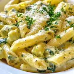 - 8 oz. pasta (penne or rotini) - 2 cups fresh spinach, roughly chopped - 1 cup canned artichoke hearts, rinsed, drained, and coarsely chopped - 1 cup cream cheese, softened to room temperature - 1/2 cup heavy cream - 1/2 cup finely grated Parmesan cheese - 1 tablespoon olive oil - 3 cloves garlic, finely minced - 1 teaspoon onion powder - Salt and freshly ground black pepper to taste - Red pepper flakes (optional, for a touch of heat) - Fresh parsley, chopped (for a vibrant garnish) You can swap the pasta type. Try whole wheat or gluten-free pasta if needed. For a lighter sauce, use Greek yogurt instead of cream cheese. This gives a tangy flavor too. If you want a dairy-free option, use cashew cream for a rich texture. You can replace the heavy cream with unsweetened almond milk for fewer calories. For added flavor, consider using fresh herbs like basil or thyme. This dish serves four people. Each serving offers about 400 calories. It has a good balance of protein and carbs, thanks to the pasta and cheese. You get fiber from spinach and artichokes, which is great for digestion. The dish also contains healthy fats from the olive oil and heavy cream. If you want to lower calories, reduce the cream and cheese. Just remember, the flavor might change a bit. {{ingredient_image_2}} To start, fill a large pot with salted water and bring it to a boil. Add 8 ounces of your chosen pasta, like penne or rotini. Cook it according to the package instructions until it is al dente. This usually takes about 8 to 10 minutes. When the pasta is done, drain it in a colander. Be sure to save a small cup of the pasta water for later. This water will help make the sauce creamy. Now, let’s make the sauce. In the same pot, heat 1 tablespoon of olive oil over medium heat. Once the oil is hot, add 3 cloves of finely minced garlic. Sauté the garlic for about 1 minute. You want it fragrant but not burnt. Next, add 2 cups of roughly chopped fresh spinach and 1 cup of canned artichoke hearts, rinsed and drained. Cook this mixture for around 3 to 4 minutes. Stir it occasionally until the spinach wilts and becomes tender. Now reduce the heat to low. Add 1 cup of softened cream cheese to the pot. Stir it continuously until it melts and mixes well. Gradually pour in 1/2 cup of heavy cream, mixing until you have a smooth sauce. Then, stir in 1/2 cup of finely grated Parmesan cheese and 1 teaspoon of onion powder. Season with salt and freshly ground black pepper to taste. If the sauce is too thick, add a splash of the reserved pasta water until it reaches your desired consistency. It’s time to bring it all together! Toss the cooked pasta into the pot with the sauce. Mix gently to coat each piece of pasta evenly with the creamy spinach-artichoke sauce. For a bit of heat, sprinkle some red pepper flakes on top. Adjust this to your taste. Before serving, taste the dish and add more salt and pepper if needed. Serve the pasta hot. Garnish it with freshly chopped parsley and some extra Parmesan cheese for a lovely finish. Enjoy! To make the sauce truly shine, use fresh ingredients. Fresh spinach adds color and taste. Rinse the artichoke hearts well; this helps reduce any canned taste. I love using cream cheese at room temperature. This makes it easier to blend into the sauce. Stir the cream cheese slowly with the garlic and spinach. This gives you a smooth and creamy texture. If the sauce is too thick, just add a bit of the reserved pasta water. This keeps the sauce light and silky. A dash of red pepper flakes can give it a nice kick. Taste as you go; adjusting flavors will make your dish pop! If you have leftovers, store them in an airtight container. Keep it in the fridge for up to three days. When reheating, add a splash of heavy cream or pasta water. This helps restore creaminess. Avoid the microwave if you want better quality; use the stove. Heat it on low, stirring gently until warm. This keeps the pasta from drying out. Serve Spinach Artichoke Pasta with a crisp salad. A side of garlic bread also pairs well. For drinks, try a light white wine. A refreshing lemonade goes nicely, too. You can top the dish with more Parmesan for extra flavor. Fresh parsley adds a lovely touch to your plate. For a gourmet twist, add grilled chicken or shrimp on top. This makes your meal even more filling. Pro Tips Use Fresh Ingredients: Opt for fresh spinach and high-quality artichoke hearts for a vibrant flavor and texture in your pasta dish. Adjust Creaminess: If you prefer a lighter sauce, substitute half of the cream cheese with Greek yogurt to maintain creaminess while reducing calories. Customize Cheese: Feel free to mix different cheeses like mozzarella or feta for a unique twist on the traditional flavor profile. Perfect Pasta Cooking: Ensure you cook pasta to al dente for the best texture; it will continue to cook slightly when mixed with the sauce. {{image_4}} To make this dish vegetarian, simply skip the cheese or use non-dairy cheese. For a vegan version, swap the cream cheese and heavy cream for cashew cream or coconut cream. This keeps the dish creamy and rich without any dairy. You can also add nutritional yeast for a cheesy flavor. Fresh herbs or lemon juice can brighten the dish too. Feel free to switch up the pasta. While penne and rotini work great, you can use spaghetti or fettuccine. You can also add other veggies like bell peppers or mushrooms. For extra protein, try adding chickpeas or white beans. They add texture and make the meal heartier. If you want more flavor, consider adding sun-dried tomatoes or olives. If you love heat, add red pepper flakes or diced jalapeños. You can adjust the spice to your taste. Start with a small amount and add more if you like it hotter. Another option is to mix in some sriracha or hot sauce into the sauce. This gives the dish a nice kick while keeping the creamy texture. Enjoy the burst of flavors! After enjoying your spinach artichoke pasta, store any leftovers in an airtight container. Make sure it cools down to room temperature before sealing. Store it in the fridge for up to three days. This keeps the flavors fresh and the pasta safe to eat. You can freeze the spinach artichoke pasta to enjoy later. First, let it cool completely. Then, place it in a freezer-safe container or bag. Remove as much air as possible to prevent freezer burn. It can last up to three months in the freezer. When you're ready to eat, thaw it in the fridge overnight. To reheat the pasta, you have a few options. For the microwave, place the pasta in a bowl and cover it with a damp paper towel. Heat for 1-2 minutes, stirring halfway through. On the stovetop, add the pasta to a pan with a splash of water or cream. Heat over medium-low, stirring gently until warm. This helps keep it creamy and delicious. Yes, you can use frozen spinach and artichokes. Just thaw them first. Drain any excess water. Frozen veggies can save time and still taste great. I like penne and rotini for this dish. They hold the sauce well. You can also try fettuccine or farfalle if you prefer. Just make sure to cook them al dente for the best texture. To make this dish gluten-free, simply swap regular pasta for gluten-free pasta. There are many good options available. Check the labels to ensure they fit your dietary needs. This blog post covered key ingredients and how to prepare a tasty dish. We discussed ingredient swaps and the dish's nutritional value. I shared step-by-step cooking instructions and tips for perfecting the sauce. You can also find variations for different diets and storage tips for leftovers. Remember, cooking is fun and creative. You can make this dish your own, so don’t hesitate to experiment. Enjoy your cooking journey, and savor each bite!