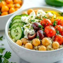 When making Greek quinoa power bowls, you need fresh and vibrant ingredients. Here’s a list to get you started: - 1 cup quinoa - 2 cups water - 1 cucumber, diced into small cubes - 1 cup cherry tomatoes, halved - 1 cup canned chickpeas, drained and rinsed thoroughly - 1/2 red onion, finely chopped - 1/2 cup feta cheese, crumbled - 1/4 cup Kalamata olives, pitted and sliced - 3 tablespoons extra virgin olive oil - 2 tablespoons freshly squeezed lemon juice - 1 teaspoon dried oregano - Salt and freshly ground black pepper to taste - Fresh parsley, chopped, for garnish Each ingredient plays a role in the flavor and texture of the dish. Quinoa serves as a hearty base. Fresh vegetables add crunch and color. Chickpeas provide protein and fiber. Feta cheese brings a creamy, salty touch. Kalamata olives add a rich, briny flavor. Olive oil and lemon juice create a bright dressing. Dried oregano gives an earthy taste, while salt and pepper enhance everything. Feel free to adjust the amounts to fit your taste! {{ingredient_image_2}} Rinsing and Cooking Start by rinsing the quinoa. Use a fine-mesh sieve to wash it under cold water. This helps remove any bitterness. Next, combine the rinsed quinoa with 2 cups of water in a medium saucepan. Bring it to a boil over high heat. Once it boils, reduce the heat to low. Cover the pot and let it simmer for about 15 minutes. When the water absorbs completely, remove it from heat. Keep it covered for another 5 minutes to steam. Finally, fluff the quinoa with a fork to make it light and airy. Combining Fresh Vegetables In a large mixing bowl, add your diced cucumber, halved cherry tomatoes, and finely chopped red onion. These fresh vegetables add crunch and flavor. Toss them gently to mix. Incorporating Chickpeas and Feta Next, add the rinsed chickpeas and crumbled feta cheese to the bowl. The chickpeas give protein while the feta adds creaminess. Gently toss everything together for an even mix. Whisking the Ingredients In a small bowl, whisk together the extra virgin olive oil, freshly squeezed lemon juice, and dried oregano. This dressing brings all the flavors together. Ensuring Proper Seasoning Add a pinch of salt and freshly ground black pepper to the dressing. Taste it and adjust if needed. You want it to be bright and zesty. Layering Quinoa and Vegetables To build your power bowls, place a scoop of fluffy quinoa at the bottom of each bowl. This forms a hearty base. Garnishing with Fresh Parsley Top the quinoa with the vibrant vegetable mixture. Finally, sprinkle freshly chopped parsley on top for a pop of color. This makes your bowl look fresh and inviting. Avoiding Bitterness To avoid bitterness, always rinse your quinoa. Use a fine-mesh sieve. Run cold water over it for about 2 minutes. This step removes the natural coating called saponin. Not rinsing can lead to a soapy taste in your dish. Fluffing Techniques After cooking, let the quinoa sit covered for 5 minutes. Then, use a fork to fluff it gently. This helps separate the grains and gives a light texture. Avoid using a spoon, as it can mash the quinoa. Choosing Alternative Oils While extra virgin olive oil is great, you can try other oils too. Avocado oil adds a rich flavor. Grapeseed oil can give a neutral taste. These oils can change the dish's vibe while keeping it healthy. Adding Herbal Flavors To enhance your dressing, consider adding fresh herbs. Basil, dill, or mint can brighten your meal. Mix these with the lemon juice and oil for a fresh twist. You can also add a bit of garlic for extra zing. Serving Ideas Serve your Greek quinoa power bowls in deep dishes. This allows for a colorful display. Layer the quinoa first, then the veggies. Add olives and feta on top for a beautiful look. Enhancing Visual Appeal Garnish with fresh parsley for a pop of green. You can also add lemon wedges on the side. This not only looks nice but also gives a hint of freshness. A drizzle of olive oil on top completes the dish. Pro Tips Rinse the Quinoa: Always rinse quinoa before cooking to remove its natural bitter coating, saponin, which can affect the flavor of your dish. Let it Steam: After cooking, let the quinoa rest covered for 5 minutes to allow it to steam, making it fluffier and more tender. Customize Your Bowls: Feel free to add other ingredients like bell peppers, avocados, or grilled chicken to personalize your power bowl to your taste. Fresh Herbs Matter: Using fresh parsley or other herbs as a garnish adds not only color but also a burst of flavor that enhances the overall dish. {{image_4}} You can boost the protein in your Greek quinoa power bowl in many ways. Grilled chicken or tofu is a great start. Simply season them with salt, pepper, and a bit of oregano before cooking. For a seafood twist, add shrimp. Cook the shrimp in olive oil until they turn pink. This adds a nice flavor and texture to your bowl. If you're vegan or vegetarian, you can make simple swaps. Use dairy-free cheese instead of feta. Many brands offer great options that melt well and taste good. You can also change the dressing. Try tahini or a simple lemon and olive oil mix. These keep your bowl fresh and tasty. Using seasonal vegetables can make your power bowl even better. In summer, add zucchini or bell peppers. In fall, consider roasted butternut squash or Brussels sprouts. Choose local produce whenever possible. This not only supports local farmers but also gives your bowl unique flavors. To keep your Greek quinoa power bowls fresh, store leftovers in the fridge. Use an airtight container to prevent moisture loss. This keeps your flavors bright and tasty. The quinoa can stay fresh in the fridge for about three to five days. If you want to store it longer, freezing is great. You can freeze the quinoa and veggies separately or together. Make sure to let them cool completely before freezing. Use freezer-safe containers or bags. They can last for up to three months in the freezer. For freshness, always check how long your ingredients last. Cooked quinoa will stay good for about five days in the fridge. Fresh veggies like cucumber and tomatoes last about three days. Look for signs of spoilage. If you see mold or a bad smell, it’s time to throw it away. Discoloration in veggies can also mean they are no longer fresh. Trust your senses to keep your meal safe and tasty! Yes, you can use other grains. Here are some great options: - Brown rice - Farro - Barley - Bulgur Each grain has its unique flavor and texture. Brown rice is chewy and full of fiber. Farro gives a nutty taste, while barley is hearty and filling. Bulgur cooks quickly and is light. You can swap any of these for quinoa in your power bowl. To make this dish gluten-free, choose gluten-free grains. Quinoa is naturally gluten-free. If you decide to use brown rice or another grain, ensure it is labeled gluten-free. Additionally, check your feta cheese and olives to confirm they are also gluten-free. Many brands are safe, but it's always best to read labels. You can enjoy a gluten-free Greek quinoa bowl without worry. If you need a substitute for feta cheese, consider these options: - Goat cheese - Ricotta - Vegan feta cheese Each cheese brings a different taste. Goat cheese is creamy and tangy. Ricotta is mild and soft. Vegan feta is made from nuts or tofu and works well for plant-based diets. Choose one that fits your taste and diet. Making this dish ahead of time is simple. Follow these steps: 1. Cook the quinoa and let it cool. 2. Chop and prepare your vegetables. 3. Store quinoa and veggies separately in the fridge. You can mix them together right before serving. This keeps everything fresh and tasty. The dressing can be stored in a jar. Just shake it before drizzling. This blog covered tasty power bowls made with quinoa, fresh veggies, and chickpeas. I shared simple steps for prepping, mixing, and dressing. You also learned how to enhance texture and try fun variations. Using seasonal ingredients keeps your meals fresh and bright. Store leftovers for a quick meal later. Remember, feel free to swap grains or cheeses as needed. Enjoy crafting your own healthy bowls, and let your creativity shine!