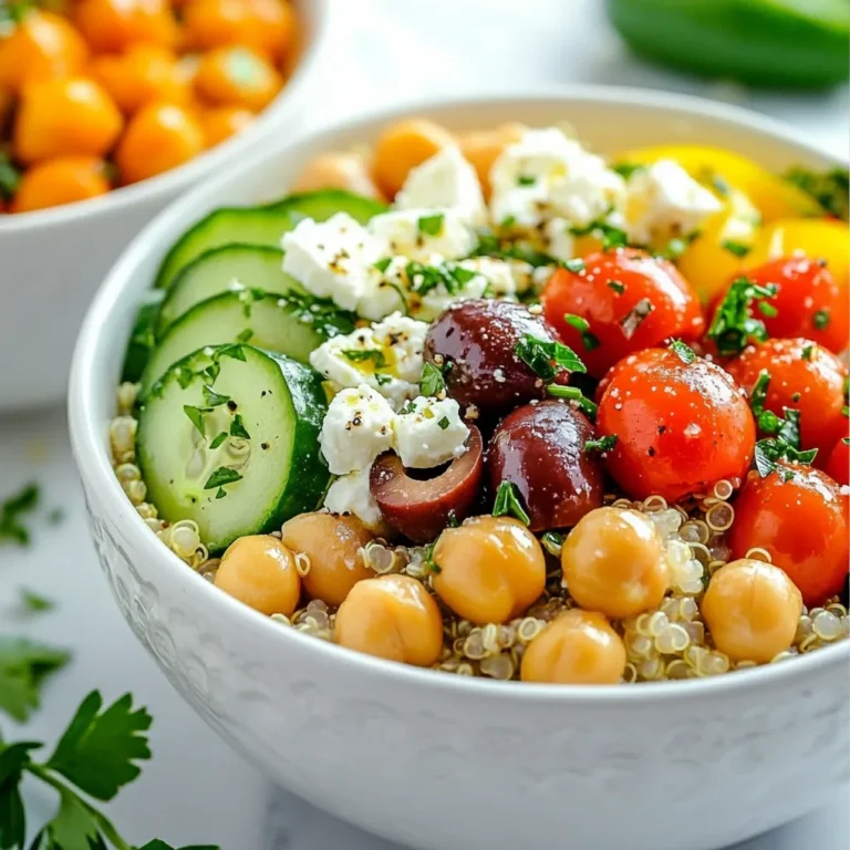 When making Greek quinoa power bowls, you need fresh and vibrant ingredients. Here’s a list to get you started: - 1 cup quinoa - 2 cups water - 1 cucumber, diced into small cubes - 1 cup cherry tomatoes, halved - 1 cup canned chickpeas, drained and rinsed thoroughly - 1/2 red onion, finely chopped - 1/2 cup feta cheese, crumbled - 1/4 cup Kalamata olives, pitted and sliced - 3 tablespoons extra virgin olive oil - 2 tablespoons freshly squeezed lemon juice - 1 teaspoon dried oregano - Salt and freshly ground black pepper to taste - Fresh parsley, chopped, for garnish Each ingredient plays a role in the flavor and texture of the dish. Quinoa serves as a hearty base. Fresh vegetables add crunch and color. Chickpeas provide protein and fiber. Feta cheese brings a creamy, salty touch. Kalamata olives add a rich, briny flavor. Olive oil and lemon juice create a bright dressing. Dried oregano gives an earthy taste, while salt and pepper enhance everything. Feel free to adjust the amounts to fit your taste! {{ingredient_image_2}} Rinsing and Cooking Start by rinsing the quinoa. Use a fine-mesh sieve to wash it under cold water. This helps remove any bitterness. Next, combine the rinsed quinoa with 2 cups of water in a medium saucepan. Bring it to a boil over high heat. Once it boils, reduce the heat to low. Cover the pot and let it simmer for about 15 minutes. When the water absorbs completely, remove it from heat. Keep it covered for another 5 minutes to steam. Finally, fluff the quinoa with a fork to make it light and airy. Combining Fresh Vegetables In a large mixing bowl, add your diced cucumber, halved cherry tomatoes, and finely chopped red onion. These fresh vegetables add crunch and flavor. Toss them gently to mix. Incorporating Chickpeas and Feta Next, add the rinsed chickpeas and crumbled feta cheese to the bowl. The chickpeas give protein while the feta adds creaminess. Gently toss everything together for an even mix. Whisking the Ingredients In a small bowl, whisk together the extra virgin olive oil, freshly squeezed lemon juice, and dried oregano. This dressing brings all the flavors together. Ensuring Proper Seasoning Add a pinch of salt and freshly ground black pepper to the dressing. Taste it and adjust if needed. You want it to be bright and zesty. Layering Quinoa and Vegetables To build your power bowls, place a scoop of fluffy quinoa at the bottom of each bowl. This forms a hearty base. Garnishing with Fresh Parsley Top the quinoa with the vibrant vegetable mixture. Finally, sprinkle freshly chopped parsley on top for a pop of color. This makes your bowl look fresh and inviting. Avoiding Bitterness To avoid bitterness, always rinse your quinoa. Use a fine-mesh sieve. Run cold water over it for about 2 minutes. This step removes the natural coating called saponin. Not rinsing can lead to a soapy taste in your dish. Fluffing Techniques After cooking, let the quinoa sit covered for 5 minutes. Then, use a fork to fluff it gently. This helps separate the grains and gives a light texture. Avoid using a spoon, as it can mash the quinoa. Choosing Alternative Oils While extra virgin olive oil is great, you can try other oils too. Avocado oil adds a rich flavor. Grapeseed oil can give a neutral taste. These oils can change the dish's vibe while keeping it healthy. Adding Herbal Flavors To enhance your dressing, consider adding fresh herbs. Basil, dill, or mint can brighten your meal. Mix these with the lemon juice and oil for a fresh twist. You can also add a bit of garlic for extra zing. Serving Ideas Serve your Greek quinoa power bowls in deep dishes. This allows for a colorful display. Layer the quinoa first, then the veggies. Add olives and feta on top for a beautiful look. Enhancing Visual Appeal Garnish with fresh parsley for a pop of green. You can also add lemon wedges on the side. This not only looks nice but also gives a hint of freshness. A drizzle of olive oil on top completes the dish. Pro Tips Rinse the Quinoa: Always rinse quinoa before cooking to remove its natural bitter coating, saponin, which can affect the flavor of your dish. Let it Steam: After cooking, let the quinoa rest covered for 5 minutes to allow it to steam, making it fluffier and more tender. Customize Your Bowls: Feel free to add other ingredients like bell peppers, avocados, or grilled chicken to personalize your power bowl to your taste. Fresh Herbs Matter: Using fresh parsley or other herbs as a garnish adds not only color but also a burst of flavor that enhances the overall dish. {{image_4}} You can boost the protein in your Greek quinoa power bowl in many ways. Grilled chicken or tofu is a great start. Simply season them with salt, pepper, and a bit of oregano before cooking. For a seafood twist, add shrimp. Cook the shrimp in olive oil until they turn pink. This adds a nice flavor and texture to your bowl. If you're vegan or vegetarian, you can make simple swaps. Use dairy-free cheese instead of feta. Many brands offer great options that melt well and taste good. You can also change the dressing. Try tahini or a simple lemon and olive oil mix. These keep your bowl fresh and tasty. Using seasonal vegetables can make your power bowl even better. In summer, add zucchini or bell peppers. In fall, consider roasted butternut squash or Brussels sprouts. Choose local produce whenever possible. This not only supports local farmers but also gives your bowl unique flavors. To keep your Greek quinoa power bowls fresh, store leftovers in the fridge. Use an airtight container to prevent moisture loss. This keeps your flavors bright and tasty. The quinoa can stay fresh in the fridge for about three to five days. If you want to store it longer, freezing is great. You can freeze the quinoa and veggies separately or together. Make sure to let them cool completely before freezing. Use freezer-safe containers or bags. They can last for up to three months in the freezer. For freshness, always check how long your ingredients last. Cooked quinoa will stay good for about five days in the fridge. Fresh veggies like cucumber and tomatoes last about three days. Look for signs of spoilage. If you see mold or a bad smell, it’s time to throw it away. Discoloration in veggies can also mean they are no longer fresh. Trust your senses to keep your meal safe and tasty! Yes, you can use other grains. Here are some great options: - Brown rice - Farro - Barley - Bulgur Each grain has its unique flavor and texture. Brown rice is chewy and full of fiber. Farro gives a nutty taste, while barley is hearty and filling. Bulgur cooks quickly and is light. You can swap any of these for quinoa in your power bowl. To make this dish gluten-free, choose gluten-free grains. Quinoa is naturally gluten-free. If you decide to use brown rice or another grain, ensure it is labeled gluten-free. Additionally, check your feta cheese and olives to confirm they are also gluten-free. Many brands are safe, but it's always best to read labels. You can enjoy a gluten-free Greek quinoa bowl without worry. If you need a substitute for feta cheese, consider these options: - Goat cheese - Ricotta - Vegan feta cheese Each cheese brings a different taste. Goat cheese is creamy and tangy. Ricotta is mild and soft. Vegan feta is made from nuts or tofu and works well for plant-based diets. Choose one that fits your taste and diet. Making this dish ahead of time is simple. Follow these steps: 1. Cook the quinoa and let it cool. 2. Chop and prepare your vegetables. 3. Store quinoa and veggies separately in the fridge. You can mix them together right before serving. This keeps everything fresh and tasty. The dressing can be stored in a jar. Just shake it before drizzling. This blog covered tasty power bowls made with quinoa, fresh veggies, and chickpeas. I shared simple steps for prepping, mixing, and dressing. You also learned how to enhance texture and try fun variations. Using seasonal ingredients keeps your meals fresh and bright. Store leftovers for a quick meal later. Remember, feel free to swap grains or cheeses as needed. Enjoy crafting your own healthy bowls, and let your creativity shine!