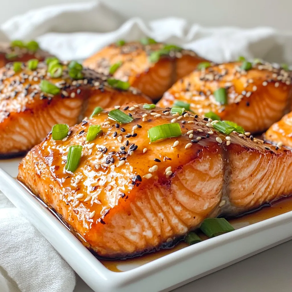 - 4 fresh salmon fillets (6 ounces each) - 1/4 cup low-sodium soy sauce - 1/4 cup honey - 2 tablespoons sesame oil - 2 cloves garlic, finely minced - 1 teaspoon fresh ginger, finely grated - 1 tablespoon rice vinegar - 1 tablespoon green onions, finely chopped (for garnish) - 1 teaspoon sesame seeds (for garnish) - Salt and pepper, to taste You can swap low-sodium soy sauce with regular soy sauce for a stronger taste. If you want a sweeter glaze, use maple syrup instead of honey. For a nutty flavor, try using peanut oil instead of sesame oil. If you don’t have fresh ginger, ground ginger works too, just use less. - Medium mixing bowl - Whisk - Shallow dish or resealable plastic bag - Baking sheet - Parchment paper or cooking spray - Small saucepan - Fork for testing doneness - Measuring cups and spoons - Knife and cutting board {{ingredient_image_2}} To start, gather your ingredients. You need fresh salmon fillets, soy sauce, honey, sesame oil, garlic, ginger, rice vinegar, and some seasoning. In a medium bowl, whisk the soy sauce, honey, sesame oil, minced garlic, grated ginger, and rice vinegar until smooth. This mix is your marinade. Next, place the salmon fillets in a shallow dish or a resealable bag. Pour the marinade over the fillets. Make sure to cover all the fish well. Cover the dish or seal the bag and put it in the fridge. Let it marinate for at least 30 minutes, but 2 hours gives even better flavor. Marinating is key for flavor. The soy sauce adds saltiness, while honey brings sweetness. Garlic and ginger provide depth. The rice vinegar balances it all out. When you let the salmon soak, it absorbs these great tastes. You can use a plastic bag for easy mixing, too. Just turn it around a few times to coat every piece. When you’re ready to cook, preheat your oven to 400°F (200°C). Line a baking sheet with parchment paper or grease it lightly. Take the salmon out of the marinade and let any extra drip off. Place the fillets skin-side down on the baking sheet. Lightly sprinkle salt and pepper on top for extra flavor. Bake the salmon for 12 to 15 minutes. It should flake easily when you test it with a fork. While it bakes, pour the leftover marinade into a small pot. Heat it over medium until it simmers and thickens for about 5 to 7 minutes. Once the salmon is done, drizzle the thickened glaze over each piece. This gives your dish a shiny finish! To cook salmon well, focus on time and temperature. Bake it at 400°F (200°C) for 12 to 15 minutes. The salmon should flake easily with a fork when done. Use a meat thermometer to check the internal temperature. It should reach 145°F (63°C). Let it rest for a few minutes before serving to keep it juicy. Don’t skip marinating the salmon. It adds great flavor and moisture. Avoid cooking it too long, or it will dry out. Always use a parchment-lined baking sheet for easy cleanup. Also, don’t forget to season with salt and pepper before baking. These seasonings enhance the dish's taste. Serve your Sweet Soy Glazed Salmon on a clean white plate. Pair it with steamed vegetables for color and nutrition. A side of fluffy rice also complements the flavors. Drizzle extra marinade over the salmon for more taste. Garnish with green onions and sesame seeds for a beautiful touch. Enjoy the meal with family or friends! Pro Tips Marinate for Maximum Flavor: Allow the salmon to marinate for at least 1 hour, or up to 2 hours, to deepen the flavor profile and enhance the sweetness of the glaze. Use Fresh Ingredients: Opt for fresh garlic and ginger rather than powdered versions. Fresh ingredients provide a more vibrant flavor and aromatic quality to the dish. Check for Doneness: To ensure perfectly cooked salmon, check for doneness using a fork; it should flake easily. Avoid overcooking to maintain a moist texture. Elevate the Presentation: Serve the salmon on a bed of steamed rice or sautéed greens, and drizzle with the thickened glaze for a restaurant-quality look that’s visually appealing. {{image_4}} You can switch things up with different marinades. Try a teriyaki sauce for a stronger flavor. You could also mix maple syrup with soy sauce for a sweet twist. A citrus marinade with orange juice and lime adds a fresh taste. Each variation gives your dish a new kick. To make this dish fit your needs, swap the soy sauce for tamari if you’re gluten-free. Use agave syrup instead of honey for a vegan option. If you want less fat, you can skip sesame oil. Just add a little olive oil for flavor. Each swap still keeps your salmon tasty and healthy. You can grill or bake your salmon. Grilling gives it a smoky flavor. It’s perfect for warm days. Just preheat your grill to medium heat. Cook the fillets skin-side down for about 6 to 8 minutes. Baking is easy too. It keeps the salmon moist. Just follow the baking steps from the recipe. Both methods work well. Choose what suits your style! After enjoying your sweet soy glazed salmon, you may have leftovers. To store them, let the salmon cool down first. Once cool, place the fillets into an airtight container. Make sure to cover it well. This keeps the salmon fresh and tasty. Store it in the fridge for up to three days. If you want to keep it longer, consider freezing. When you're ready to eat your leftover salmon, reheating is key. For best results, use the oven. Preheat it to 300°F (150°C). Place the salmon on a baking sheet covered with foil. Heat it gently for about 10 minutes. This method helps keep the fish moist and flavorful. You can also use a microwave. Just cover the salmon with a damp paper towel and heat for about 30 seconds. Check if it's warm enough, and repeat if needed. If you want to freeze your salmon, it's easy. Wrap each fillet tightly in plastic wrap. Then place them in a freezer-safe bag or container. Make sure to remove as much air as possible. Label the bag with the date. Frozen salmon is best used within three months for the best taste. When ready to eat, thaw it overnight in the fridge before reheating. The best type of salmon is wild-caught salmon. It has a rich flavor and firm texture. You can also use farmed salmon, which is more common. Look for fillets that are bright in color and have no dark spots. They should be moist and smell fresh. Atlantic salmon is often available and works well for this recipe. Yes, you can use regular soy sauce. However, it will add more salt to your dish. If you prefer a less salty flavor, stick with low-sodium soy sauce. This choice allows the other flavors, like honey and garlic, to shine. You can also mix half low-sodium and half regular soy sauce for a balanced taste. To check if your salmon is cooked, look for a few signs. The fish should flake easily with a fork. The color will change from bright pink to a lighter shade. If you have a food thermometer, the internal temperature should reach 145°F (63°C). This ensures it is safe to eat. We explored various aspects of cooking salmon, from ingredients to techniques. You learned about key ingredients, helpful substitutions, and the tools you need. The step-by-step instructions outlined marinating and baking processes. I shared tips to avoid common mistakes and variations for different diets. Lastly, we covered how to store leftovers and addressed common questions. Cooking salmon can be simple and fun. With practice, you’ll master this dish quickly. Enjoy your delicious salmon creation!