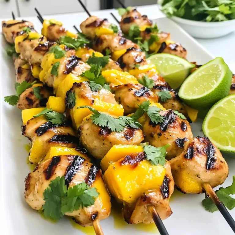 - 1 pound boneless, skinless chicken breast, cut into 1-inch cubes - 1 ripe mango, pureed (approximately 1 cup) - 1/4 cup freshly squeezed lime juice (about 3 limes) - 2 tablespoons honey - 1 tablespoon extra virgin olive oil - 2 cloves garlic, minced - 1 teaspoon ground cumin - 1 teaspoon paprika - Salt and freshly ground black pepper, to taste - Skewers (use wooden or metal) If you want to switch up the chicken, use turkey breast or firm tofu. Both work well in this recipe. For those avoiding sweeteners, try agave syrup or maple syrup instead of honey. These options keep the flavors bright and fresh. Each serving of these skewers has around 250 calories. They provide protein from the chicken and vitamins from the mango and lime. You also get healthy fats from the olive oil. This dish is not only tasty but also nutritious, making it great for any meal. Start by making your marinade. In a large bowl, mix one cup of pureed mango with 1/4 cup of fresh lime juice. Add two tablespoons of honey, one tablespoon of olive oil, and two minced garlic cloves. Then, sprinkle in one teaspoon of ground cumin and one teaspoon of paprika. Don’t forget salt and pepper to taste. Whisk everything together well. Whisking helps blend the flavors and makes a smooth mix. A smooth marinade coats the chicken better. Now it’s time to marinate the chicken. Take one pound of boneless, skinless chicken breast and cut it into 1-inch cubes. Add these chicken pieces to the marinade. Use a spatula or your hands to make sure each piece is covered completely. Cover the bowl with plastic wrap and place it in the fridge. For the best flavor, let it marinate for at least 30 minutes. If you have more time, marinate for up to two hours. Longer marination means more flavor in the chicken. While the chicken marinates, preheat your grill to medium-high heat. This step is important for even cooking. If you use wooden skewers, soak them in water for 15 minutes. This keeps them from burning on the grill. After marinating, take the chicken out of the fridge. Carefully thread the chicken cubes onto the soaked skewers, leaving space between them. Place the skewers on the hot grill. Cook for about 12-15 minutes. Turn the skewers often until the chicken is fully cooked. Check that the internal temperature reaches 165°F (75°C) for safety. Once done, let the skewers rest for a few minutes before serving. This helps keep the juices inside. Skewering chicken can be simple and fun. Here are some key tips: - Choose the right skewers: Use wooden or metal skewers. If you pick wooden ones, soak them in water for 15 minutes. This helps prevent burning. - Cut chicken evenly: Cut the chicken into 1-inch cubes. This ensures even cooking. - Space the pieces: Leave small gaps between each chicken piece on the skewer. This helps heat circulate, making sure everything cooks well. Avoid common mistakes to get juicy chicken: - Don't overcrowd the grill: Give each skewer enough space. This allows for proper heat flow. - Check the heat: Make sure your grill is medium-high before cooking. Too low can lead to dry chicken. Want to spice up your skewers? Here are some ideas: - Add spices: Consider adding cayenne pepper or chili flakes for heat. This pairs well with the sweet mango. - Try different marinades: Mix in soy sauce or ginger for a unique twist. You can also use yogurt for a creamy texture. For garnishing, fresh herbs work wonders: - Use cilantro or parsley: These herbs add color and flavor. - Drizzle with mango puree: This not only enhances the look but also gives more sweetness. Pair your Mango Lime Chicken Skewers with tasty sides: - Rice or quinoa: These are great bases to soak up flavors. - Grilled veggies: Skewer bell peppers, onions, or zucchini for a colorful plate. For dipping, consider these sauces: - Sweet chili sauce: This adds a nice kick to the meal. - Garlic aioli: Creamy and rich, it complements the skewers well. {{image_4}} You can mix up the fruit in your skewers. Pineapple adds a sweet touch. Bell peppers bring a nice crunch. Use ripe fruit for the best flavor. Combining these can create a tropical twist. You can experiment with other fruits, too. Think about peaches or nectarines. They can enhance the taste and make it fun! Try using shrimp or tofu instead of chicken. Shrimp cooks quickly and absorbs flavors well. For tofu, use firm or extra-firm for the best results. Adjust the marination time based on what you choose. Shrimp needs just 15-30 minutes. Tofu can marinate for 1-2 hours. This way, you get tasty skewers no matter what protein you pick! You don’t have to grill outside. You can use your oven or stovetop, too. Preheat your oven to broil for a good option. Place the skewers on a baking sheet. Broil them for about 10-15 minutes, turning halfway. This method gives you the same great flavor. It makes cooking indoors simple and reliable! After enjoying your mango lime chicken skewers, store leftovers in the fridge. Place them in an airtight container. This helps keep them fresh. Leftovers will stay good for up to three days. Always cool the skewers to room temperature before sealing them. To reheat your skewers, use the oven or a grill. This keeps the chicken moist and tasty. If using the oven, set it to 350°F (175°C). Heat for about 10 minutes. Make sure the internal temperature reaches 165°F (75°C) for safety. Avoid microwaving, as it can make the chicken dry. You can freeze the skewers for future meals. Wrap each skewer in plastic wrap or foil. Place them in a freezer bag to prevent freezer burn. They can last up to three months in the freezer. When ready to eat, thaw in the fridge overnight for the best taste. For the best taste, marinate the chicken for at least 30 minutes. However, if you want deeper flavor, aim for 2 hours. The longer the chicken sits in the mango lime marinade, the more it absorbs the sweet and tangy notes. Yes, you can use frozen chicken. Just remember to thaw it completely before marinating. This ensures the marinade coats the chicken well. Thawing in the fridge overnight is best. If you’re in a hurry, you can use the microwave, but make sure it’s fully thawed. These skewers pair well with many sides. Here are some great options: - Grilled vegetables like zucchini or bell peppers - Coconut rice or jasmine rice - Fresh green salad with lime vinaigrette - Creamy avocado dip or salsa - Quinoa salad with black beans and corn These sides will enhance your meal and balance the flavors of the skewers. Enjoy exploring these options to complete your dish! This blog post covered all you need for tasty Mango Lime Chicken Skewers. We explored the best ingredients, cooking steps, and storing tips to keep your skewers fresh. Remember, you can swap chicken for shrimp or tofu and try different fruits for fun flavors. Don't forget about the side dishes; they can make a big difference. Enjoy making this dish and impressing friends with your skills. Happy grilling!