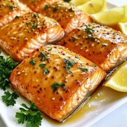 To make Honey Mustard Glazed Salmon, gather these items: - 4 salmon fillets (6 oz each, preferably with skin on) - 1/4 cup honey - 1/4 cup Dijon mustard - 2 tablespoons olive oil - 2 cloves garlic, minced - 1 tablespoon soy sauce (low sodium recommended) - Salt and freshly cracked black pepper, to taste - Fresh parsley, finely chopped (for garnish) - Lemon wedges (for serving) You can swap ingredients if needed. Try maple syrup instead of honey for a different taste. If you don't have Dijon mustard, yellow mustard works too. Use any oil you like, such as avocado oil, instead of olive oil. For a gluten-free option, skip soy sauce or use a gluten-free version. You can also replace salmon with trout or cod if you prefer. Using fresh ingredients makes a big difference. Choose high-quality salmon for the best flavor. Look for bright color and minimal fishy smell. Fresh garlic enhances the taste, so avoid pre-minced options. For honey, find raw or local varieties for rich flavor. Dijon mustard should be smooth and flavorful, ensuring a great glaze. Fresh parsley adds a nice touch, so always use it if you can. {{ingredient_image_2}} First, preheat your oven to 400°F (200°C). While the oven heats, grease a baking dish lightly. You can use cooking spray or a bit of olive oil. In a medium bowl, mix together the honey, Dijon mustard, olive oil, minced garlic, and soy sauce. Add salt and black pepper to your taste. Whisk the mixture until smooth. This glaze will give a sweet and tangy flavor to the salmon. Next, arrange your salmon fillets in the greased dish. Place them skin-side down. Spoon the honey mustard glaze over each fillet. Make sure to cover them well. Set a small amount of glaze aside for later. Now, it’s time to bake! Place the dish in your preheated oven. Bake for 12-15 minutes. The salmon should be opaque and flake easily with a fork when done. Halfway through cooking, take the reserved glaze and baste the fillets. This step adds more flavor and keeps the salmon moist. When the salmon is ready, remove it from the oven. Let it rest for a few minutes. Resting helps keep the moisture inside the fish. To serve, sprinkle chopped fresh parsley on top for color and flavor. Add lemon wedges on the side for squeezing over the salmon. This adds a fresh zing and enhances the taste. Enjoy your meal! To get a great glaze, mix honey and Dijon mustard well. Use a bowl to whisk together the honey, Dijon mustard, olive oil, minced garlic, soy sauce, salt, and pepper. Make sure it is smooth and well-blended. This mix gives your salmon a sweet and tangy flavor. If you want a spicier kick, add a bit of cayenne pepper or red pepper flakes. Remember to save some glaze for basting halfway through cooking. Cooking salmon can be easy if you follow a few simple steps. First, always cook salmon skin-side down. This helps keep it moist. Bake it at 400°F for 12-15 minutes. You want the salmon to be opaque and flaky. To test it, gently poke with a fork. If it flakes easily, it is done. Letting it rest for a few minutes after cooking helps keep it juicy. You don’t need many tools to make this dish. Here’s what I recommend: - A baking dish to hold the salmon - A mixing bowl for the glaze - A whisk to blend the glaze - A fork for testing the salmon - A sharp knife for serving - Measuring cups for accuracy Having these tools ready makes cooking smooth and fun! Pro Tips Choose Fresh Salmon: Always opt for the freshest salmon available to ensure the best flavor and texture in your dish. Adjust the Sweetness: Feel free to tweak the ratio of honey and Dijon mustard to suit your taste preference; more honey will give a sweeter glaze, while more mustard will enhance the tanginess. Skin-On for Flavor: Keeping the skin on the salmon helps to lock in moisture and adds extra flavor, making the dish even more delicious. Rest Before Serving: Allowing the salmon to rest for a few minutes after baking will help retain its juices, resulting in a more succulent texture. {{image_4}} You can use more than just salmon for this recipe. Here are some tasty options: - Trout: This fish has a mild flavor and cooks quickly. - Mahi-mahi: A firmer fish that holds up well to grilling. - Tilapia: This fish is light and takes on flavors nicely. - Cod: A flaky option that works great with glazes. Each of these fish offers a unique taste. Try them to mix things up! If you want to switch up the flavor, here are some fun alternatives: - Maple syrup and mustard: Swap honey for maple syrup for a sweet twist. - Spicy honey glaze: Add chili flakes or sriracha for some heat. - Citrus marinade: Use orange juice or lime juice for a bright flavor. - Soy sauce and ginger: Combine soy sauce with grated ginger for an Asian flair. These options keep your meals exciting and new! You can cook honey mustard glazed fish in different ways: - Grilling: Preheat your grill to medium heat. Place fish on a greased grill pan. Cook for about 4-5 minutes per side. The glaze will caramelize nicely. - Pan-searing: Heat a tablespoon of oil in a skillet over medium-high heat. Cook the fish skin-side down first for 5-7 minutes, then flip. - Baking: This method is simple and hands-off. Just follow the original recipe for an easy meal. Each method gives delicious results, so choose what fits your style! To store leftover salmon, let it cool first. Once cool, wrap each piece tightly in plastic wrap. You can also place it in an airtight container. Store the salmon in the fridge for up to three days. This keeps it fresh and tasty for your next meal. When you're ready to eat the leftover salmon, preheat your oven to 350°F (175°C). Place the salmon on a baking sheet lined with foil. Cover it loosely with more foil to keep it moist. Heat for about 10-15 minutes, or until warmed through. You can also use a microwave, but be careful not to overheat it. Heat it in short bursts of 30 seconds. Freezing is a great option for longer storage. Wrap the salmon tightly in plastic wrap, then place it in a freezer bag. Make sure to remove as much air as possible. You can keep it in the freezer for up to three months. When ready to use, thaw it in the fridge overnight. You can then bake it, add it to salads, or mix it into pasta for a quick meal. Yes, you can use fresh salmon. Fresh salmon tastes great and cooks faster. If you use fresh, reduce the cooking time by a couple of minutes. Look for salmon that is bright in color and firm to the touch. You can serve Honey Mustard Glazed Salmon with various sides. Here are some ideas: - Steamed broccoli - Roasted asparagus - Quinoa or rice - Mixed greens salad These sides balance the sweet glaze and add nutrition to your meal. To check if the salmon is cooked, look for the color and texture. Salmon should be opaque and flake easily with a fork. Insert a fork into the thickest part. If it separates easily, it is ready. You can also use a food thermometer; the internal temperature should reach 145°F (63°C). Yes, this recipe is great for meal prep. You can make it ahead and store leftovers in the fridge. Just keep the salmon in an airtight container. It stays fresh for up to three days. Reheat gently in the oven or microwave for best results. You learned about the key ingredients for making Honey Mustard Glazed Salmon. We discussed substitutions, how to ensure top-quality ingredients, and tips for preparation and cooking. Perfecting the glaze and choosing the right fish can elevate your meal. We also covered storage methods to keep leftovers fresh and answered common questions. Remember, trying different glazes, cooking methods, and serving ideas can enhance your dishes. With these tools, you can create a meal that's both delicious and enjoyable. Happy cooking!