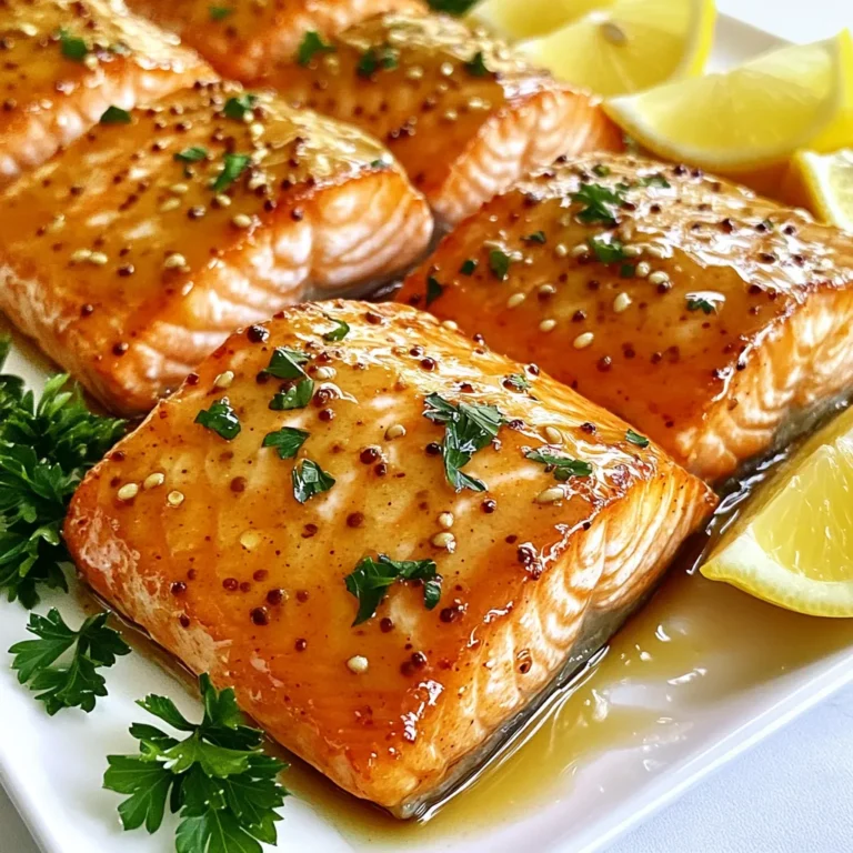To make Honey Mustard Glazed Salmon, gather these items: - 4 salmon fillets (6 oz each, preferably with skin on) - 1/4 cup honey - 1/4 cup Dijon mustard - 2 tablespoons olive oil - 2 cloves garlic, minced - 1 tablespoon soy sauce (low sodium recommended) - Salt and freshly cracked black pepper, to taste - Fresh parsley, finely chopped (for garnish) - Lemon wedges (for serving) You can swap ingredients if needed. Try maple syrup instead of honey for a different taste. If you don't have Dijon mustard, yellow mustard works too. Use any oil you like, such as avocado oil, instead of olive oil. For a gluten-free option, skip soy sauce or use a gluten-free version. You can also replace salmon with trout or cod if you prefer. Using fresh ingredients makes a big difference. Choose high-quality salmon for the best flavor. Look for bright color and minimal fishy smell. Fresh garlic enhances the taste, so avoid pre-minced options. For honey, find raw or local varieties for rich flavor. Dijon mustard should be smooth and flavorful, ensuring a great glaze. Fresh parsley adds a nice touch, so always use it if you can. {{ingredient_image_2}} First, preheat your oven to 400°F (200°C). While the oven heats, grease a baking dish lightly. You can use cooking spray or a bit of olive oil. In a medium bowl, mix together the honey, Dijon mustard, olive oil, minced garlic, and soy sauce. Add salt and black pepper to your taste. Whisk the mixture until smooth. This glaze will give a sweet and tangy flavor to the salmon. Next, arrange your salmon fillets in the greased dish. Place them skin-side down. Spoon the honey mustard glaze over each fillet. Make sure to cover them well. Set a small amount of glaze aside for later. Now, it’s time to bake! Place the dish in your preheated oven. Bake for 12-15 minutes. The salmon should be opaque and flake easily with a fork when done. Halfway through cooking, take the reserved glaze and baste the fillets. This step adds more flavor and keeps the salmon moist. When the salmon is ready, remove it from the oven. Let it rest for a few minutes. Resting helps keep the moisture inside the fish. To serve, sprinkle chopped fresh parsley on top for color and flavor. Add lemon wedges on the side for squeezing over the salmon. This adds a fresh zing and enhances the taste. Enjoy your meal! To get a great glaze, mix honey and Dijon mustard well. Use a bowl to whisk together the honey, Dijon mustard, olive oil, minced garlic, soy sauce, salt, and pepper. Make sure it is smooth and well-blended. This mix gives your salmon a sweet and tangy flavor. If you want a spicier kick, add a bit of cayenne pepper or red pepper flakes. Remember to save some glaze for basting halfway through cooking. Cooking salmon can be easy if you follow a few simple steps. First, always cook salmon skin-side down. This helps keep it moist. Bake it at 400°F for 12-15 minutes. You want the salmon to be opaque and flaky. To test it, gently poke with a fork. If it flakes easily, it is done. Letting it rest for a few minutes after cooking helps keep it juicy. You don’t need many tools to make this dish. Here’s what I recommend: - A baking dish to hold the salmon - A mixing bowl for the glaze - A whisk to blend the glaze - A fork for testing the salmon - A sharp knife for serving - Measuring cups for accuracy Having these tools ready makes cooking smooth and fun! Pro Tips Choose Fresh Salmon: Always opt for the freshest salmon available to ensure the best flavor and texture in your dish. Adjust the Sweetness: Feel free to tweak the ratio of honey and Dijon mustard to suit your taste preference; more honey will give a sweeter glaze, while more mustard will enhance the tanginess. Skin-On for Flavor: Keeping the skin on the salmon helps to lock in moisture and adds extra flavor, making the dish even more delicious. Rest Before Serving: Allowing the salmon to rest for a few minutes after baking will help retain its juices, resulting in a more succulent texture. {{image_4}} You can use more than just salmon for this recipe. Here are some tasty options: - Trout: This fish has a mild flavor and cooks quickly. - Mahi-mahi: A firmer fish that holds up well to grilling. - Tilapia: This fish is light and takes on flavors nicely. - Cod: A flaky option that works great with glazes. Each of these fish offers a unique taste. Try them to mix things up! If you want to switch up the flavor, here are some fun alternatives: - Maple syrup and mustard: Swap honey for maple syrup for a sweet twist. - Spicy honey glaze: Add chili flakes or sriracha for some heat. - Citrus marinade: Use orange juice or lime juice for a bright flavor. - Soy sauce and ginger: Combine soy sauce with grated ginger for an Asian flair. These options keep your meals exciting and new! You can cook honey mustard glazed fish in different ways: - Grilling: Preheat your grill to medium heat. Place fish on a greased grill pan. Cook for about 4-5 minutes per side. The glaze will caramelize nicely. - Pan-searing: Heat a tablespoon of oil in a skillet over medium-high heat. Cook the fish skin-side down first for 5-7 minutes, then flip. - Baking: This method is simple and hands-off. Just follow the original recipe for an easy meal. Each method gives delicious results, so choose what fits your style! To store leftover salmon, let it cool first. Once cool, wrap each piece tightly in plastic wrap. You can also place it in an airtight container. Store the salmon in the fridge for up to three days. This keeps it fresh and tasty for your next meal. When you're ready to eat the leftover salmon, preheat your oven to 350°F (175°C). Place the salmon on a baking sheet lined with foil. Cover it loosely with more foil to keep it moist. Heat for about 10-15 minutes, or until warmed through. You can also use a microwave, but be careful not to overheat it. Heat it in short bursts of 30 seconds. Freezing is a great option for longer storage. Wrap the salmon tightly in plastic wrap, then place it in a freezer bag. Make sure to remove as much air as possible. You can keep it in the freezer for up to three months. When ready to use, thaw it in the fridge overnight. You can then bake it, add it to salads, or mix it into pasta for a quick meal. Yes, you can use fresh salmon. Fresh salmon tastes great and cooks faster. If you use fresh, reduce the cooking time by a couple of minutes. Look for salmon that is bright in color and firm to the touch. You can serve Honey Mustard Glazed Salmon with various sides. Here are some ideas: - Steamed broccoli - Roasted asparagus - Quinoa or rice - Mixed greens salad These sides balance the sweet glaze and add nutrition to your meal. To check if the salmon is cooked, look for the color and texture. Salmon should be opaque and flake easily with a fork. Insert a fork into the thickest part. If it separates easily, it is ready. You can also use a food thermometer; the internal temperature should reach 145°F (63°C). Yes, this recipe is great for meal prep. You can make it ahead and store leftovers in the fridge. Just keep the salmon in an airtight container. It stays fresh for up to three days. Reheat gently in the oven or microwave for best results. You learned about the key ingredients for making Honey Mustard Glazed Salmon. We discussed substitutions, how to ensure top-quality ingredients, and tips for preparation and cooking. Perfecting the glaze and choosing the right fish can elevate your meal. We also covered storage methods to keep leftovers fresh and answered common questions. Remember, trying different glazes, cooking methods, and serving ideas can enhance your dishes. With these tools, you can create a meal that's both delicious and enjoyable. Happy cooking!