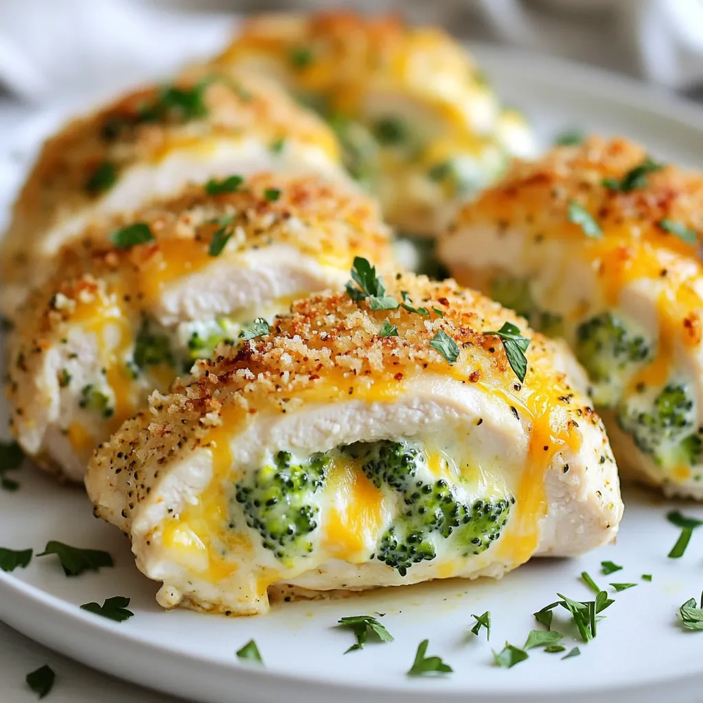 - 4 boneless, skinless chicken breasts - 1 cup fresh broccoli florets, steamed and finely chopped - 1 cup shredded sharp cheddar cheese - 1/2 cup cream cheese, softened to room temperature - 1 teaspoon garlic powder - 1 teaspoon onion powder - 1 teaspoon smoked paprika - Salt and freshly ground black pepper to taste - 1/2 cup whole wheat bread crumbs - 2 tablespoons extra virgin olive oil - Fresh parsley, finely chopped (for garnish) Fresh ingredients make a big difference. Choose bright green broccoli for the best flavor. Use sharp cheddar cheese for that rich taste you want in every bite. When picking chicken, look for breasts that are plump and pink. Avoid any with a grayish hue. For cream cheese, ensure it's soft to mix easily with the other ingredients. If you want to mix things up, try different cheeses like mozzarella or pepper jack for a spicy kick. You can use frozen broccoli if fresh is not available; just make sure to thaw it and drain excess water. For a lighter option, you could replace cream cheese with Greek yogurt. If whole wheat bread crumbs are not on hand, regular bread crumbs will work just fine. {{ingredient_image_2}} First, set your oven to 375°F (190°C). This heat helps cook the chicken evenly. While the oven warms, let's prepare the filling. In a bowl, mix the steamed broccoli, sharp cheddar cheese, and cream cheese. Add garlic powder, onion powder, smoked paprika, and a sprinkle of salt and pepper. Stir until it becomes creamy and well mixed. This filling is the heart of our dish, bringing rich flavor and nutrition. Next, take each chicken breast and make a cut along the side. You want to create a pocket, but don’t cut all the way through. This keeps the filling inside. Fill each pocket with the broccoli and cheese mixture. Use your fingers to pack it in well. If needed, secure the opening with toothpicks. This step is important to keep everything together while cooking. Now, let’s cook the chicken. Heat olive oil in a skillet over medium-high heat. When the oil is hot, add the stuffed chicken breasts. Sear them for about 3-4 minutes on each side. Look for a nice golden brown color. This step adds a lot of flavor and texture. After searing, transfer the chicken to a greased baking dish. Bake in the oven for about 20-25 minutes. Check that the internal temperature reaches 165°F (75°C) to ensure it's fully cooked. After cooking, let the chicken rest for 5 minutes. This helps keep the juices inside. If you used toothpicks, remove them gently. Slice the chicken to reveal the cheesy broccoli filling. Enjoy this flavorful and satisfying dish! To make sure your chicken is perfectly stuffed, start with good quality chicken breasts. Look for breasts that are thick and uniform. Cut a pocket carefully, but don’t slice all the way through. This keeps the filling inside. When stuffing, pack the mixture firmly, but don’t overfill. This helps keep the filling from spilling out during cooking. Finally, use toothpicks to secure the opening if needed. This step keeps your cheesy goodness safe! One common mistake is cutting the chicken pocket too deep. If you cut too far, the filling will escape. Another mistake is not seasoning enough. A sprinkle of salt and pepper enhances the flavors. Overcooking is also a big issue. Always check the internal temperature. It should reach 165°F (75°C). If your chicken is dry, it loses its juicy goodness. Lastly, don’t forget to let it rest after baking. This step makes the chicken tender and juicy. To make this recipe easier, I suggest using a few key tools. A sharp knife helps create the perfect pocket in the chicken. A mixing bowl is great for combining the filling. Use a large skillet for searing the chicken. This adds flavor and color. A meat thermometer is essential to check if the chicken is done. Finally, have a baking dish ready for the oven. These tools will help you create a delicious meal with ease! Pro Tips Use Fresh Broccoli: Fresh broccoli not only adds a vibrant color but also enhances the flavor of your filling. Steaming it before chopping helps to maintain its nutrients and bright green color. Choose the Right Cheese: While sharp cheddar gives a great flavor, you can experiment with other cheeses like Monterey Jack or mozzarella for a different taste and texture. Just ensure they melt well! Don’t Skip Searing: Searing the stuffed chicken before baking adds a beautiful golden crust and locks in moisture. It’s a crucial step for maximizing flavor and texture. Rest Before Slicing: Allowing the chicken to rest for a few minutes after baking lets the juices redistribute, ensuring each slice remains juicy and tender. Patience is key! {{image_4}} You can change the stuffing to match your taste. Try spinach and feta for a Greek twist. You might enjoy using roasted red peppers and mozzarella for a sweeter flavor. If you love mushrooms, mix them with some cream cheese and herbs. Each option adds a new layer of taste to your chicken. While sharp cheddar shines in this dish, other cheeses work well too. Monterey Jack offers a creamy texture and mild flavor. Gouda brings a unique, smoky taste that pairs nicely with broccoli. For a tangy kick, try crumbled blue cheese. Each cheese choice can change the dish's character, so feel free to experiment. Boost the nutrition by adding more veggies to the mix. Finely chopped carrots bring a sweet crunch. Peas can add color and sweetness too. Zucchini, when grated, gives moisture and nutrition. Each added veggie not only enhances flavor but also packs more vitamins into your meal. After enjoying your broccoli cheddar stuffed chicken, store leftovers in an airtight container. This keeps the chicken fresh and tasty. Place the container in the fridge. Leftovers can last up to three days. Be sure to let the chicken cool down before sealing it away. To reheat your chicken, use the oven for best results. Preheat the oven to 350°F (175°C). Place the chicken in a baking dish and cover it with foil. This keeps the chicken moist. Heat for about 15-20 minutes or until warmed through. You can also use a microwave, but the oven gives a better texture. If you want to save chicken for later, freezing is a great option. Wrap the stuffed chicken tightly in plastic wrap, then place it in a freezer-safe bag. This helps prevent freezer burn. You can freeze it for up to three months. To cook, thaw it in the fridge overnight before reheating. Enjoy the flavors even after freezing! The best way to check chicken is to use a meat thermometer. Insert the thermometer into the thickest part of the chicken breast. It should read 165°F (75°C) for safe eating. If you don’t have a thermometer, cut into the chicken. The juices should run clear, and the meat should not be pink. Yes, you can prepare Broccoli Cheddar Stuffed Chicken ahead of time. Stuff the chicken breasts and store them in the fridge for up to 24 hours before cooking. This makes it easy to have a delicious dinner ready to go. Just remember to bake it when you are ready! Many side dishes go well with this chicken. Some great options include: - Steamed green beans - Roasted carrots - Mashed potatoes - A fresh garden salad - Quinoa or rice These sides add different flavors and textures to your meal, making it even more enjoyable. You learned how to make Broccoli Cheddar Stuffed Chicken step by step. We covered key ingredients, cooking tips, and useful tricks. I shared variations to make it your own and how to store leftovers. Always check the chicken's doneness for the best meal. With these tips, you’ll make delicious stuffed chicken every time. Enjoy the process and have fun in the kitchen! Your meals can be both tasty and nutritious. Use your new skills and impress everyone around you.