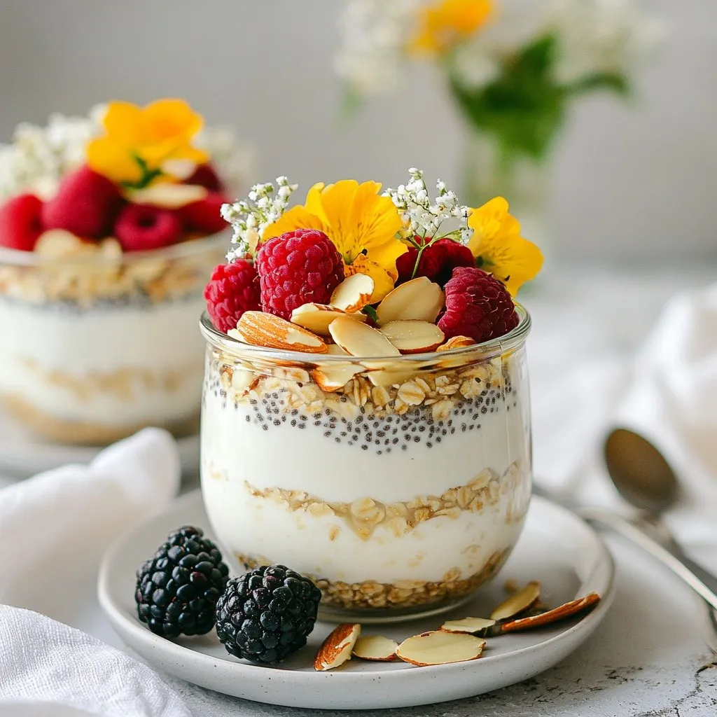 - 1 cup rolled oats - 1 cup almond milk - 1/2 cup Greek yogurt (optional) - 2 tablespoons chia seeds - 1 tablespoon maple syrup (or honey) - 1 teaspoon pure vanilla extract - 1/4 teaspoon almond extract - A pinch of salt - Sliced almonds, for topping - Fresh berries, for topping For two servings, you need 1 cup of oats and 1 cup of milk. If you want to make more, just double or triple the amounts. If you want a dairy-free option, skip the Greek yogurt. Use any milk you like, such as soy or oat milk. For sweeteners, try agave syrup or stevia instead of maple syrup or honey. {{ingredient_image_2}} First, gather your ingredients. You will need rolled oats, almond milk, Greek yogurt, chia seeds, maple syrup, and flavor extracts. In a medium mixing bowl, add 1 cup of rolled oats. Pour in 1 cup of almond milk. If you want creaminess, add 1/2 cup of Greek yogurt. Then, mix in 2 tablespoons of chia seeds, 1 tablespoon of maple syrup, 1 teaspoon of pure vanilla extract, and 1/4 teaspoon of almond extract. Don’t forget a pinch of salt for flavor. Use a whisk or spoon to mix everything well. Make sure the oats are fully soaked in the liquid. Next, you will need to divide the mixture. Pour it evenly into two jars or airtight containers. Leave some space at the top for toppings later. Seal the jars tightly. Now, it's time for the magic to happen. Place the jars in the refrigerator. Let them chill overnight, or for at least four hours. This soaking time is key. It allows the oats to absorb all the flavors and become soft. Skipping this step can lead to a chewy texture, which is not what we want. When you're ready to eat, take the jars out of the fridge. Give the oats a good stir. If they seem too thick, add a splash of almond milk to adjust the consistency. Now comes the fun part: toppings! Add sliced almonds on top for a nice crunch. You can also throw in fresh berries like strawberries, blueberries, or raspberries for sweetness and color. Enjoy your Vanilla Almond Overnight Oats right away! To make your overnight oats creamy, Greek yogurt and chia seeds work wonders. Greek yogurt adds smoothness and richness. It helps balance the oats' texture. Chia seeds absorb liquid, swelling as they soak. They create a lovely, pudding-like feel. Together, these ingredients make your oats rich and satisfying. You can easily adjust the sweetness of your oats. Start with one tablespoon of maple syrup or honey. If you like it sweeter, add more to taste. Remember, you can always add, but you can't take away. So, add a little at a time. This way, you get the perfect sweetness for your palate. How you serve your oats matters. Use clear jars to show off the layers. The oats, yogurt, and toppings look great together. Add sliced almonds on top for crunch. Fresh berries give color and flavor. For a final touch, drizzle extra maple syrup on top. A sprig of mint also adds a nice touch. Enjoy the beauty before you dig in! Pro Tips Use Old-Fashioned Rolled Oats: Quick oats may become too mushy; stick with rolled oats for the best texture. Experiment with Milk Alternatives: Try different plant-based milks like oat, soy, or coconut for varied flavors. Make it Your Own: Add spices like cinnamon or nutmeg to customize the flavor profile to your liking. Prep in Bulk: Double or triple the recipe and store in multiple jars for a quick grab-and-go breakfast all week. {{image_4}} You can change the flavor of your oats easily. Try adding 1 tablespoon of cocoa powder for a chocolate twist. This will give your oats a rich taste. You can also mix in a dash of cinnamon for warmth. It adds a sweet, spicy note that pairs well with vanilla. Fruits are another great way to add flavor. Slice bananas or toss in some blueberries. Fresh strawberries can add a nice touch too. These fruits bring natural sweetness and bright color to your oats. If you want to switch things up, try different milk choices. Almond milk is great, but you can use soy or oat milk too. Each milk adds its own unique taste. Coconut milk can give your oats a tropical vibe. Choose what fits your taste best. For those with nut allergies, you can still enjoy these oats. Just swap almond milk for oat milk or soy milk. You can also skip the sliced almonds on top. Instead, use sunflower seeds or pumpkin seeds for crunch. This way, you can enjoy a tasty meal without worry. You can store your Vanilla Almond Overnight Oats in the fridge for up to five days. This makes them perfect for meal prep. Use airtight containers. This helps keep the oats fresh and tasty. Always seal the jars tightly. This prevents any flavors from mixing. If you want to keep them longer, you can freeze the oats. Use freezer-safe containers or bags. They can last up to three months in the freezer. When you are ready to eat, just take them out. Place them in the fridge overnight to thaw. You can also heat them in the microwave. Just add a splash of almond milk to keep them creamy. To keep toppings fresh, add them just before serving. Sliced almonds and berries can get soggy if left too long. You can store toppings separately. This way, they stay crunchy and bright. Enjoy your oats with the best texture and taste! Yes, you can make Vanilla Almond Overnight Oats ahead of time. This recipe is perfect for meal prep. I often prepare a few jars at once. Just mix all the ingredients the night before you need them. Store them in the fridge until you’re ready to eat. If you want extra flavor, let them sit for at least four hours. The oats absorb the liquid and become soft. This way, you’ll have a quick and tasty breakfast ready to go! Overnight oats can last in the fridge for about five days. Just make sure to keep them in airtight containers. This helps keep them fresh. I recommend eating them within three days for the best taste. After that, they may start to lose their texture. If you notice any off smells or colors, it’s best to toss them. Always trust your senses when it comes to food safety. If you don’t have chia seeds, don’t worry! You have several options. You can use ground flax seeds instead. They give a similar texture and boost of nutrients. You could also try using extra oats. Just add a bit more rolled oats to your mix. Another option is using mashed bananas. They can add creaminess and natural sweetness. Each of these substitutes works well in overnight oats! In this blog post, we explored how to make vanilla almond overnight oats. We covered key ingredients, measurements, and ways to customize your dish. You learned how to prepare, refrigerate, and serve these tasty oats. We discussed tips for a creamy texture, sweetening options, and storage best practices. Remember, you can always experiment with flavors and textures. Overnight oats are easy to personalize. Enjoy your healthy breakfast solution, and have fun making it your own.