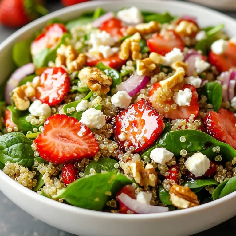 - 1 cup quinoa, thoroughly rinsed to remove bitterness - 4 cups fresh spinach, roughly chopped - 1 cup strawberries, hulled and sliced into thin pieces Quinoa is the base of this salad. It adds a nice texture and protein. Spinach brings a fresh, green crunch. Strawberries add sweetness, making this salad vibrant and tasty. - 1/2 cup feta cheese, crumbled for creaminess - 1/4 cup walnuts, roughly chopped for crunch - 1/4 cup red onion, thinly sliced for a savory bite Feta cheese gives a creamy touch to the salad. Walnuts add a satisfying crunch. Red onion brings a savory flavor that balances the sweetness of the strawberries. - 1/4 cup balsamic vinegar for tanginess - 2 tablespoons honey for natural sweetness - 1 tablespoon olive oil for richness - Salt and freshly cracked pepper to taste The dressing ties everything together. Balsamic vinegar adds tang. Honey brings sweetness. Olive oil adds richness and depth. Salt and pepper enhance all these flavors. {{ingredient_image_2}} 1. Start by rinsing 1 cup of quinoa under cold water. This removes the bitter taste. 2. In a medium pot, add the rinsed quinoa and 2 cups of water. Bring it to a boil over medium-high heat. 3. Once the water boils, lower the heat. Cover the pot and let it simmer for 15 minutes. The quinoa will absorb all the water. 4. After 15 minutes, take the pot off the heat and let it sit covered for 5 more minutes. This helps it become fluffy. 5. Use a fork to fluff the quinoa gently. Set it aside to cool to room temperature. 1. In a large bowl, combine 4 cups of roughly chopped spinach and 1 cup of sliced strawberries. 2. Add ½ cup of crumbled feta cheese for a creamy texture. 3. Toss in ¼ cup of roughly chopped walnuts for a nice crunch. 4. Finally, mix in ¼ cup of thinly sliced red onion to add a savory bite. Stir everything together until well mixed. 1. In a small bowl, whisk together ¼ cup of balsamic vinegar, 2 tablespoons of honey, and 1 tablespoon of olive oil. 2. Add salt and freshly cracked pepper to taste. 3. Taste the dressing and adjust the flavors if needed. You want it to be balanced and tasty. 1. Once the quinoa is cool, add it to the bowl with the salad ingredients. 2. Gently toss everything together so the quinoa mixes well with the veggies and fruits. 3. Drizzle the dressing over the salad and toss again until all ingredients are coated. 4. You can serve it right away. For better flavor, chill the salad for 30 minutes in the fridge. To make quinoa taste great, start with rinsing it well. Rinse the quinoa under cold water in a fine mesh strainer. This step removes the saponins, which can make it taste bitter. Rinse the quinoa for about 1-2 minutes. After rinsing, boil the quinoa in water. Use a ratio of 1 cup of quinoa to 2 cups of water. Bring it to a boil, then reduce heat and let it simmer. This method ensures fluffy quinoa without any bitterness. This salad pairs well with grilled chicken or fish. You can also enjoy it as a light lunch. For garnishing, add fresh strawberry slices on top. A sprinkle of feta cheese adds a nice touch. Serve it in a large bowl to show off the bright colors. To keep the salad fresh, store it in an airtight container in the fridge. It can last for 3-4 days. Before serving leftovers, give it a good toss. If it seems dry, add a little olive oil or balsamic vinegar to refresh it. Pro Tips Quinoa Perfection: Always rinse quinoa thoroughly before cooking to remove its natural bitterness and enhance its flavor. Freshness Matters: Use fresh, ripe strawberries for the best flavor. Look for bright red berries without any bruises. Chill for Flavor: Allow the salad to chill in the refrigerator for at least 30 minutes before serving to let the flavors meld together beautifully. Nuts for Crunch: Toast the walnuts lightly in a dry pan before adding them to the salad to enhance their flavor and crunch. {{image_4}} You can easily change some ingredients in this salad. Different greens can add unique flavors. Try using kale or arugula instead of spinach. Both add nice textures and tastes. You can also switch nuts or seeds. Instead of walnuts, use almonds or sunflower seeds. They will add a different crunch and flavor to the salad. If you want a sweet touch, consider honey substitutes. Maple syrup or agave nectar can work well too. They will give your salad a nice sweetness. Also, try other vinegars for a new twist. Apple cider vinegar or red wine vinegar can change the taste. Each type adds its own unique flavor profile. Using seasonal fruits and veggies makes your salad special. In spring, add peas or radishes for a fresh crunch. In the fall, consider apples or pears for a sweet bite. You can also adjust for summer or winter salads. In warmer months, add cucumbers or bell peppers for a cool taste. In winter, think about roasted squash or pomegranate seeds for warmth and color. What are the benefits of quinoa? Quinoa is a superfood packed with protein. It helps build muscles and keeps you full. It also has fiber, which aids digestion. Quinoa contains many vitamins and minerals. These include magnesium and iron, which support your body. What are the advantages of spinach and strawberries? Spinach is rich in vitamins A and C. These vitamins boost your immune system. Spinach also has iron, which is good for your blood. Strawberries are full of antioxidants. They help protect your cells from damage. They are also low in calories and high in water, keeping you hydrated. What is the serving size? This salad serves four people. Each serving is about one cup of salad. What are the nutritional values per ingredient? - Quinoa (1 cup): 222 calories, 8g protein, 39g carbs - Spinach (4 cups): 28 calories, 3g protein, 4g carbs - Strawberries (1 cup): 49 calories, 1g protein, 12g carbs - Feta cheese (1/2 cup): 200 calories, 11g protein, 3g carbs - Walnuts (1/4 cup): 196 calories, 5g protein, 4g carbs - Red onion (1/4 cup): 16 calories, 0g protein, 4g carbs - Balsamic vinegar (1/4 cup): 14 calories, 0g protein, 3g carbs - Honey (2 tbsp): 128 calories, 0g protein, 34g carbs - Olive oil (1 tbsp): 119 calories, 0g protein, 0g carbs Are there gluten-free options? Yes, quinoa is naturally gluten-free. This makes the salad safe for those with gluten allergies. What are the vegan variations? To make this salad vegan, skip the feta cheese. You can add avocado for creaminess instead. This keeps it tasty and satisfying. To avoid bitterness in quinoa, rinse it well. Use a fine mesh strainer to wash off the saponins, which cause the bitter taste. After rinsing, cook the quinoa with water in a saucepan. Bring it to a boil, then lower the heat and cover. Let it simmer for about 15 minutes. Once cooked, let it sit for 5 more minutes. Fluff it with a fork to enhance its texture. Yes, you can prepare this salad ahead of time. It's best to keep the dressing separate until you are ready to serve. This helps keep the salad fresh and crunchy. You can store the salad in an airtight container in the fridge for up to three days. Just remember to add the dressing just before eating. To make the salad more filling, consider adding protein. Grilled chicken or shrimp are great choices. You can also use chickpeas or black beans for a vegetarian option. Adding nuts or seeds can boost the protein too. Try roasted pumpkin seeds or sunflower seeds for extra crunch. Absolutely! This salad is perfect for meal prep. The ingredients hold up well in the fridge. The quinoa and spinach keep their texture, while the fruits add a nice touch of flavor. Just store the salad in a sealed container. It can last for about three days in the fridge. You can use frozen strawberries, but fresh ones taste better. If you use frozen, let them thaw first. This helps them regain some texture. They may be softer than fresh strawberries, but they still add nice flavor. Just be aware that they may release some water. Adjust the dressing if needed to keep it balanced. In this blog post, we explored the delicious strawberry spinach quinoa salad. We covered key ingredients like quinoa, fresh spinach, and strawberries. Next, we detailed the steps to prepare, mix, and dress your salad. I shared tips on perfecting quinoa and storing leftovers. You can easily swap ingredients or adapt the dish for different seasons. This salad is not only tasty but also healthy, offering many benefits. Enjoy making this simple and nutritious dish that brightens any meal!