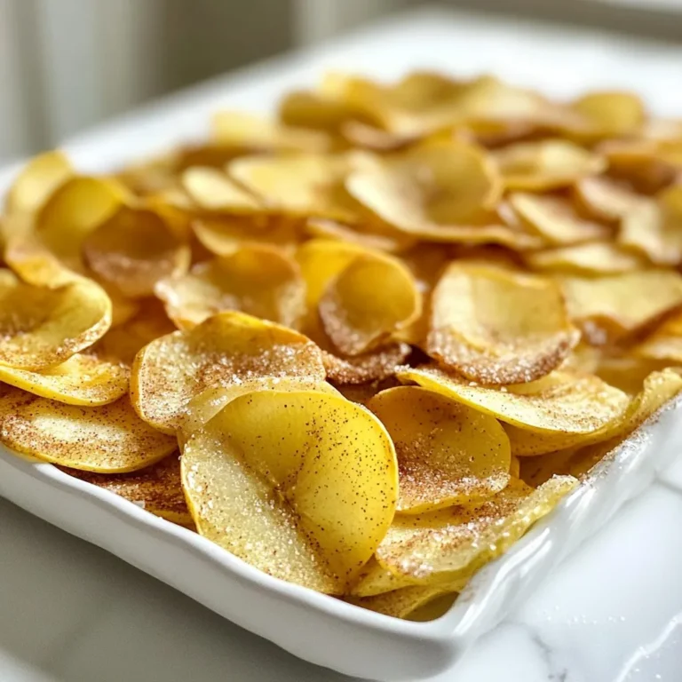 - 2 large apples (choose from Fuji or Honeycrisp for best flavor) - 2 tablespoons granulated sugar - 1 teaspoon ground cinnamon - 1 teaspoon fresh lemon juice - Pinch of salt The main ingredients for cinnamon sugar apple chips are simple and easy to find. You want to start with two large apples. Fuji and Honeycrisp apples work best because they are sweet and crisp. You will also need granulated sugar, ground cinnamon, fresh lemon juice, and a pinch of salt. The lemon juice keeps the apples bright and tasty. You can swap out granulated sugar for alternative sweeteners like honey or maple syrup. Just watch the amount, as they can be sweeter. For apples, you can use Granny Smith or Gala if you want a different taste. Each type gives a unique flavor to the chips, so feel free to experiment! {{ingredient_image_2}} 1. First, preheat your oven to 200°F (93°C). 2. Next, line two baking sheets with parchment paper. This helps to prevent sticking. 1. You can slice the apples with a mandoline or a sharp knife. 2. Aim for slices that are about 1/8 inch thick. Even slices cook best and stay crispy. 1. In a small bowl, mix 2 tablespoons of granulated sugar, 1 teaspoon of ground cinnamon, and a pinch of salt. 2. Take the apple slices and drizzle them with 1 teaspoon of fresh lemon juice. Toss gently to coat them without breaking. 1. Lay the coated apple slices in a single layer on the baking sheets. Make sure none overlap. 2. Bake for 2 to 3 hours. Flip the slices halfway through. Keep an eye on them after an hour. The chips should be crisp and dry when done. 3. Once finished, let the apple chips cool completely on the baking sheets. This helps them firm up and reach the perfect crunch. To get those perfect crispy apple chips, even slices are key. Aim for thin slices, around 1/8 inch thick. This helps them cook evenly. If some slices are thicker, they may not crisp as well. Watch the baking time closely. Every oven is different, and the thickness affects how long they need to bake. Flip the slices halfway through for even drying. Keep checking after the first hour. They should be crisp and dry when done. Store your apple chips in an airtight container. This keeps them fresh longer. A glass jar or plastic container works well. If they stay out in open air, they might get soft. For the best taste, eat them within a week. If you want to keep them longer, you can freeze them in a freezer-safe bag. Just make sure to remove as much air as possible. There are many fun ways to enjoy your apple chips! Try adding them to your yogurt for a crunchy twist. You can also sprinkle them on oatmeal or salads for added flavor. For a sweet treat, serve them with a dip like peanut butter or caramel. Mix them with nuts for a tasty trail mix. The options are endless! Pro Tips Choose the Right Apples: Select Fuji or Honeycrisp apples for the best balance of sweetness and tartness, ensuring your chips are flavorful. Even Slicing is Key: Use a mandoline slicer for uniform thickness, as this helps the chips bake evenly and achieve the perfect crispiness. Watch the Baking Time: Keep an eye on the apple chips as they bake; they can go from perfectly crisp to burnt quickly, especially in the last few minutes. Storage Tips: Once cooled, store the apple chips in an airtight container to maintain their crispiness for longer periods. {{image_4}} You can easily change the flavor of your cinnamon sugar apple chips. Try adding nutmeg or allspice for a warm twist. Just a pinch can change the whole taste. You can also infuse the chips with vanilla or caramel. A drop of vanilla extract or a sprinkle of caramel flavor can make them even more special. Experimenting with these flavors can bring new life to your snack. If you want a healthier version, consider using alternative sweeteners. Options like stevia or monk fruit can cut down on sugar. You can also create low-sugar apple chips. Just reduce the sugar amount in the recipe. This way, you still enjoy the crunch without too much sweetness. It’s a simple swap that can fit into many diets. Apple chips are great, but you can try other fruits too! Pears and bananas make tasty alternatives. Just remember to adjust cooking times. Bananas may need less time, while pears could take a bit longer. Each fruit brings its own unique flavor and texture. You can have a fun fruit chip mix that everyone will love! Cinnamon sugar apple chips are a tasty snack. Each serving has about 130 calories. The sugar content is around 10 grams, while fiber sits at 3 grams. Apples provide natural sweetness and fiber. This makes them a good choice for a healthy treat. Apples are rich in antioxidants. These help protect your body from harmful free radicals. Eating apples may lower the risk of heart disease and boost your immune system. Cinnamon also has health perks. It may help lower blood sugar levels and fight inflammation. Adding cinnamon to your snacks makes them not only tasty but also beneficial. Enjoying these chips means you get both flavor and health! Homemade apple chips can last about one week if stored correctly. To keep them fresh, place them in an airtight container. Avoid moisture, as it can make them soggy. You can also store them in a cool, dark place. If you want them to last longer, consider freezing them. When ready to eat, just take out a few slices. Yes, you can use other fruits to make chips! Some great options include: - Pears - Bananas - Kiwi - Pineapple Each fruit has a different taste and texture. Just remember to adjust the baking time. Thinner slices will cook faster. To reheat apple chips and restore their crunchiness, use an oven. Set it to 200°F (93°C) and bake for 5-10 minutes. This method helps them regain their crisp texture without burning. You can also use an air fryer at a low temp. Just be sure to check on them to avoid overcooking. Making homemade apple chips is simple and fun. You start with fresh apples, sugar, and spices. Bake them low and slow for perfect crispiness. Remember, even slices help create a better texture. Try different apple varieties or add new flavors to make it unique. Don't forget to store your chips right for freshness. These tasty snacks are healthy and great for any occasion. Enjoy experimenting with various fruits and flavors to find your favorite. Your homemade apple chips will surely be a hit!