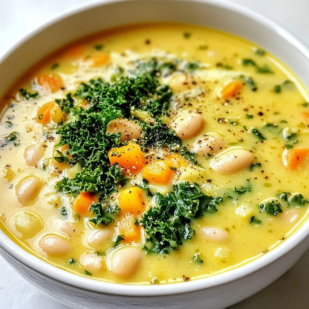 For Creamy Tuscan White Bean Soup, gather these items: - 2 cans (15 oz each) white beans (like cannellini or great northern), rinsed and drained - 4 cups vegetable broth - 1 cup coconut milk (or heavy cream for a creamy touch) - 1 cup kale, finely chopped - 1 medium onion, finely diced - 3 cloves garlic, minced - 1 medium carrot, finely diced - 1 medium stalk celery, finely diced - 1 teaspoon dried thyme - 1 teaspoon dried oregano - 1 teaspoon smoked paprika - Salt and freshly ground black pepper to taste - 2 tablespoons olive oil - Fresh parsley, chopped (for garnish) You can swap some ingredients for variety. Use white beans from your pantry or try another type. Vegetable broth can be replaced with chicken broth if you prefer. Coconut milk gives a nice flavor, but heavy cream works well too. If you don’t have kale, spinach is a good choice. For the spices, fresh herbs can enhance flavor. Canned beans are quick and easy. They save time and cut down on prep. Just rinse and drain them well. Fresh beans take longer but offer a different taste. If using fresh, soak them overnight before cooking. Cook until soft, which usually takes about 1-2 hours. Each option has its perks, so choose what’s best for you. {{ingredient_image_2}} Start by washing and chopping the veggies. Dice one medium onion, one carrot, and one stalk of celery. This helps build a strong base. Next, mince three garlic cloves for a great aroma. Finely chop one cup of kale for color and nutrients. In a large pot, heat two tablespoons of olive oil over medium heat. Add the diced onion, carrot, and celery. Sauté these for 5-7 minutes. You want them soft and the onion translucent. Then, add the minced garlic and cook for 1-2 more minutes. The garlic should smell good and soften. Sprinkle in one teaspoon each of dried thyme, oregano, and smoked paprika. Stir well. This adds depth to the soup. Now, pour in four cups of vegetable broth. Increase the heat to bring it to a gentle simmer. Add the rinsed white beans and chopped kale. Combine all ingredients and let it simmer for about 15 minutes. To make the soup creamy, you will need to blend part of it. Use an immersion blender to blend about two cups of the soup in the pot. If you don’t have one, transfer some soup to a blender. Blend until smooth and then return it to the pot. This gives the soup a great texture. Now, stir in one cup of coconut milk or heavy cream for richness. Mix well. Taste the soup and add salt and freshly ground black pepper to your liking. Heat it for five more minutes, but do not let it boil. Serve the soup hot. Garnish with freshly chopped parsley for a splash of color. Enjoy it with crusty bread for a warm meal. To get the best flavor, use fresh veggies. Onion, carrot, and celery start the soup off right. Sauté them well until soft. This step builds a strong base. Add garlic next, letting it cook for a short time. Spices like thyme, oregano, and smoked paprika add depth. Always stir them in well to mix the flavors. If you want a thicker soup, just blend more beans. You can use an immersion blender. Blend about half the soup until smooth. For a thinner soup, add more vegetable broth. This way, you can control the texture to your liking. Serve this soup hot for the best taste. Ladle it into broad bowls for a nice look. A drizzle of coconut milk on top adds flair. Fresh parsley not only looks good but also adds a fresh taste. Pair it with crusty bread for a filling meal. This combo makes every bite satisfying. Pro Tips Use Fresh Herbs: Fresh herbs like basil or thyme can elevate the flavor profile of your soup. Add them just before serving for a burst of freshness. Adjust Consistency: If you prefer a thinner soup, simply add more vegetable broth or coconut milk until you reach your desired consistency. Flavor Boost: For an extra depth of flavor, consider adding a splash of white wine or a dash of lemon juice just before serving. Make It Ahead: This soup tastes even better the next day! Make it in advance and store it in the fridge for up to 3 days to allow the flavors to meld. {{image_4}} You can make this soup heartier by adding protein. Cooked chicken adds flavor and texture. Just shred or cube it and stir it in during the last few minutes of cooking. If you prefer a plant-based option, tofu works well too. Use firm tofu for the best results. Cube it and sauté it with the vegetables for extra flavor. Feel free to mix in your favorite vegetables. Zucchini, spinach, or bell peppers can enhance the soup. Just chop them up and add them when you add the kale. This not only adds color but boosts the nutrition as well. You can adjust the amount based on your taste and what you have on hand. For a vegan twist, swap out the coconut milk with cashew cream or almond milk. Both give a creamy texture without dairy. Also, ensure you use vegetable broth instead of chicken broth to keep it plant-based. The flavors will remain rich and satisfying, proving that you don’t need dairy for a creamy soup. Store Creamy Tuscan White Bean Soup in an airtight container. Let it cool down to room temperature first. Keep it in the fridge for up to three days. Label the container with the date to keep track. If I know I won’t eat it soon, I freeze it instead. When reheating, use a pot over low heat. Stir the soup often to prevent sticking. You may add a splash of water or broth if it seems too thick. Make sure it heats evenly. I prefer reheating on the stove to keep the texture nice. To freeze, pour the cooled soup into freezer-safe bags. Leave some space for expansion. Seal tightly and label the bags. You can freeze it for up to three months. When ready to eat, thaw it in the fridge overnight. Reheat it on the stove for the best taste. To make this soup from scratch, start with olive oil in a large pot. Heat it on medium. Add diced onion, carrot, and celery. Sauté these for 5-7 minutes until they are soft. Next, add minced garlic and cook for 1-2 more minutes. Then, mix in dried thyme, oregano, and smoked paprika. Stir everything well. Now, pour in vegetable broth and bring it to a simmer. Add the rinsed white beans and chopped kale. Let this simmer for 15 minutes. For a creamy texture, blend about 2 cups of the soup until smooth. Stir in coconut milk or heavy cream. Season with salt and pepper. Heat through and serve hot with parsley on top. Yes, you can use other types of beans. Great northern or navy beans work well. If you like a different flavor, try black beans or pinto beans. Each type adds its unique taste and texture. Just make sure to rinse and drain them first, just like with white beans. This soup offers many health benefits. White beans are high in fiber and protein. They help keep you full and support digestion. Kale is rich in vitamins A, C, and K. It boosts your immune system and promotes healthy skin. Using coconut milk adds healthy fats, which are good for heart health. Overall, this soup is nutritious and satisfying. Yes, you can easily make this soup in a slow cooker. Start by sautéing the vegetables in a pan first. Then, add them to the slow cooker. Pour in the vegetable broth, white beans, and spices. Cook it on low for 6-8 hours or high for 3-4 hours. About 30 minutes before serving, stir in coconut milk. Blend as needed and enjoy! This blog post covered how to make a delicious Creamy Tuscan White Bean Soup. We explored essential ingredients, helpful tips, and variations to suit your taste. You can use fresh or canned beans and adjust flavors easily. Storing leftovers is simple, and reheating keeps the soup tasty. Try this recipe. It’s a warm, hearty option that’s easy and fun to make! Enjoy every spoonful.
