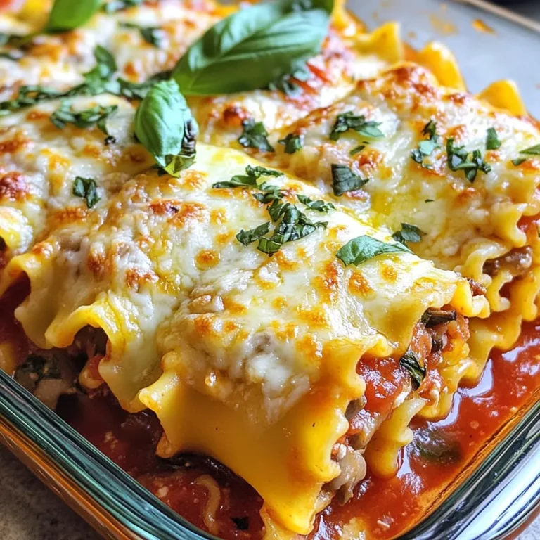 - 8 lasagna noodles - 2 cups fresh spinach, chopped - 1 cup mushrooms, finely chopped - 1 cup ricotta cheese - 1 cup shredded mozzarella cheese, divided - 1/2 cup grated Parmesan cheese, divided - 1 clove garlic, minced - 1 teaspoon Italian seasoning - Salt and pepper to taste - 2 cups marinara sauce - Fresh basil leaves for garnish Gathering fresh ingredients makes a big difference. I love using vibrant spinach and earthy mushrooms. They add color and flavor to the dish. The ricotta cheese gives the filling a creamy texture. The mix of mozzarella and Parmesan adds a rich taste and nice melt. You can customize your lasagna roll-ups. Try adding more veggies like bell peppers or zucchini. Different cheeses like feta or goat cheese can change the flavor, too. Get creative and use what you love! These roll-ups are perfect for vegetarians. If you need a gluten-free option, look for gluten-free lasagna noodles. They work just as well and taste great! Enjoy this dish knowing it fits many diets. {{ingredient_image_2}} First, you need to boil the lasagna noodles. Bring a large pot of water to a rolling boil. Add a pinch of salt and the noodles. Cook them until they are al dente, which means they are firm but not hard. This usually takes about 8-10 minutes. Once cooked, drain the noodles in a colander. Lay them flat on a clean surface or parchment paper. This will help prevent them from sticking together as they cool. Start by heating a drizzle of olive oil in a large skillet over medium heat. Add one minced garlic clove and sauté it for about 30 seconds. You want it to smell good but not burn. Next, add one cup of finely chopped mushrooms. Cook them for 5-7 minutes. Stir occasionally until they soften and release their moisture. This step is key for flavor. After the mushrooms are soft, add two cups of chopped spinach. Cook until the spinach wilts, which takes about 2-3 minutes. Season the mix with Italian seasoning, salt, and pepper. Remove from heat and let it cool a bit. In a large bowl, combine the cooled mushroom-spinach mix with one cup of ricotta cheese and half of the shredded mozzarella and Parmesan. Mix everything well until it is smooth. Now, it’s time to fill the noodles. Take one lasagna noodle and place a generous amount of filling on one end. Carefully roll the noodle from the filled end. Make sure the filling is enclosed tightly. Place the roll-up seam-side down in a 9x13-inch baking dish. Repeat this process until you fill all the noodles. Arrange them side by side in the dish. Pour the remaining marinara sauce evenly over the roll-ups. Then, sprinkle the rest of the mozzarella and Parmesan cheese on top. Cover the baking dish with aluminum foil. Make sure the foil does not touch the cheese to avoid sticking. Bake in your preheated oven at 375°F (190°C) for 25 minutes. After that, carefully remove the foil. Bake for another 10 minutes or until the cheese is bubbly and golden brown. When they are done, take them out and let them cool slightly before serving. This helps the filling set and makes it easier to serve. You can save time by making the filling ahead. Cook the mushrooms and spinach. Mix them with ricotta cheese and seasonings. You can store this mixture in the fridge for up to two days. You can also roll the noodles and fill them the night before. Just cover them well and keep them in the fridge until you’re ready to bake. These roll-ups pair well with a fresh side salad or crusty bread. A light Caesar or garden salad complements the flavors nicely. For presentation, serve each roll-up on individual plates. Top with fresh basil leaves and a sprinkle of Parmesan. A drizzle of marinara around the plate adds color and flavor. Want to boost the flavor? Use fresh herbs like basil or oregano. They add a bright taste to the dish. A splash of lemon juice can also elevate the taste. It adds a nice zing that balances the richness of the cheese. Experiment with these tips to make your roll-ups even more delicious! Pro Tips Use Fresh Ingredients: Fresh spinach and mushrooms will elevate the flavor of your lasagna roll-ups. Opt for organic where possible for the best taste. Customize Your Cheese: Feel free to mix in other cheeses such as feta or goat cheese for a unique flavor twist that complements the mushrooms and spinach. Make Ahead: You can prepare the roll-ups ahead of time and store them in the fridge. Just add a few extra minutes to the baking time if baking from cold. Garnish Smartly: Add a sprinkle of red pepper flakes or a drizzle of balsamic glaze over the top before serving for an extra kick and visual appeal. {{image_4}} You can easily swap spinach for kale if you want. Kale adds a nice crunch and a bit of bite. You can also try using different proteins. Chicken or ground beef can make this dish heartier. Just cook the protein before adding it to the filling. This way, you get a tasty twist on the classic roll-ups. If you want to change things up, use creamy white sauce instead of marinara. The creaminess pairs well with the mushrooms and spinach. You can also try pesto sauce for a unique twist. The fresh basil flavor in pesto can really brighten the whole dish. For a vegan option, replace ricotta with tofu or a nut-based cheese. This keeps the dish creamy without using dairy. If you want low-carb options, use zucchini instead of noodles. Slice the zucchini thin and roll the filling in it. This gives you a fresh and lighter meal while keeping it fun. To store leftover Mushroom Spinach Lasagna Roll-Ups, place them in an airtight container. Make sure they cool down first. You can keep them in the fridge for up to three days. If you want to enjoy them later, freezing is a good option. For freezing, wrap each roll-up tightly in plastic wrap. Then, place them in a freezer-safe bag or container. They can last in the freezer for up to three months. When you are ready to eat them, let them thaw in the fridge overnight for best results. You can reheat your roll-ups in the oven or microwave. The oven gives a nice crispness. Preheat it to 350°F (175°C) and bake for about 20 minutes. For the microwave, heat them for two to three minutes. To avoid sogginess, cover them loosely with a paper towel in the microwave. Enjoy your meal! Yes, you can use no-boil lasagna noodles. They save time and effort. However, they may not hold up as well in roll-ups. The pros include less cooking time and easier handling. The cons involve a risk of sogginess. You might need to adjust the sauce amount to ensure they cook properly. To make this dish gluten-free, use gluten-free lasagna noodles. Many brands offer good options now. Look for ones made from rice or corn. They cook well and taste great. Always check the package instructions for the best results. Absolutely! You can add different vegetables or cheeses. Bell peppers, zucchini, or even artichokes work well. Try mixing in feta or goat cheese for a new flavor. Get creative with what you have at home. This dish is all about personal taste. To avoid falling apart, assemble the roll-ups tightly. Make sure the filling is evenly spread inside each noodle. Roll them carefully from one end to the other. Place them seam-side down in the baking dish. This helps them stay intact while baking. Making Mushroom Spinach Lasagna Roll-Ups is simple and fun. We covered the key ingredients like fresh spinach, mushrooms, and cheeses. I showed you step-by-step instructions, from cooking noodles to baking the roll-ups. Remember, you can customize the flavors and even make it gluten-free. Treat yourself to this delicious dish and impress your family or friends. Enjoy exploring variations and tips, so your lasagna is always fresh and tasty. Your culinary journey starts now!