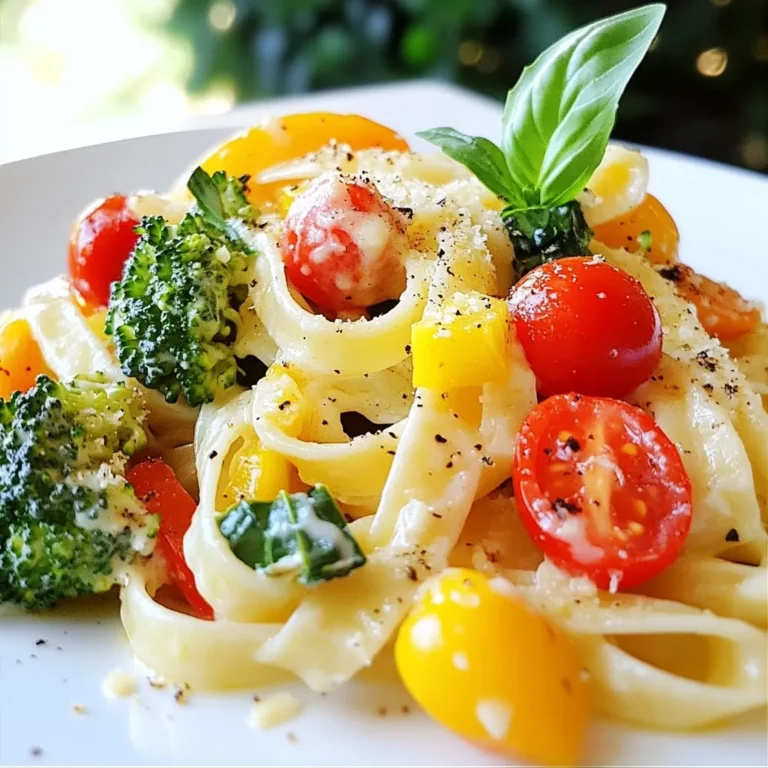 - 8 oz fettuccine pasta - 1 cup heavy cream - 2 tablespoons extra virgin olive oil - 2 cloves garlic, finely minced - 1 cup broccoli florets, chopped into bite-sized pieces - 1 cup bell peppers, thinly sliced (a mix of red and yellow) - 1 cup cherry tomatoes, halved - 1/2 cup freshly grated Parmesan cheese (or a dairy-free alternative, if preferred) - Sea salt and freshly cracked black pepper, to taste - 1/4 teaspoon freshly grated nutmeg - Fresh basil leaves for garnish (optional) You can switch out ingredients based on what you have. For the fettuccine, you can use any pasta shape you like. If you need a dairy-free option, try coconut cream or cashew cream instead of heavy cream. Nutritional yeast can replace Parmesan cheese for a cheesy flavor without dairy. For vegetables, feel free to use zucchini, spinach, or asparagus. Change the bell peppers to your favorite color or type. Fresh ingredients make a big difference in flavor. When choosing broccoli, look for tight florets and bright green color. For bell peppers, pick ones that are firm and shiny. Choose cherry tomatoes that feel heavy for their size, with smooth skin. Use fresh garlic for a stronger taste. If possible, buy basil leaves right before cooking. This keeps them fresh and fragrant. Always wash your produce well before cooking. {{ingredient_image_2}} To start, fill a large pot with water. Add a good pinch of salt and bring it to a rolling boil. Once it's boiling, add 8 ounces of fettuccine pasta. Cook it for 8 to 10 minutes, or follow the package instructions. You want the pasta to be al dente. Before you drain it, reserve 1 cup of the pasta water. This water will help you adjust the sauce later. After that, drain the pasta and set it aside. In a large skillet, pour in 2 tablespoons of extra virgin olive oil. Heat it over medium heat. When the oil is hot, add 2 cloves of finely minced garlic. Sauté it for about 1 minute until it smells great. Be careful not to let it burn. Next, add 1 cup of chopped broccoli and 1 cup of thinly sliced bell peppers. Stir and cook for 5 to 7 minutes. You want the veggies to be tender but still bright. Then, gently fold in 1 cup of halved cherry tomatoes and cook for another 2 minutes until they are a bit soft. Now, lower the heat to a gentle simmer. Pour in 1 cup of heavy cream while stirring. Add 1/2 cup of freshly grated Parmesan cheese and season with sea salt, cracked black pepper, and 1/4 teaspoon of freshly grated nutmeg. Let this mixture simmer for 3 to 4 minutes. Stir it occasionally until the sauce thickens slightly. Carefully add the cooked fettuccine to the skillet with the sauce and veggies. Gently toss everything together. Ensure the pasta is well-coated in the creamy sauce. If the sauce looks too thick, slowly add the reserved pasta water. Use a little at a time until you reach the creaminess you want. Taste the dish and adjust the seasoning if needed. You can add more salt or pepper to suit your taste. Serve it right away while hot. For an extra touch, garnish each plate with fresh basil leaves. This adds a pop of color and flavor. Enjoy your creamy veggie Alfredo pasta! To make your Alfredo sauce rich and creamy, start with heavy cream. Heat it gently in your skillet. Stir in freshly grated Parmesan cheese. This cheese gives the sauce a nice, smooth texture. If the sauce is too thick, add a bit of the reserved pasta water. This will help create the perfect creamy sauce for your pasta. You can easily change this dish to match your taste. Add your favorite vegetables like spinach or zucchini. Want more protein? Try adding grilled chicken or shrimp. For a spicy kick, toss in some red pepper flakes. You can also switch the cheese. Use mozzarella or a dairy-free option if you need it. If you are new to cooking, here are some handy tips. Always use a large pot for boiling pasta. This helps prevent sticking. When sautéing vegetables, keep the heat at medium. This will cook them evenly without burning. Don’t rush the sauce—let it simmer gently. Taste as you go to make sure the flavors are just right. Pro Tips Use Fresh Ingredients: Fresh vegetables enhance the flavor and texture of your Alfredo pasta. Opt for seasonal produce whenever possible for the best taste. Adjust Creaminess: If the sauce is too thick, use the reserved pasta water to adjust the consistency to your liking. This will help bind the sauce to the pasta perfectly. Experiment with Cheese: While Parmesan is traditional, feel free to mix in other cheeses like Pecorino or a dairy-free alternative for a unique twist on flavor. Herb Variations: For added depth of flavor, try incorporating other herbs like thyme or oregano alongside the basil for a more aromatic dish. {{image_4}} You can easily make this dish dairy-free. Instead of heavy cream, use coconut cream. It adds a rich flavor. For cheese, try a dairy-free Parmesan. Brands like nutritional yeast also work well for a cheesy taste without dairy. If you want extra protein, add cooked chicken or shrimp. Tofu is a great choice for a plant-based option. You can also use chickpeas or lentils. These add protein and make the dish more filling. Fettuccine is great, but you can switch it up. Try penne, rotini, or even whole wheat pasta. Each shape holds the sauce differently, giving you a new taste each time. Don't be afraid to get creative with your pasta choices! Store your creamy veggie Alfredo pasta in an airtight container. Make sure the pasta is cool before sealing. It can last in the fridge for up to three days. If you plan to eat it later, don’t forget to separate any extra sauce to keep the pasta from getting soggy. To reheat, place the pasta in a skillet over low heat. Add a splash of water or extra cream to help loosen the sauce. Stir gently until heated through. You can also use the microwave. Heat in short bursts, stirring in between. This helps prevent the pasta from drying out. You can freeze creamy veggie Alfredo pasta if you want to save some for later. Place the cooled pasta in a freezer-safe container. It can last in the freezer for up to two months. To enjoy, thaw it overnight in the fridge before reheating. The sauce may separate, so stir well before serving. Yes, you can use many other vegetables. Try zucchini, carrots, or spinach. Mix and match based on what you like. Fresh or frozen veggies work well. Just make sure to adjust the cooking times for each type. You want them tender but still colorful. You can use several substitutes for heavy cream. Coconut milk is a great choice if you want a rich taste. You can also try cashew cream or unsweetened almond milk. If you prefer a lighter option, use half-and-half or whole milk. Each option gives a different flavor, so choose what you like best. To make this dish vegan, swap heavy cream for coconut milk or cashew cream. Use nutritional yeast instead of Parmesan cheese for a cheesy flavor. Be sure to check your pasta for any eggs. Many brands offer vegan pasta options. This way, you can enjoy a creamy meal without animal products. Fettuccine works best for Creamy Veggie Alfredo. Its wide shape holds the sauce well. You can also use linguine or penne if you prefer. Whole wheat or gluten-free options are great for healthier choices. Choose what fits your taste and diet! This blog post covered how to make a tasty Creamy Veggie Alfredo. We explored ingredients, steps, and tips for perfecting the dish. You learned about substitutions and how to store leftovers. Remember, you can customize it to your taste. Don’t hesitate to mix in new vegetables or try different pastas. Cooking should be fun and creative! Enjoy your meal and share it with others!