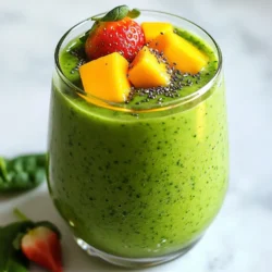 - 1 cup spinach - 1 ripe mango - 1 cup strawberries - 1 ripe banana - 1 cup coconut water - 1 cup almond milk - 1 tablespoon chia seeds - 1 tablespoon honey or maple syrup - Ice cubes The main ingredients of your Strawberry Mango Spinach Smoothie are fresh and vibrant. You will start with one cup of clean spinach. Spinach is a great leafy green that adds nutrients without strong flavors. Next, grab a ripe mango. It should feel soft when you press it gently. You will want to peel and dice it into small chunks. After the mango, you'll need one cup of strawberries. Choose bright red ones and remove the green tops. Cutting them in half helps blend them better. Finally, add one ripe banana. Slice it into rounds for easy mixing. For the liquid base, you can use either coconut water or almond milk. Each adds a unique flavor. A cup of coconut water gives a light tropical taste. If you prefer a creamier texture, go for almond milk. If you want to boost nutrition, add one tablespoon of chia seeds. They are tiny but packed with fiber and omega-3s. For sweetness, consider one tablespoon of honey or maple syrup. This is optional, depending on your taste. Finally, if you like your smoothies chilled, toss in some ice cubes. These simple ingredients come together to create a delicious, refreshing drink. {{ingredient_image_2}} Start by adding the fresh spinach to your blender. Make sure the spinach is clean and dry. This helps create a smooth blend and keeps the greens fresh. Spinach adds nutrients and a lovely green color to your smoothie. Next, you need to prepare your fruits. Dice the ripe mango into small chunks. Then, slice the banana into rounds. Finally, hull the strawberries and cut them in half. Toss all the fruits into the blender with the spinach. This mix brings sweetness and flavor to your smoothie. Now, it's time to add your liquid. Pour in one cup of coconut water or almond milk. These liquids help everything blend smoothly. Next, add one tablespoon of chia seeds for extra nutrition. If you like it a bit sweeter, add one tablespoon of honey or maple syrup. Blend everything on high speed. Stop to scrape down the sides with a spatula if needed. Blend until the mixture is smooth and creamy. If you want a chilled drink, toss in a handful of ice cubes. Blend again until the ice is mixed in and your smoothie is cold. Taste your smoothie. If it needs more sweetness, add a bit more honey or syrup, then blend again. Pour your smoothie into two glasses. Enjoy it fresh, or garnish with slices of strawberry or mint leaves for a pretty touch. To get the best texture, you need the right amount of liquid. If your smoothie is too thick, add more coconut water or almond milk. Start with one cup, then adjust as needed. Blend again and check the texture. You want it smooth, not runny. For sweetness, use ripe fruits like mango and banana. If you want more sweetness, add honey or maple syrup. Start with one tablespoon and taste test. You can always add more! You might enjoy adding a pinch of cinnamon for a warm kick or a splash of vanilla extract for extra depth. Serve your smoothie in clear glasses to show off the vibrant colors. Garnish with fresh mint or a few strawberry slices for a nice touch. If you want to make more, just double the recipe. This smoothie is perfect for sharing with friends or family! Pro Tips Use Frozen Fruit: For an even creamier texture and a chill factor, consider using frozen mango and strawberries instead of fresh ones. Boost the Nutrition: Add a scoop of protein powder or a handful of nuts to increase the protein content of your smoothie. Experiment with Greens: While spinach is great, you can also try kale or Swiss chard for a nutritional boost and different flavor profile. Mix and Match Liquids: If you prefer a different flavor, try using orange juice or coconut milk instead of coconut water or almond milk. {{image_4}} You can change the mango in this smoothie. Try using pineapple for a tropical twist. Peaches also work well for a sweet flavor. If you prefer berries, use blueberries or raspberries. Each fruit brings a unique taste and adds different nutrients. Instead of coconut water or almond milk, use yogurt for a creamier smoothie. Greek yogurt adds protein and thickness. You can also try fruit juice, like orange juice, for a zesty kick. Each liquid base changes the flavor and texture, making it fun to experiment. Want to boost the smoothie? Add protein powder for an extra energy kick. Nut butter, like almond or peanut, adds creaminess and healthy fats. Don't forget chia seeds; they pack a nutritional punch and give a nice texture. These enhancements can make your smoothie even more filling and nutritious. After making your smoothie, pour any leftovers into a clean jar. Seal it tightly to keep air out. Store it in the fridge for up to 24 hours. The smoothie may separate, so shake it well before drinking. Cold smoothies are refreshing and tasty! You can also freeze your smoothie for later. Pour it into ice cube trays or freezer-safe bags. If using bags, remove as much air as possible. When ready to enjoy, blend the frozen cubes with a bit of liquid for a quick treat. This method keeps the flavor fresh. To avoid spoilage, store fruits and veggies properly. Keep spinach in a cool, dry place. Wash it only before use. Keep your mango and strawberries in the fridge until ready to eat. This simple care helps maintain their freshness and taste! Yes, you can use frozen fruit in this smoothie. Frozen fruit is convenient and saves time. It also keeps your smoothie cold and thick. Using frozen mango and strawberries can add a nice texture. Plus, they are often picked at peak ripeness, which means great taste. You won’t need ice cubes if you use enough frozen fruit. A smoothie can stay fresh in the fridge for about one day. After that, it may separate and lose its taste. To keep it longer, store it in an airtight container. If you notice it changing color or smell, it’s time to toss it. Always give it a good shake before sipping if you store it. This Strawberry Mango Spinach Smoothie is packed with nutrients. - Spinach is full of vitamins A and C. It also has iron, which is good for your blood. - Mango gives you vitamin C and fiber, helping digestion. - Strawberries are rich in antioxidants. They can help fight inflammation and boost heart health. - Banana adds potassium, which is good for your heart and muscles. - Chia seeds are a great source of omega-3 fatty acids. They also provide protein and fiber. This smoothie is not only tasty but also a healthy choice for breakfast or a snack! You learned how to make a delicious smoothie using fresh ingredients and a few simple steps. We covered the best fruits, liquids, and optional add-ins for flavor. You also discovered tips for perfect texture and how to store your smoothie. In the end, blending your favorite fruits can create a tasty drink packed with nutrients. Experiment with different ingredients for your perfect mix. Enjoy every sip while staying healthy!