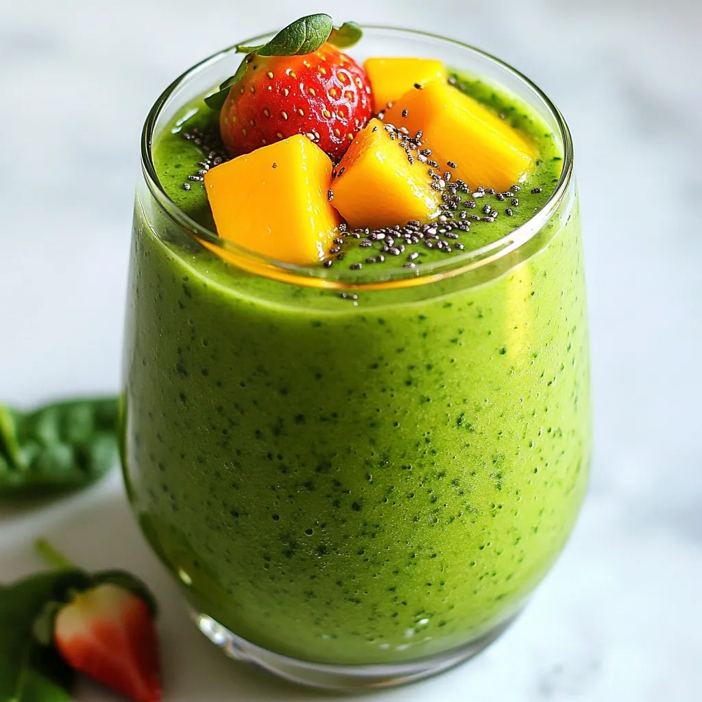 - 1 cup spinach - 1 ripe mango - 1 cup strawberries - 1 ripe banana - 1 cup coconut water - 1 cup almond milk - 1 tablespoon chia seeds - 1 tablespoon honey or maple syrup - Ice cubes The main ingredients of your Strawberry Mango Spinach Smoothie are fresh and vibrant. You will start with one cup of clean spinach. Spinach is a great leafy green that adds nutrients without strong flavors. Next, grab a ripe mango. It should feel soft when you press it gently. You will want to peel and dice it into small chunks. After the mango, you'll need one cup of strawberries. Choose bright red ones and remove the green tops. Cutting them in half helps blend them better. Finally, add one ripe banana. Slice it into rounds for easy mixing. For the liquid base, you can use either coconut water or almond milk. Each adds a unique flavor. A cup of coconut water gives a light tropical taste. If you prefer a creamier texture, go for almond milk. If you want to boost nutrition, add one tablespoon of chia seeds. They are tiny but packed with fiber and omega-3s. For sweetness, consider one tablespoon of honey or maple syrup. This is optional, depending on your taste. Finally, if you like your smoothies chilled, toss in some ice cubes. These simple ingredients come together to create a delicious, refreshing drink. {{ingredient_image_2}} Start by adding the fresh spinach to your blender. Make sure the spinach is clean and dry. This helps create a smooth blend and keeps the greens fresh. Spinach adds nutrients and a lovely green color to your smoothie. Next, you need to prepare your fruits. Dice the ripe mango into small chunks. Then, slice the banana into rounds. Finally, hull the strawberries and cut them in half. Toss all the fruits into the blender with the spinach. This mix brings sweetness and flavor to your smoothie. Now, it's time to add your liquid. Pour in one cup of coconut water or almond milk. These liquids help everything blend smoothly. Next, add one tablespoon of chia seeds for extra nutrition. If you like it a bit sweeter, add one tablespoon of honey or maple syrup. Blend everything on high speed. Stop to scrape down the sides with a spatula if needed. Blend until the mixture is smooth and creamy. If you want a chilled drink, toss in a handful of ice cubes. Blend again until the ice is mixed in and your smoothie is cold. Taste your smoothie. If it needs more sweetness, add a bit more honey or syrup, then blend again. Pour your smoothie into two glasses. Enjoy it fresh, or garnish with slices of strawberry or mint leaves for a pretty touch. To get the best texture, you need the right amount of liquid. If your smoothie is too thick, add more coconut water or almond milk. Start with one cup, then adjust as needed. Blend again and check the texture. You want it smooth, not runny. For sweetness, use ripe fruits like mango and banana. If you want more sweetness, add honey or maple syrup. Start with one tablespoon and taste test. You can always add more! You might enjoy adding a pinch of cinnamon for a warm kick or a splash of vanilla extract for extra depth. Serve your smoothie in clear glasses to show off the vibrant colors. Garnish with fresh mint or a few strawberry slices for a nice touch. If you want to make more, just double the recipe. This smoothie is perfect for sharing with friends or family! Pro Tips Use Frozen Fruit: For an even creamier texture and a chill factor, consider using frozen mango and strawberries instead of fresh ones. Boost the Nutrition: Add a scoop of protein powder or a handful of nuts to increase the protein content of your smoothie. Experiment with Greens: While spinach is great, you can also try kale or Swiss chard for a nutritional boost and different flavor profile. Mix and Match Liquids: If you prefer a different flavor, try using orange juice or coconut milk instead of coconut water or almond milk. {{image_4}} You can change the mango in this smoothie. Try using pineapple for a tropical twist. Peaches also work well for a sweet flavor. If you prefer berries, use blueberries or raspberries. Each fruit brings a unique taste and adds different nutrients. Instead of coconut water or almond milk, use yogurt for a creamier smoothie. Greek yogurt adds protein and thickness. You can also try fruit juice, like orange juice, for a zesty kick. Each liquid base changes the flavor and texture, making it fun to experiment. Want to boost the smoothie? Add protein powder for an extra energy kick. Nut butter, like almond or peanut, adds creaminess and healthy fats. Don't forget chia seeds; they pack a nutritional punch and give a nice texture. These enhancements can make your smoothie even more filling and nutritious. After making your smoothie, pour any leftovers into a clean jar. Seal it tightly to keep air out. Store it in the fridge for up to 24 hours. The smoothie may separate, so shake it well before drinking. Cold smoothies are refreshing and tasty! You can also freeze your smoothie for later. Pour it into ice cube trays or freezer-safe bags. If using bags, remove as much air as possible. When ready to enjoy, blend the frozen cubes with a bit of liquid for a quick treat. This method keeps the flavor fresh. To avoid spoilage, store fruits and veggies properly. Keep spinach in a cool, dry place. Wash it only before use. Keep your mango and strawberries in the fridge until ready to eat. This simple care helps maintain their freshness and taste! Yes, you can use frozen fruit in this smoothie. Frozen fruit is convenient and saves time. It also keeps your smoothie cold and thick. Using frozen mango and strawberries can add a nice texture. Plus, they are often picked at peak ripeness, which means great taste. You won’t need ice cubes if you use enough frozen fruit. A smoothie can stay fresh in the fridge for about one day. After that, it may separate and lose its taste. To keep it longer, store it in an airtight container. If you notice it changing color or smell, it’s time to toss it. Always give it a good shake before sipping if you store it. This Strawberry Mango Spinach Smoothie is packed with nutrients. - Spinach is full of vitamins A and C. It also has iron, which is good for your blood. - Mango gives you vitamin C and fiber, helping digestion. - Strawberries are rich in antioxidants. They can help fight inflammation and boost heart health. - Banana adds potassium, which is good for your heart and muscles. - Chia seeds are a great source of omega-3 fatty acids. They also provide protein and fiber. This smoothie is not only tasty but also a healthy choice for breakfast or a snack! You learned how to make a delicious smoothie using fresh ingredients and a few simple steps. We covered the best fruits, liquids, and optional add-ins for flavor. You also discovered tips for perfect texture and how to store your smoothie. In the end, blending your favorite fruits can create a tasty drink packed with nutrients. Experiment with different ingredients for your perfect mix. Enjoy every sip while staying healthy!